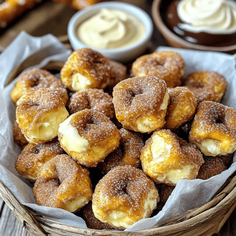 To make cinnamon sugar pretzel bites, you will need: - 1 cup warm water (around 110-115°F) - 2 tablespoons granulated sugar - 1 packet (2 1/4 teaspoons) active dry yeast - 3 cups all-purpose flour - 1 teaspoon salt - 1/4 cup baking soda - 1 egg, beaten (for egg wash) - 1/2 cup unsalted butter, melted - 1/2 cup granulated sugar (for coating) - 1 tablespoon ground cinnamon These ingredients work together to create soft, chewy bites with a sweet topping. The warm water helps activate the yeast. Sugar feeds the yeast, while flour provides structure. Baking soda adds a nice browning effect. When choosing your ingredients, quality matters. Use fresh active dry yeast for the best rise. Look for all-purpose flour that is unbleached for better flavor. Unsalted butter is key for controlling salt levels. For the best taste, buy cinnamon that is freshly ground. You can make this recipe fit your needs. For gluten-free bites, use a gluten-free flour blend. If you want a vegan option, replace the egg with a flax egg (1 tablespoon flaxseed meal and 2.5 tablespoons water). You can also use coconut oil instead of butter for a dairy-free version. To start, you need to activate the yeast. In a small bowl, mix 1 cup of warm water with 2 tablespoons of granulated sugar. Make sure the water is about 110-115°F. Sprinkle 1 packet of active dry yeast over the top. Let it sit for 5 minutes. You will see bubbles forming. This means your yeast is ready to use. Now it’s time to mix the dough. In a large bowl, whisk together 3 cups of all-purpose flour and 1 teaspoon of salt. Pour in the foamy yeast mixture. Stir with a spoon until a shaggy dough forms. This should not take long. Once you see the dough starting to come together, you are ready for the next step. Next, knead the dough. Transfer it to a lightly floured surface. Knead the dough for about 5 minutes. You want it to be smooth and elastic. To check if it is ready, poke it lightly. If it springs back, it is good to go. Place the dough in a greased bowl. Cover it with a clean kitchen towel. Let it rise in a warm area for about 1 hour. The dough should double in size. This means it is ready for the next steps. To get the right dough texture, look for a smooth and elastic feel. When you knead the dough, it should spring back when you poke it with your finger. If it sticks to your hands too much, add a little flour. If it feels too dry, add a tiny bit of water. Perfect dough is key for fluffy pretzel bites. Boiling pretzel bites is important, but do not overdo it. Keep the boiling time to about 30 seconds. This helps create that classic pretzel crust. If you boil too long, the bites can get tough. Always use a slotted spoon to lift them out and let them drip before placing them on the baking sheet. To get golden brown pretzel bites, preheat your oven to 425°F. Brush each bite with the beaten egg. This gives them a nice color. Bake for 12-15 minutes, but keep an eye on them. When they are golden brown, they are ready. The smell will also tell you they are done! {{image_4}} You can boost flavor in many fun ways. Try adding a touch of vanilla extract for sweetness. A pinch of nutmeg also works well. If you want a twist, sprinkle in some pumpkin spice for a fall vibe. You can even mix in some cocoa powder for a chocolatey kick. Experimenting with spices makes each batch unique. Pair your pretzel bites with tasty dips. A warm chocolate sauce adds a rich flavor. Cream cheese frosting is sweet and creamy, perfect for a dessert treat. For a savory bite, consider cheese dips like nacho cheese or a spicy queso. These combos can turn a simple snack into a full experience. You can shape your pretzels in many ways! For larger pretzels, roll the dough thicker. Just make sure to adjust the boiling time to a minute. Want something fun? Try twisting the dough into shapes like hearts or letters. Kids love this! Each shape adds a fun twist to your snack time. To keep your leftover pretzel bites fresh, store them in an airtight container. This helps prevent them from drying out. You can also place a slice of bread in the container. This slice will help maintain moisture. Keep the container at room temperature for best results. When you want to enjoy your pretzel bites again, reheating them properly is key. Preheat your oven to 350°F. Place the bites on a baking sheet and cover them with foil. Bake for about 5-10 minutes. This keeps them soft and warm. You can also microwave them for 10-15 seconds, but they might get chewy. If you want to save some for later, freezing is a great option. Place the cooled pretzel bites in a single layer on a baking sheet. Freeze them for about 1-2 hours until firm. After that, transfer them to a freezer-safe bag. They can stay in the freezer for up to three months. To thaw, just leave them in the fridge overnight before reheating. Yes, you can prep pretzel bites ahead. Make the dough and let it rise. After rising, shape the bites and freeze them. When ready, boil and bake them straight from the freezer. This keeps them fresh and tasty. Store shaped bites in an airtight container. Use parchment paper to separate layers. Cinnamon sugar pretzel bites taste great with various dips. Here are some tasty options: - Cream cheese frosting: Sweet and rich, it complements the cinnamon sugar well. - Chocolate sauce: A classic combo that adds a sweet twist. - Caramel sauce: Drizzle this for a sticky, sweet treat. - Peanut butter: For a nutty flavor, try smooth or crunchy peanut butter. Look for a golden brown color on the outside. The pretzel bites should feel firm but soft inside. If they are too light, they may not be fully cooked. Use a toothpick to check the center. If it comes out clean, they are ready. Enjoy your warm, delicious bites! In this post, we covered how to make delicious pretzel bites. We started with key ingredients, offering tips for selecting quality options. Then, we walked through step-by-step instructions for mixing and baking. I shared tips for perfect dough and the best baking methods. Exploring variations and storage options can enhance your pretzel experience. Creating these treats at home is fun and rewarding. With the right approach and ingredients, you can enjoy pretzel bites anytime. Happy baking!