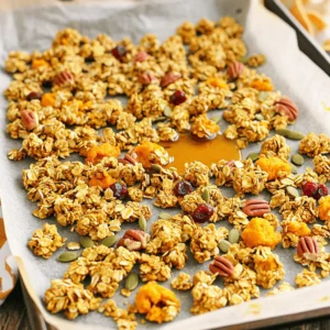 - 2 cups rolled oats - 1 cup pecans, roughly chopped - 1/2 cup pumpkin seeds - 1/2 cup dried cranberries These ingredients create the base of your granola. Rolled oats give it a hearty texture. Chopped pecans add crunch and a rich flavor. Pumpkin seeds bring a nutty taste and a bit of protein. Dried cranberries give a sweet, tangy twist. - 1/2 cup pure maple syrup - 1/2 cup canned pumpkin puree - 1/4 cup coconut oil, melted - 2 teaspoons pumpkin pie spice - 1/2 teaspoon pure vanilla extract - 1/4 teaspoon sea salt These wet ingredients bind everything together. Maple syrup adds sweetness. Canned pumpkin puree gives moisture and flavor. Coconut oil helps with crunch. Pumpkin pie spice adds warmth and fall vibes. Vanilla extract enhances the taste, and sea salt balances the sweetness. You can mix in different nuts or dried fruits. Try walnuts or sunflower seeds for a twist. Dried apples or raisins can add more sweetness. Feel free to get creative! This granola is all about personal taste. First, preheat your oven to 350°F (175°C). While the oven heats, line a baking sheet with parchment paper. This step helps the granola not stick to the sheet. In a large mixing bowl, combine the following dry ingredients: - 2 cups rolled oats - 1 cup pecans, roughly chopped - 1/2 cup pumpkin seeds - 1/2 cup dried cranberries Stir these dry ingredients together until they mix well. This blend creates a crunchy base for your granola. In a separate medium bowl, whisk together: - 1/2 cup pure maple syrup - 1/2 cup canned pumpkin puree - 1/4 cup coconut oil, melted - 2 teaspoons pumpkin pie spice - 1/2 teaspoon pure vanilla extract - 1/4 teaspoon sea salt Make sure to mix thoroughly. This wet mixture adds flavor and moisture to the granola. Carefully pour the wet mixture over the dry ingredients in your large bowl. Use a spatula or wooden spoon to stir the mix. Ensure all the dry ingredients get coated with the pumpkin spice blend. Transfer the granola mixture onto the lined baking sheet. Spread it out evenly. Press it down gently with the back of a spatula. This helps form clusters while baking. Place the baking sheet in the preheated oven. Bake for 25-30 minutes. Stir the granola halfway through baking. This ensures even cooking and a nice golden color. Once baked, remove the baking sheet from the oven. Allow the granola to cool completely on the sheet. As it cools, it will harden and become crunchy. After cooling, break the granola into clusters. Store your pumpkin spice granola in an airtight container to keep it fresh. To keep your pumpkin spice granola fresh, store it in an airtight container. This helps keep air and moisture out. Place the container in a cool, dark place. Granola can last up to two weeks if stored correctly. If you want it to last longer, try freezing it. Just place it in a freezer-safe bag. It can stay fresh for up to three months in the freezer. To form crunchy clusters, press the granola mixture down before baking. Use the back of a spatula to pack it tightly. This compacting helps create those delightful clumps. Stir the mixture only halfway through baking. This way, clusters stay intact, and you get that perfect crunch. You can customize the sweetness and spice levels to match your taste. Start by adjusting the maple syrup. If you want it sweeter, add a little more. For less sweetness, cut back a bit. When it comes to spices, you can add more pumpkin pie spice if you love that flavor. For a twist, try adding cinnamon or nutmeg for extra warmth. {{image_4}} If you want a nut-free granola, simply swap nuts for seeds. You can use extra pumpkin seeds or sunflower seeds. Both add crunch without nuts. Try using 1 cup of seeds to keep the texture rich. This keeps your granola safe for those with nut allergies. To make the granola gluten-free, choose certified gluten-free oats. Regular oats may have traces of gluten. Using these oats ensures everyone can enjoy your tasty treat. Check the labels to confirm they are certified gluten-free. This simple swap makes a big difference for those with gluten sensitivities. Want to mix up the flavor? Add other spices like cinnamon or ginger. You can also try using cardamom for a unique taste. For a sweeter twist, mix in some cacao powder or vanilla bean. These flavors pair well with pumpkin spice and give your granola a fresh spin. Experimenting with flavors can lead to new favorites! To keep your pumpkin spice granola fresh, use an airtight container. Glass jars work well. You can also use plastic containers with tight lids. Avoid using bags, as air can sneak in. Store your granola in a cool, dark place. This will help it stay crunchy longer. Your pumpkin spice granola lasts about two weeks at room temperature. You can keep it in the fridge for up to a month. For longer storage, freeze it! Place the granola in a freezer-safe bag. It can last up to three months in the freezer. When you want some, just thaw it at room temperature. If you have leftover granola, don’t worry. You can sprinkle it on yogurt or ice cream. It adds a nice crunch! You can also use it in baked goods like muffins or cookies. Try mixing it into your pancake or waffle batter for extra flavor. The options are endless! To make pumpkin spice granola, start by preheating your oven to 350°F (175°C). Line a baking sheet with parchment paper. In a bowl, mix 2 cups of rolled oats, 1 cup of chopped pecans, 1/2 cup of pumpkin seeds, and 1/2 cup of dried cranberries. In another bowl, whisk together 1/2 cup of pure maple syrup, 1/2 cup of pumpkin puree, 1/4 cup of melted coconut oil, 2 teaspoons of pumpkin pie spice, 1/2 teaspoon of vanilla extract, and 1/4 teaspoon of sea salt. Pour the wet mix over the dry ingredients and stir until coated. Spread the mixture on the baking sheet and press down. Bake for 25-30 minutes, stirring halfway. Let it cool, then break into clusters. You can find pumpkin spice granola at many grocery stores, especially in the fall. Look in the breakfast aisle or health food section. Stores like Whole Foods, Target, or Walmart often carry it. You can also buy it online. Websites like Amazon or specialty food sites have many options. Pumpkin is rich in vitamins A and C. It also has fiber, which helps digestion. Pecans are high in healthy fats and protein. Pumpkin seeds are full of magnesium and zinc. The spices, like cinnamon and nutmeg, have antioxidants. They can help reduce inflammation and improve heart health. Yes, you can substitute ingredients. If you need a nut-free version, use sunflower seeds instead of pecans. You can swap maple syrup with honey or agave. If you don’t have pumpkin puree, try using applesauce. These changes may alter the taste, but they can still be tasty. To make granola crispy, spread it evenly on the baking sheet. Press the mixture down gently to help it stick together. Stir halfway through baking to prevent burning. Bake until golden brown and let it cool completely. Cooling helps it harden and become crunchy. This blog post covered how to make pumpkin spice granola. We discussed essential ingredients, including oats, nuts, and pumpkin. You learned clear steps, from mixing to baking, to create delicious clusters. We also shared tips for storing granola and customizing flavors. In closing, this recipe is simple and adaptable. You can enjoy it your way, whether for breakfast or a snack. Try different ingredients to make this granola truly yours! Enjoy the crunchy goodness and the seasonal flavors it brings.
