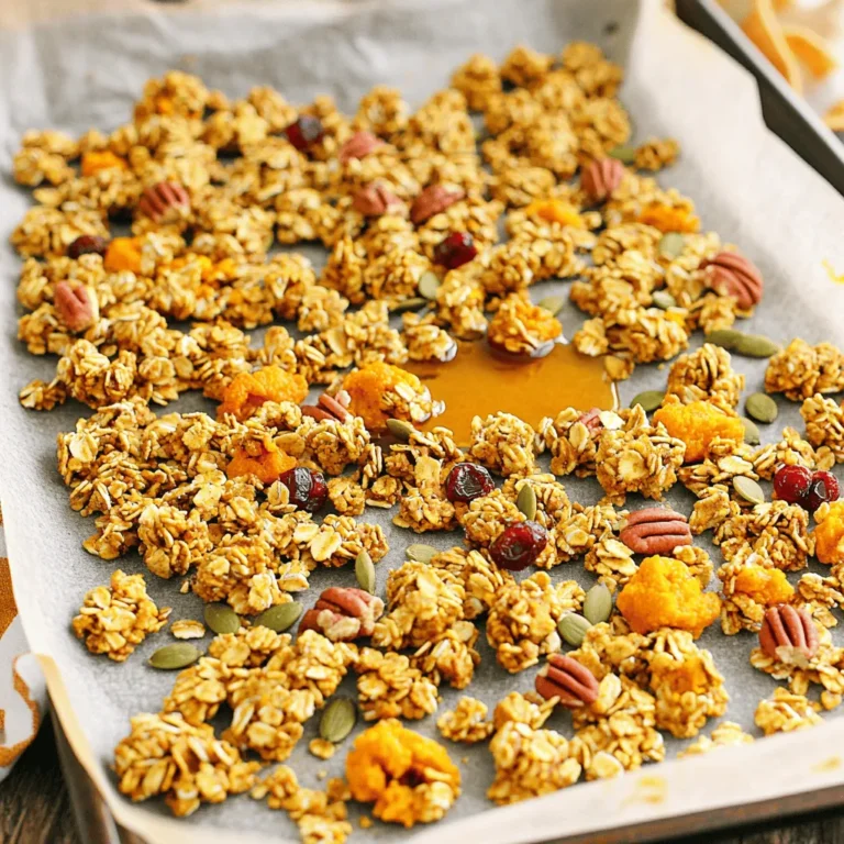 - 2 cups rolled oats - 1 cup pecans, roughly chopped - 1/2 cup pumpkin seeds - 1/2 cup dried cranberries These ingredients create the base of your granola. Rolled oats give it a hearty texture. Chopped pecans add crunch and a rich flavor. Pumpkin seeds bring a nutty taste and a bit of protein. Dried cranberries give a sweet, tangy twist. - 1/2 cup pure maple syrup - 1/2 cup canned pumpkin puree - 1/4 cup coconut oil, melted - 2 teaspoons pumpkin pie spice - 1/2 teaspoon pure vanilla extract - 1/4 teaspoon sea salt These wet ingredients bind everything together. Maple syrup adds sweetness. Canned pumpkin puree gives moisture and flavor. Coconut oil helps with crunch. Pumpkin pie spice adds warmth and fall vibes. Vanilla extract enhances the taste, and sea salt balances the sweetness. You can mix in different nuts or dried fruits. Try walnuts or sunflower seeds for a twist. Dried apples or raisins can add more sweetness. Feel free to get creative! This granola is all about personal taste. First, preheat your oven to 350°F (175°C). While the oven heats, line a baking sheet with parchment paper. This step helps the granola not stick to the sheet. In a large mixing bowl, combine the following dry ingredients: - 2 cups rolled oats - 1 cup pecans, roughly chopped - 1/2 cup pumpkin seeds - 1/2 cup dried cranberries Stir these dry ingredients together until they mix well. This blend creates a crunchy base for your granola. In a separate medium bowl, whisk together: - 1/2 cup pure maple syrup - 1/2 cup canned pumpkin puree - 1/4 cup coconut oil, melted - 2 teaspoons pumpkin pie spice - 1/2 teaspoon pure vanilla extract - 1/4 teaspoon sea salt Make sure to mix thoroughly. This wet mixture adds flavor and moisture to the granola. Carefully pour the wet mixture over the dry ingredients in your large bowl. Use a spatula or wooden spoon to stir the mix. Ensure all the dry ingredients get coated with the pumpkin spice blend. Transfer the granola mixture onto the lined baking sheet. Spread it out evenly. Press it down gently with the back of a spatula. This helps form clusters while baking. Place the baking sheet in the preheated oven. Bake for 25-30 minutes. Stir the granola halfway through baking. This ensures even cooking and a nice golden color. Once baked, remove the baking sheet from the oven. Allow the granola to cool completely on the sheet. As it cools, it will harden and become crunchy. After cooling, break the granola into clusters. Store your pumpkin spice granola in an airtight container to keep it fresh. To keep your pumpkin spice granola fresh, store it in an airtight container. This helps keep air and moisture out. Place the container in a cool, dark place. Granola can last up to two weeks if stored correctly. If you want it to last longer, try freezing it. Just place it in a freezer-safe bag. It can stay fresh for up to three months in the freezer. To form crunchy clusters, press the granola mixture down before baking. Use the back of a spatula to pack it tightly. This compacting helps create those delightful clumps. Stir the mixture only halfway through baking. This way, clusters stay intact, and you get that perfect crunch. You can customize the sweetness and spice levels to match your taste. Start by adjusting the maple syrup. If you want it sweeter, add a little more. For less sweetness, cut back a bit. When it comes to spices, you can add more pumpkin pie spice if you love that flavor. For a twist, try adding cinnamon or nutmeg for extra warmth. {{image_4}} If you want a nut-free granola, simply swap nuts for seeds. You can use extra pumpkin seeds or sunflower seeds. Both add crunch without nuts. Try using 1 cup of seeds to keep the texture rich. This keeps your granola safe for those with nut allergies. To make the granola gluten-free, choose certified gluten-free oats. Regular oats may have traces of gluten. Using these oats ensures everyone can enjoy your tasty treat. Check the labels to confirm they are certified gluten-free. This simple swap makes a big difference for those with gluten sensitivities. Want to mix up the flavor? Add other spices like cinnamon or ginger. You can also try using cardamom for a unique taste. For a sweeter twist, mix in some cacao powder or vanilla bean. These flavors pair well with pumpkin spice and give your granola a fresh spin. Experimenting with flavors can lead to new favorites! To keep your pumpkin spice granola fresh, use an airtight container. Glass jars work well. You can also use plastic containers with tight lids. Avoid using bags, as air can sneak in. Store your granola in a cool, dark place. This will help it stay crunchy longer. Your pumpkin spice granola lasts about two weeks at room temperature. You can keep it in the fridge for up to a month. For longer storage, freeze it! Place the granola in a freezer-safe bag. It can last up to three months in the freezer. When you want some, just thaw it at room temperature. If you have leftover granola, don’t worry. You can sprinkle it on yogurt or ice cream. It adds a nice crunch! You can also use it in baked goods like muffins or cookies. Try mixing it into your pancake or waffle batter for extra flavor. The options are endless! To make pumpkin spice granola, start by preheating your oven to 350°F (175°C). Line a baking sheet with parchment paper. In a bowl, mix 2 cups of rolled oats, 1 cup of chopped pecans, 1/2 cup of pumpkin seeds, and 1/2 cup of dried cranberries. In another bowl, whisk together 1/2 cup of pure maple syrup, 1/2 cup of pumpkin puree, 1/4 cup of melted coconut oil, 2 teaspoons of pumpkin pie spice, 1/2 teaspoon of vanilla extract, and 1/4 teaspoon of sea salt. Pour the wet mix over the dry ingredients and stir until coated. Spread the mixture on the baking sheet and press down. Bake for 25-30 minutes, stirring halfway. Let it cool, then break into clusters. You can find pumpkin spice granola at many grocery stores, especially in the fall. Look in the breakfast aisle or health food section. Stores like Whole Foods, Target, or Walmart often carry it. You can also buy it online. Websites like Amazon or specialty food sites have many options. Pumpkin is rich in vitamins A and C. It also has fiber, which helps digestion. Pecans are high in healthy fats and protein. Pumpkin seeds are full of magnesium and zinc. The spices, like cinnamon and nutmeg, have antioxidants. They can help reduce inflammation and improve heart health. Yes, you can substitute ingredients. If you need a nut-free version, use sunflower seeds instead of pecans. You can swap maple syrup with honey or agave. If you don’t have pumpkin puree, try using applesauce. These changes may alter the taste, but they can still be tasty. To make granola crispy, spread it evenly on the baking sheet. Press the mixture down gently to help it stick together. Stir halfway through baking to prevent burning. Bake until golden brown and let it cool completely. Cooling helps it harden and become crunchy. This blog post covered how to make pumpkin spice granola. We discussed essential ingredients, including oats, nuts, and pumpkin. You learned clear steps, from mixing to baking, to create delicious clusters. We also shared tips for storing granola and customizing flavors. In closing, this recipe is simple and adaptable. You can enjoy it your way, whether for breakfast or a snack. Try different ingredients to make this granola truly yours! Enjoy the crunchy goodness and the seasonal flavors it brings.