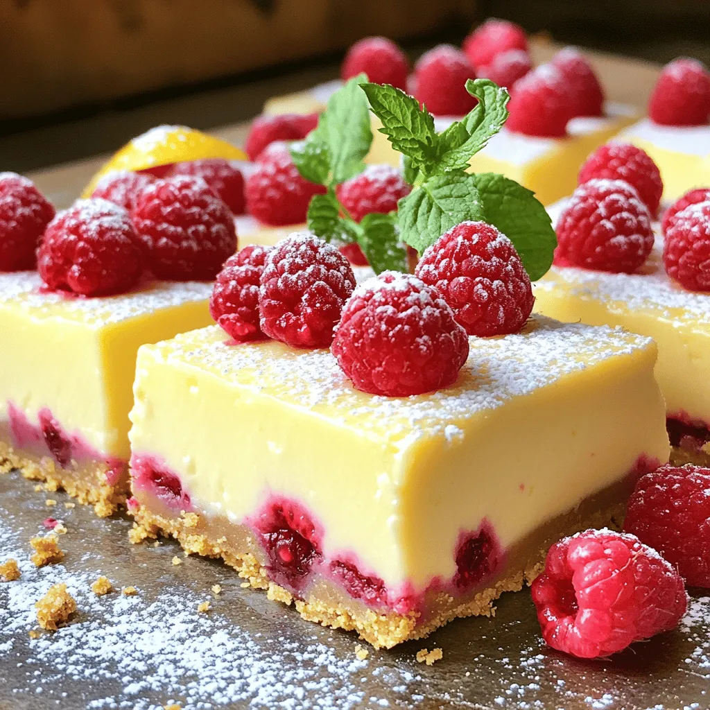 For the crust, you will need: - 1 ½ cups graham cracker crumbs - 1/3 cup granulated sugar - ½ cup unsalted butter, melted For the filling, gather these ingredients: - 2 (8-ounce) packages cream cheese, softened - 1 cup granulated sugar - 2 large eggs - 1 teaspoon vanilla extract - Zest of 1 lemon - 1/3 cup freshly squeezed lemon juice - 1 cup fresh raspberries (plus extra for topping) For the swirl, prepare: - 1/3 cup raspberry puree (fresh or frozen) These ingredients create a delightful balance. The crust has a sweet crunch. The filling is creamy, tart, and sweet. The raspberry swirl adds a pop of color and flavor. Each bite is a refreshing treat! Set your oven to 350°F (180°C). This is the perfect temperature to bake your bars. Next, prepare an 8x8 inch baking pan with parchment paper. Leave some paper hanging over the edges. This makes lifting your bars out easier later. In a medium mixing bowl, mix together 1 ½ cups of graham cracker crumbs and 1/3 cup of granulated sugar. Pour in ½ cup of melted unsalted butter. Stir until it looks like wet sand. Firmly press this mixture into the bottom of your prepared pan. Make sure it forms a flat layer. Place the pan in your preheated oven. Bake for 8-10 minutes until it turns golden. When the crust looks ready, take it out and let it cool slightly. This step gives the base a nice crunch. In a large mixing bowl, beat together 2 packages of softened cream cheese with 1 cup of granulated sugar. Use an electric mixer on medium speed. Mix until smooth and creamy. Next, add 2 large eggs one at a time. Mix well after each egg. Then, blend in 1 teaspoon of vanilla extract, the zest of 1 lemon, and 1/3 cup of freshly squeezed lemon juice. Gently add 1 cup of fresh raspberries into your filling. Use a rubber spatula and fold them in carefully. You want to keep some raspberries whole for texture and flavor. Pour the creamy filling over your cooled crust. Use a spatula to spread it evenly. Now, drizzle 1/3 cup of raspberry puree over the top. With a knife or skewer, swirl the puree into the filling. This creates a lovely marbled look. Return the pan to the oven and bake for 25-30 minutes. The center should be set but still slightly jiggly. Once done, take it out and let it cool at room temperature. After it cools, transfer it to the fridge. Chill the cheesecake bars in the refrigerator for at least 4 hours. For best results, leave them overnight. This helps the bars set properly. When the bars are fully chilled, use the parchment paper to lift them out of the pan. Cut into 16 even bars. For a nice touch, top with extra fresh raspberries before serving. Enjoy your delicious lemon raspberry cheesecake bars! - Always use cream cheese that is at room temperature. This helps it mix smoothly. - Do not overmix the filling. Mixing too much can add air, making your bars too fluffy. - Dust the tops with powdered sugar for a sweet touch. This makes your bars look fancy. - Garnish with fresh mint leaves and extra raspberries. This adds color and freshness to your dish. - Pair your cheesecake bars with whipped cream for extra creaminess. - A scoop of vanilla ice cream also works well. It adds a nice chill to each bite. {{image_4}} You can easily change the fruit in this recipe. If you prefer, use blueberries or strawberries instead of raspberries. These fruits add a different taste and color. Blueberries give a sweet flavor, while strawberries add a touch of tartness. Simply replace the raspberries with an equal amount of your chosen fruit. This swap keeps the bars fresh and fun. If you need a gluten-free dessert, this recipe works for you too. Use gluten-free graham crackers for the crust. Many brands offer tasty options that hold up well. Just crush them as you would regular graham crackers. The rest of the recipe stays the same. You still get that rich taste without gluten! Are you looking to cut down on sugar? You can use coconut sugar or stevia as sweeteners. Coconut sugar adds a slight caramel flavor. Stevia is great if you want no calories from sugar. Replace the granulated sugar in the filling with your choice. Adjust the amount based on your personal taste. This way, you can enjoy the bars guilt-free! You can keep these lemon raspberry cheesecake bars in an airtight container. They will stay fresh for up to one week. This makes it easy to enjoy them throughout the week. Just grab a piece when you want a sweet treat! If you want to save some for later, you can freeze them. Wrap the bars tightly in plastic wrap or foil. They will last for up to three months in the freezer. When you're ready to eat, simply take them out and let them thaw. To thaw the bars, place them in the refrigerator. This slow thawing keeps the texture nice. Wait until they are fully thawed before serving. This way, you can enjoy their creamy flavors and delightful freshness. Yes, just ensure they are thawed and drained. Frozen raspberries work great in this recipe. They blend well into the cheesecake, giving it a nice flavor. Just remember to check for excess liquid before using them. This will keep your bars from getting soggy. It should be set yet slightly jiggly in the center. This means it is perfectly baked. The edges will look firm, while the middle stays soft. If it looks too wobbly, give it a few more minutes in the oven. Keep an eye on it to avoid overbaking. Yes, these cheesecake bars are great for prepping ahead of time. They chill well in the fridge and taste even better the next day. Making them a day before serving allows the flavors to meld nicely. Just cover them tightly to keep them fresh. Fresh fruit or a citrusy sorbet complements the flavors well. Fruits like strawberries or blueberries work nicely. You can also serve with a scoop of lemon sorbet. This adds a refreshing touch. This blog post shared a simple recipe for lemon raspberry cheesecake bars. You learned about the crust, filling, and swirl ingredients, plus the step-by-step process to make them. I emphasized tips for baking, presentation, and storage. These bars are versatile and can easily be customized with different fruits or sweeteners. Enjoying them chilled adds to their delight. You can prepare these bars ahead of time for any occasion, making them a tasty treat you can share or savor.