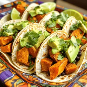 - 2 medium sweet potatoes - 1 can of black beans - 8 small corn tortillas - 1 tablespoon olive oil - Ground cumin - Chili powder - Smoked paprika - Salt - Black pepper - Avocado - Cilantro - Lime - Optional additions: diced red onion, crumbled feta, hot sauce Sweet potatoes and black beans make a perfect pair. They give a sweet and hearty taste. The corn tortillas add a nice crunch. Let’s talk about what you need. First, grab two medium sweet potatoes. Peel them and cut them into 1-inch cubes. This size helps them roast well. Next, you need one can of black beans. Make sure to rinse and drain them. This step keeps them from being too salty. Now, let’s talk tortillas. You will want eight small corn tortillas. These will hold all the tasty filling. For flavor, we need some seasonings. One tablespoon of olive oil helps everything stick. Then, we will add ground cumin, chili powder, and smoked paprika. These spices bring warmth and depth to the dish. Don’t forget salt and black pepper to taste. Finally, we want fresh toppings. Sliced avocado adds creaminess. Chopped cilantro gives a fresh taste. Lime wedges add a bright zing. You can also add diced red onion, crumbled feta, or your favorite hot sauce if you want extra flavor. With these ingredients, you are ready to make a delicious meal that is both simple and tasty. - Preheat your oven to 400°F (200°C). - Line a baking sheet with parchment paper for easy cleanup. - In a mixing bowl, add the diced sweet potatoes. - Drizzle in one tablespoon of olive oil. - Sprinkle one teaspoon of ground cumin, chili powder, and half a teaspoon of smoked paprika. - Add salt and black pepper to taste. - Toss everything together until the sweet potatoes are evenly coated. - Spread the seasoned sweet potatoes in a single layer on the baking sheet. - Roast in the oven for 25-30 minutes. - Stir halfway through cooking to ensure even roasting. - They should be tender and caramelized when done. - Pour the can of black beans into a small saucepan. - Heat the black beans over medium heat. - Add a pinch of salt and pepper for taste. - Stir gently for about 5-7 minutes until warmed through. - In a dry skillet, heat the corn tortillas for about 30 seconds on each side. - Make sure they are warm and pliable. - Take a warm tortilla and place it on your plate. - Add a spoonful of roasted sweet potatoes on one side. - Follow with a spoonful of warm black beans. - Top with slices of fresh avocado. - Sprinkle chopped cilantro on top. - Feel free to add any optional toppings you like. - Squeeze a wedge of lime juice over each taco before serving. - Garnish with extra lime wedges and a sprinkle of cilantro. - This adds freshness and bright flavor to your meal. To ensure your sweet potatoes are evenly coated, mix them well. Add olive oil and spices to the bowl first. Toss the cubes until they shine with oil. This helps every piece gain flavor. For the best texture, roast the sweet potatoes for 25-30 minutes. Stir them halfway through to get an even roast. They should be tender and golden when done. Plating is key for visual appeal. Use a bright platter to present your tacos. Stack the tacos neatly or arrange them in a line. Add lime wedges and cilantro as garnishes. This makes your dish pop and invites people to dig in. You can add more spices for extra flavor. Try a pinch of cayenne for heat. You can also use smoked paprika for a deeper taste. For sauces, consider a spicy salsa or creamy avocado sauce. These will make your tacos even more exciting. {{image_4}} You can easily make these tacos vegan and gluten-free. Use corn tortillas, which are naturally gluten-free. Sweet potatoes and black beans are already vegan-friendly. If you want more protein, consider adding tofu or tempeh. They soak up flavors well and can add a nice texture. Adjust the spice level to suit your taste. If you like heat, add more chili powder or a dash of cayenne. For a milder flavor, cut back on spices. You can also swap black beans for pinto or kidney beans. Mixing in veggies like bell peppers or zucchini adds more color and nutrients. Try turning your tacos into a salad or a bowl. Just add the sweet potatoes, beans, and toppings over a bed of greens. This gives a fresh twist to the meal. You can also experiment with different tortillas. Flour tortillas are soft and chewy, while lettuce wraps are light and crunchy. To store leftovers, place the tacos in an airtight container. They can stay fresh in the fridge for up to three days. If you have extra filling, store it separately. This helps keep the tortillas from getting soggy. You can freeze prepared tacos for later use. Wrap each taco in plastic wrap or foil. Then, place them in a freezer-safe bag. They will keep well for about one month. To freeze the filling, use a container. Just make sure to cool it first. To reheat tacos, preheat your oven to 350°F (175°C). Place the tacos on a baking sheet for about 10-15 minutes. This warms them evenly and keeps them crisp. If you stored the filling, microwave it for a few minutes until hot. Enjoy your tasty meal again! You can pair these tacos with several tasty side dishes. Here are a few great options: - Mexican rice: Fluffy rice with lime and cilantro complements the tacos well. - Corn salad: A mix of corn, tomatoes, and lime adds a fresh crunch. - Guacamole: Creamy avocado dip balances the flavors in the tacos. - Chips and salsa: Crispy tortilla chips with zesty salsa make a fun snack. Yes, you can prepare some elements in advance. Here are tips for prep and storage: - Sweet potatoes: Roast them ahead and store in the fridge for up to three days. - Black beans: Heat and store them in an airtight container for about four days. - Tortillas: Warm them just before serving for the best texture. - Assembly: Prepare the tacos fresh to keep them tasty and warm. Absolutely! These tacos are great for your health. Here are some benefits: - Sweet potatoes: They are rich in vitamins A and C, fiber, and antioxidants. - Black beans: Full of protein and fiber, they keep you full longer. - Avocado: Provides healthy fats that are good for your heart. - Low calories: Each taco has fewer calories than many other options. Yes, feel free to swap out the black beans. Here are some tasty alternatives: - Pinto beans: They have a creamy texture and mild flavor. - Kidney beans: They add a nice bite and are very filling. - Chickpeas: These can add a different texture and a nutty taste. If you love heat, here are some tips to spice up your tacos: - Hot sauce: Drizzle your favorite hot sauce on top. - Jalapeños: Add fresh or pickled jalapeños for a kick. - Spicy seasoning: Mix in cayenne or red pepper flakes with your spices. - Chipotle peppers: Use chopped chipotle for a smoky heat. In this blog post, we explored the tasty world of Sweet Potato Black Bean Tacos. We covered the main ingredients, seasonings, and fresh toppings that enhance the flavor. You learned step-by-step instructions for preparing, roasting, and assembling these tacos. Cooking tips and variations helped you think about how to personalize your dish. Finally, we discussed storage options for leftovers and answered common questions. Now, you’re ready to enjoy these healthy and delicious tacos. Happy cooking!