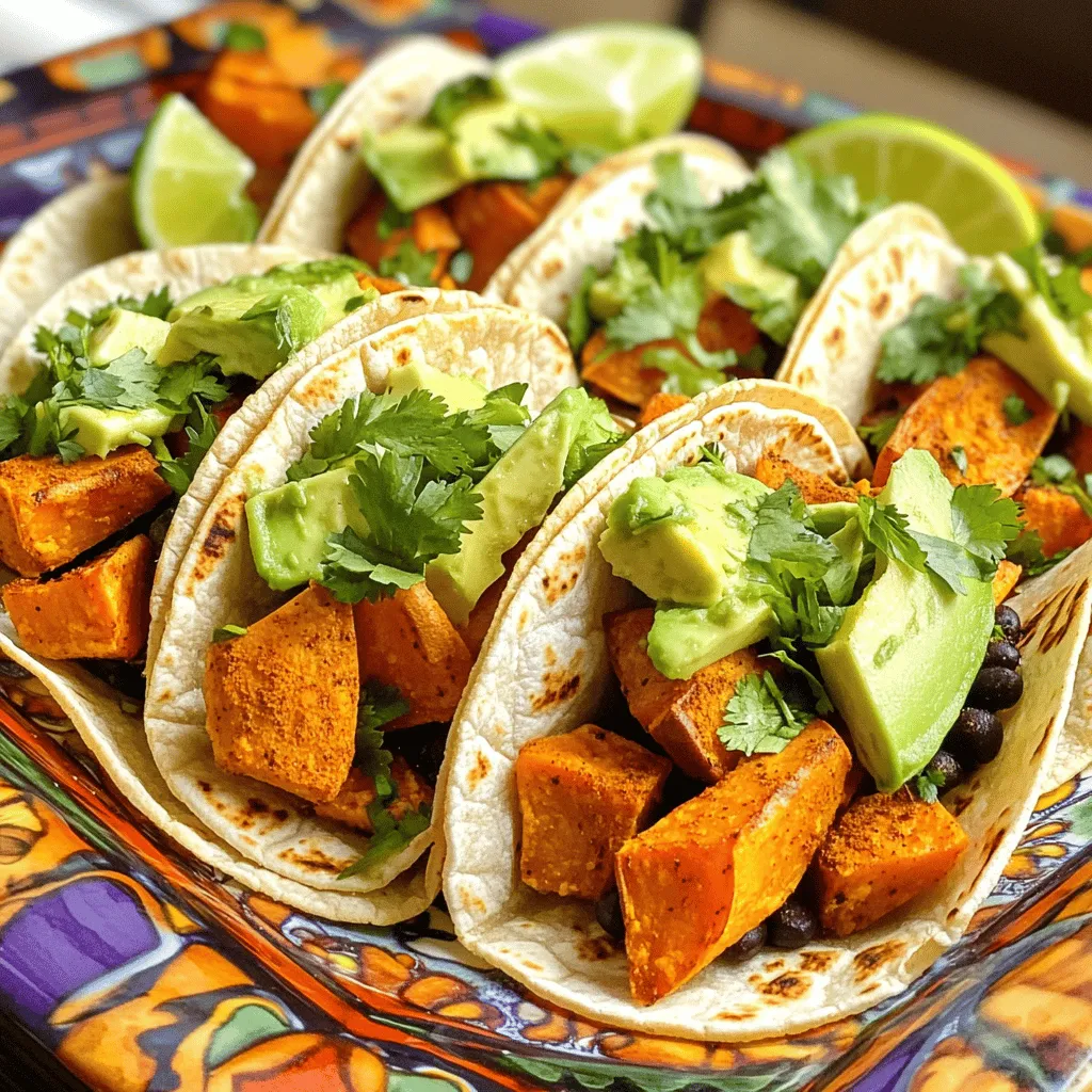 - 2 medium sweet potatoes - 1 can of black beans - 8 small corn tortillas - 1 tablespoon olive oil - Ground cumin - Chili powder - Smoked paprika - Salt - Black pepper - Avocado - Cilantro - Lime - Optional additions: diced red onion, crumbled feta, hot sauce Sweet potatoes and black beans make a perfect pair. They give a sweet and hearty taste. The corn tortillas add a nice crunch. Let’s talk about what you need. First, grab two medium sweet potatoes. Peel them and cut them into 1-inch cubes. This size helps them roast well. Next, you need one can of black beans. Make sure to rinse and drain them. This step keeps them from being too salty. Now, let’s talk tortillas. You will want eight small corn tortillas. These will hold all the tasty filling. For flavor, we need some seasonings. One tablespoon of olive oil helps everything stick. Then, we will add ground cumin, chili powder, and smoked paprika. These spices bring warmth and depth to the dish. Don’t forget salt and black pepper to taste. Finally, we want fresh toppings. Sliced avocado adds creaminess. Chopped cilantro gives a fresh taste. Lime wedges add a bright zing. You can also add diced red onion, crumbled feta, or your favorite hot sauce if you want extra flavor. With these ingredients, you are ready to make a delicious meal that is both simple and tasty. - Preheat your oven to 400°F (200°C). - Line a baking sheet with parchment paper for easy cleanup. - In a mixing bowl, add the diced sweet potatoes. - Drizzle in one tablespoon of olive oil. - Sprinkle one teaspoon of ground cumin, chili powder, and half a teaspoon of smoked paprika. - Add salt and black pepper to taste. - Toss everything together until the sweet potatoes are evenly coated. - Spread the seasoned sweet potatoes in a single layer on the baking sheet. - Roast in the oven for 25-30 minutes. - Stir halfway through cooking to ensure even roasting. - They should be tender and caramelized when done. - Pour the can of black beans into a small saucepan. - Heat the black beans over medium heat. - Add a pinch of salt and pepper for taste. - Stir gently for about 5-7 minutes until warmed through. - In a dry skillet, heat the corn tortillas for about 30 seconds on each side. - Make sure they are warm and pliable. - Take a warm tortilla and place it on your plate. - Add a spoonful of roasted sweet potatoes on one side. - Follow with a spoonful of warm black beans. - Top with slices of fresh avocado. - Sprinkle chopped cilantro on top. - Feel free to add any optional toppings you like. - Squeeze a wedge of lime juice over each taco before serving. - Garnish with extra lime wedges and a sprinkle of cilantro. - This adds freshness and bright flavor to your meal. To ensure your sweet potatoes are evenly coated, mix them well. Add olive oil and spices to the bowl first. Toss the cubes until they shine with oil. This helps every piece gain flavor. For the best texture, roast the sweet potatoes for 25-30 minutes. Stir them halfway through to get an even roast. They should be tender and golden when done. Plating is key for visual appeal. Use a bright platter to present your tacos. Stack the tacos neatly or arrange them in a line. Add lime wedges and cilantro as garnishes. This makes your dish pop and invites people to dig in. You can add more spices for extra flavor. Try a pinch of cayenne for heat. You can also use smoked paprika for a deeper taste. For sauces, consider a spicy salsa or creamy avocado sauce. These will make your tacos even more exciting. {{image_4}} You can easily make these tacos vegan and gluten-free. Use corn tortillas, which are naturally gluten-free. Sweet potatoes and black beans are already vegan-friendly. If you want more protein, consider adding tofu or tempeh. They soak up flavors well and can add a nice texture. Adjust the spice level to suit your taste. If you like heat, add more chili powder or a dash of cayenne. For a milder flavor, cut back on spices. You can also swap black beans for pinto or kidney beans. Mixing in veggies like bell peppers or zucchini adds more color and nutrients. Try turning your tacos into a salad or a bowl. Just add the sweet potatoes, beans, and toppings over a bed of greens. This gives a fresh twist to the meal. You can also experiment with different tortillas. Flour tortillas are soft and chewy, while lettuce wraps are light and crunchy. To store leftovers, place the tacos in an airtight container. They can stay fresh in the fridge for up to three days. If you have extra filling, store it separately. This helps keep the tortillas from getting soggy. You can freeze prepared tacos for later use. Wrap each taco in plastic wrap or foil. Then, place them in a freezer-safe bag. They will keep well for about one month. To freeze the filling, use a container. Just make sure to cool it first. To reheat tacos, preheat your oven to 350°F (175°C). Place the tacos on a baking sheet for about 10-15 minutes. This warms them evenly and keeps them crisp. If you stored the filling, microwave it for a few minutes until hot. Enjoy your tasty meal again! You can pair these tacos with several tasty side dishes. Here are a few great options: - Mexican rice: Fluffy rice with lime and cilantro complements the tacos well. - Corn salad: A mix of corn, tomatoes, and lime adds a fresh crunch. - Guacamole: Creamy avocado dip balances the flavors in the tacos. - Chips and salsa: Crispy tortilla chips with zesty salsa make a fun snack. Yes, you can prepare some elements in advance. Here are tips for prep and storage: - Sweet potatoes: Roast them ahead and store in the fridge for up to three days. - Black beans: Heat and store them in an airtight container for about four days. - Tortillas: Warm them just before serving for the best texture. - Assembly: Prepare the tacos fresh to keep them tasty and warm. Absolutely! These tacos are great for your health. Here are some benefits: - Sweet potatoes: They are rich in vitamins A and C, fiber, and antioxidants. - Black beans: Full of protein and fiber, they keep you full longer. - Avocado: Provides healthy fats that are good for your heart. - Low calories: Each taco has fewer calories than many other options. Yes, feel free to swap out the black beans. Here are some tasty alternatives: - Pinto beans: They have a creamy texture and mild flavor. - Kidney beans: They add a nice bite and are very filling. - Chickpeas: These can add a different texture and a nutty taste. If you love heat, here are some tips to spice up your tacos: - Hot sauce: Drizzle your favorite hot sauce on top. - Jalapeños: Add fresh or pickled jalapeños for a kick. - Spicy seasoning: Mix in cayenne or red pepper flakes with your spices. - Chipotle peppers: Use chopped chipotle for a smoky heat. In this blog post, we explored the tasty world of Sweet Potato Black Bean Tacos. We covered the main ingredients, seasonings, and fresh toppings that enhance the flavor. You learned step-by-step instructions for preparing, roasting, and assembling these tacos. Cooking tips and variations helped you think about how to personalize your dish. Finally, we discussed storage options for leftovers and answered common questions. Now, you’re ready to enjoy these healthy and delicious tacos. Happy cooking!
