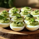 To make avocado deviled eggs, you need a few key items. Here’s the list: - 6 large eggs - 1 ripe avocado - 1 tablespoon Greek yogurt - 1 teaspoon Dijon mustard - 1 teaspoon freshly squeezed lime juice - Salt, to taste - Freshly ground black pepper, to taste These ingredients create a rich and creamy filling that is both tasty and filling. If you want to add a twist to your avocado deviled eggs, consider these extras: - 1 small jalapeño, finely diced (for heat) - Fresh cilantro leaves (for garnish) These optional ingredients can make your dish more exciting. The jalapeño gives a spicy kick, while cilantro adds freshness. Choosing the right avocado is key. Look for these signs: - The skin should be dark green or almost black. - It should feel slightly soft when you press it gently. - Avoid avocados with large dark spots or deep indentations. A ripe avocado will blend smoothly into your filling, making it creamy and delicious. If you buy them hard, let them sit at room temperature for a few days to ripen. To start, take 6 large eggs and place them in a medium saucepan. Fill the pan with cold water until it covers the eggs by about an inch. Turn on the heat to medium-high and wait for the water to boil. When it reaches a rolling boil, cover the pan with a lid. Then, remove the pan from the heat and let it sit for 12 minutes. This method helps make eggs easy to peel later. Once the eggs are cooked, drain the hot water. Transfer the eggs to an ice bath. The cold water cools them quickly for about 5 minutes. After they cool, gently crack the shells and peel them under running water. This makes peeling easier. Slice the eggs in half lengthwise and scoop the yolks into a bowl. Add 1 ripe avocado, 1 tablespoon of Greek yogurt, 1 teaspoon of Dijon mustard, and 1 teaspoon of freshly squeezed lime juice. Sprinkle in some salt and pepper to taste. Use a fork or masher to blend everything until smooth. If you want some heat, mix in a finely diced jalapeño. Now that your filling is ready, it’s time to fill the egg whites. Use a spoon or a piping bag to fill each egg half with the creamy avocado-yolk mixture. Be generous with the filling! For the final touch, garnish each egg with fresh cilantro leaves. This not only adds color but also a fresh taste to your tasty deviled eggs. Serve them on a colorful platter for an eye-catching display. When making avocado deviled eggs, avoid overcooking the eggs. Overcooked eggs become rubbery and dry. Always use a timer for precise cooking. Another mistake is using unripe avocados. They won’t blend well and lack flavor. Make sure your avocado is soft but not brown. Lastly, don’t skip the seasoning. A pinch of salt and pepper enhances the taste. For the creamiest filling, mash the avocado and yolks well. Use a fork or potato masher until smooth. Adding Greek yogurt helps create a rich texture. The yogurt adds creaminess without being too heavy. Mixing in Dijon mustard and lime juice gives your filling a nice zing. Use fresh ingredients for the best flavor. Presentation is key for making your deviled eggs pop. Use a colorful platter to display your eggs. Arrange them in a circle for visual appeal. For an extra touch, drizzle a bit of olive oil on top. Garnish with fresh cilantro leaves for color and flavor. You can also sprinkle some paprika for a vibrant finish. {{image_4}} For a kick, add jalapeño to your deviled eggs. Use one small jalapeño, finely diced. Mix it in with the avocado, yogurt, mustard, and lime juice. This spice enhances the flavor, making each bite exciting. Adjust the amount based on your heat level preference. If you want more heat, leave some seeds in the jalapeño. For a Mediterranean twist, swap Greek yogurt for feta cheese. Crumble 1/4 cup of feta into the yolk mixture. Add chopped kalamata olives and a sprinkle of oregano. These flavors bring a taste of the Mediterranean right to your kitchen. Top with a slice of olive or a sprinkle of paprika for color. To make a vegan version, omit the Greek yogurt and mustard. Use silken tofu for a creamy base. Blend the tofu with avocado, lime juice, and salt. This keeps the dish creamy and rich without eggs. Garnish with smoked paprika or fresh herbs for extra appeal. Store leftover avocado deviled eggs in an airtight container. Keep the eggs in the fridge. They taste best within two days. If you have leftover filling, store it in a separate container. This keeps the egg whites fresh. For meal prep, make the filling ahead of time. Store it in the fridge for up to two days. You can also boil the eggs in advance. Just peel and store them in water. Change the water daily to keep them fresh. Always refrigerate deviled eggs promptly. Avoid leaving them out for more than two hours. If you are serving at a party, keep them on ice. This keeps them cool and safe to eat. Use a shallow container for even cooling. Yes, you can make Avocado Deviled Eggs a few hours ahead. Prepare the filling and store it in the fridge. Keep the egg whites separate until you are ready to serve. This keeps them fresh and avoids sogginess. If you don’t have Greek yogurt, try sour cream. You can also use mashed silken tofu for a vegan twist. Both options add creaminess without changing the flavor much. To keep the avocado green, use lime juice. The acid in lime slows browning. Cover the filling tightly with plastic wrap too. Press the wrap directly onto the filling before refrigerating. This reduces air exposure and keeps it fresh longer. Avocado deviled eggs are easy to make and full of flavor. We covered the key ingredients you'll need for the perfect filling and some great variations to try. I shared tips on avoiding common mistakes and how to make your eggs look great. Remember, you can store any leftovers properly for later. Don’t forget the FAQs to help you make the best choice. Now, go impress your friends with these tasty treats!