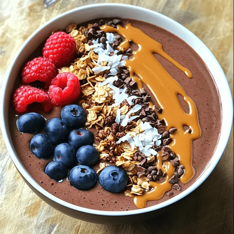 To make the perfect Chocolate Peanut Butter Smoothie Bowl, gather these key items: - 1 frozen banana, sliced - 1 cup unsweetened almond milk (or your preferred milk variety) - 2 tablespoons unsweetened cocoa powder - 2 tablespoons natural peanut butter - 1 tablespoon maple syrup (optional, to sweeten your taste) - 1/2 teaspoon vanilla extract - 1/4 cup granola for crunch - 1/4 cup fresh berries (choose from strawberries, blueberries, or raspberries) You can customize your smoothie bowl with these fun extras: - Shredded coconut for a tropical twist - Cacao nibs for an extra chocolatey crunch - A swirl of peanut butter for a rich finish Each ingredient in this recipe brings something special: - Banana: Provides natural sweetness and is high in potassium. - Almond milk: A low-calorie option rich in vitamins. - Cocoa powder: Full of antioxidants, it adds a rich chocolate flavor. - Peanut butter: Packed with protein and healthy fats, it keeps you full. - Granola: Offers fiber and a satisfying crunch. - Fresh berries: Add vitamins, minerals, and a burst of color. These ingredients not only create a delicious treat but also provide essential nutrients. Enjoy making this tasty bowl! Start with a high-speed blender. Add one sliced frozen banana, one cup of almond milk, two tablespoons of cocoa powder, and two tablespoons of natural peanut butter. If you like it sweet, add one tablespoon of maple syrup. Finally, include half a teaspoon of vanilla extract. Blend everything on high until it is smooth and creamy. Make sure there are no lumps left. After blending, check the thickness of your smoothie. If it looks too thick, add a little more almond milk. Blend again until the mixture is thick but smooth. You want it scoopable, so it holds its shape in the bowl. Carefully pour the thick smoothie into a serving bowl. Use a spatula to scoop out every tasty bit. Sprinkle granola on top for a nice crunch. Then, add fresh berries like strawberries, blueberries, or raspberries. If you want extra flair, add shredded coconut and cacao nibs. For a rich touch, swirl some peanut butter over the top. Enjoy your delicious creation! Pick ripe bananas. They should have a few brown spots. These spots mean they are sweet and perfect for your smoothie bowl. If you see green bananas, wait a few days. They need time to ripen. Always freeze your bananas before using them. Frozen bananas make your smoothie thick and creamy. Use a high-speed blender for the best results. Start blending on low speed. Gradually increase to high speed. This helps mix all the ingredients well. If your smoothie is too thick, add a little almond milk. Blend until smooth, with no lumps. Remember to scrape down the sides of the blender. This ensures everything gets mixed. Choose a colorful bowl to serve your smoothie. Bright colors make your dish pop. Use fresh berries and granola to decorate the top. Arrange them in a fun pattern. Add a drizzle of peanut butter for a nice touch. You can also sprinkle shredded coconut and cacao nibs on top. A sprig of mint adds a fresh look. {{image_4}} You can swap almond milk for other milk types. Try coconut milk for a rich taste. Oat milk adds a creamy texture too. If you love dairy, whole milk works well. Each milk gives a unique flavor and feel. Spices can change the taste of your smoothie bowl. A pinch of cinnamon adds warmth. Nutmeg gives a cozy vibe. For a twist, add a drop of peppermint extract. This makes the bowl feel fresh and fun. Toppings can change with the seasons. In spring, use fresh strawberries and mint. Summer is perfect for blueberries and tropical fruits. Autumn calls for sliced apples and a sprinkle of cinnamon. In winter, try pomegranate seeds for a burst of color. Each season brings new flavors to enjoy! If you have leftover smoothie, store it in an airtight container. Place it in the fridge. It stays fresh for up to 24 hours. If it starts to separate, just stir it well before eating. Smoothies can lose their creamy texture over time, so enjoy them quickly! You can freeze your ingredients for later use. Slice your bananas and place them in a freezer bag. Measure out your cocoa powder and peanut butter into small containers. This makes it easy to grab what you need. Just remember to label each bag with the date. Frozen bananas work great in smoothies! A prepared smoothie bowl lasts for about one day in the fridge. After that, the texture may change. If you top it with fresh berries, eat it soon to enjoy their flavor. If you freeze a smoothie bowl, eat it within a month for the best taste. To thaw, place it in the fridge overnight. You can use almond butter or sunflower seed butter. Both options give a similar taste. They add creaminess without losing flavor. If you have a nut allergy, sunflower seed butter works great. It is a fun alternative that still offers a rich taste. Fresh bananas work, but frozen bananas make it creamier. Frozen bananas chill the smoothie bowl and add a thick texture. If using fresh, you might need ice to get the right consistency. This way, it will be cold and delicious. Yes, you can prepare this smoothie bowl ahead. Blend the base and store it in the fridge. Just make sure to eat it within a day or two. Add toppings right before eating. This keeps everything fresh and crunchy. This smoothie bowl is already vegan with the right ingredients. Use almond milk or any plant-based milk. Ensure the peanut butter is natural and contains no animal products. Skip the maple syrup if you want it sugar-free. Enjoy the rich flavor without any animal ingredients! In this post, we covered essential and optional ingredients for your smoothie bowl. I shared a step-by-step guide to help you make the perfect blend. You learned tips for choosing the best bananas and blending techniques for a creamy finish. We also explored flavor variations, storage tips, and answered common questions. Smoothie bowls are fun, tasty, and easy to make. Enjoy creating your own delicious variations! Remember, you can be creative with your ingredients and toppings. Happy blending!