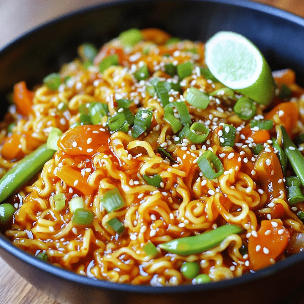 - 8 oz noodles (rice noodles or spaghetti) - 4 cloves garlic, minced - 1 tablespoon fresh ginger, grated - 3 tablespoons soy sauce (low-sodium preferred) - 1 tablespoon chili garlic sauce (adjust to taste) - 1 tablespoon sesame oil - 2 green onions, finely chopped (white and green parts separated) - 1 cup mixed vegetables (julienned carrots, bell peppers, snap peas) - 1 tablespoon fresh lime juice - Toasted sesame seeds for garnish For the noodles, you can use rice noodles or spaghetti. Both work well. Low-sodium soy sauce helps keep the dish lighter. If you want a sweeter touch, try adding a bit of honey. For the chili garlic sauce, adjust the amount to match your spice level. If you're out of sesame oil, use olive oil instead. Fresh vegetables add color and crunch. Carrots, bell peppers, and snap peas are great choices. If you prefer, use frozen mixed vegetables for convenience. This dish serves two and offers a tasty balance of flavors. Each serving contains about 350 calories. It has around 10 grams of protein, 10 grams of fat, and 60 grams of carbs. The mixed vegetables add fiber and vitamins. Using low-sodium soy sauce helps reduce salt. If you want to make it healthier, add more veggies or lean protein, like chicken or tofu. This dish is not only delicious but also packed with nutrients! Start by cooking 8 oz of your chosen noodles. You can use rice noodles or spaghetti. Follow the package directions carefully. Once they are done, drain them. Make sure the noodles do not stick together. Set them aside for later. Next, heat a large skillet or wok over medium heat. Add 1 tablespoon of sesame oil and let it warm until it shimmers. Now, add 4 cloves of minced garlic and 1 tablespoon of grated ginger. Sauté these for about 1-2 minutes. Keep an eye on them, so they don’t burn. You want them fragrant, not brown. Now, toss in 1 cup of mixed vegetables. Good options include julienned carrots, bell peppers, and snap peas. Stir-fry these for about 3-4 minutes. They should soften but still have some crunch. After that, add the cooked noodles to the skillet. Pour in 3 tablespoons of low-sodium soy sauce and 1 tablespoon of chili garlic sauce. Use tongs or a spatula to mix everything well. Ensure the noodles get covered in that delicious sauce. Keep stir-frying for another 2-3 minutes. This lets all the flavors blend. Once done, remove the skillet from the heat. Drizzle 1 tablespoon of fresh lime juice over the noodles. Toss in the chopped green onions, using the white parts for cooking. Save the green tops for garnish. Mix everything well. Serve the noodles hot. Sprinkle some toasted sesame seeds on top for a nice crunch. Enjoy your delicious dish! When making Spicy Garlic Noodles, watch out for a few common mistakes. - Overcooking the Noodles: Always follow the package time. Overcooked noodles can turn mushy. - Burning the Garlic: Garlic burns quickly. Sauté it on medium heat and watch it closely. - Not Draining the Noodles: Ensure you drain them well. Sticky noodles won’t mix well with the sauce. To cook the best noodles, follow these tips. - Use Plenty of Water: Boil a large pot of water. This helps the noodles cook evenly. - Stir Occasionally: Stir noodles while they cook. This stops them from sticking together. - Rinse After Cooking: Rinse under cold water. This helps stop the cooking process and keeps them firm. You can boost the flavor of your noodles in simple ways. - Add More Ginger: If you like, add extra ginger for a spicy kick. - Try Different Sauces: Swap soy sauce for tamari or coconut aminos for a twist. - Include Fresh Herbs: Fresh cilantro or basil can give your dish a fresh taste. Use these tips to make your Spicy Garlic Noodles even better. Enjoy your cooking! {{image_4}} To make Spicy Garlic Noodles vegetarian or vegan, skip the meat. You can add tofu for protein. Firm tofu works best. Just cube it and sauté until golden. For flavor, toss in extra veggies like mushrooms or zucchini. You’ll still enjoy that bold taste without any animal products. For gluten-free Spicy Garlic Noodles, use rice noodles. They cook quickly and soak up flavors well. You can also try gluten-free spaghetti. Just double-check the labels on sauces. Some soy sauces contain wheat. Opt for gluten-free soy sauce or tamari to keep that savory flavor. You can make this dish your own by adding protein. Shrimp, chicken, or beef all work well. Just cook them before adding the noodles. Want more heat? Add chili flakes or a splash of sriracha. If you prefer it milder, use less chili garlic sauce. Adjust these flavors to find what you love! To keep your Spicy Garlic Noodles fresh, let them cool first. Place the noodles in an airtight container. Make sure to separate any veggies to keep them crisp. Store the container in the fridge. The leftovers will last for up to three days. Reheat your noodles in a skillet on medium heat. Add a splash of water or broth to prevent sticking. Stir often to warm them evenly. If you prefer, you can use a microwave. Place the noodles in a bowl, cover, and heat in 30-second bursts until hot. To freeze your Spicy Garlic Noodles, let them cool completely. Portion them into freezer-safe bags or containers. Remove as much air as possible to prevent freezer burn. They can stay good for up to three months. When ready to eat, thaw in the fridge overnight and reheat as mentioned above. You can use rice noodles or spaghetti for this dish. Both types work well. Rice noodles give a light texture, while spaghetti offers a hearty bite. Choose what you like best! Yes, feel free to mix sauces. You can try hoisin or oyster sauce for more flavor. Just adjust the amounts to keep the dish balanced. Each sauce brings its unique taste to the noodles. To reduce spice, use less chili garlic sauce. You can also skip it and add more soy sauce instead. Adding sugar or honey can help balance the heat too. Taste as you go! Many places offer their take on spicy garlic noodles. Check out local Asian restaurants or noodle shops. They often have unique recipes to try. Online reviews can guide you to the best spots. To prep ahead, cook the noodles and veggies but keep them separate. Store in airtight containers in the fridge. You can mix them with sauce right before eating. The flavors will still shine! In this post, we explored every detail about Spicy Garlic Noodles. We covered the best ingredients, step-by-step cooking instructions, and smart tips to avoid mistakes. You learned about variations, storage options, and answered your most asked questions. Cooking should be fun and easy. I hope you feel ready to make your perfect bowl. Dive in and enjoy all the flavors this dish brings!
