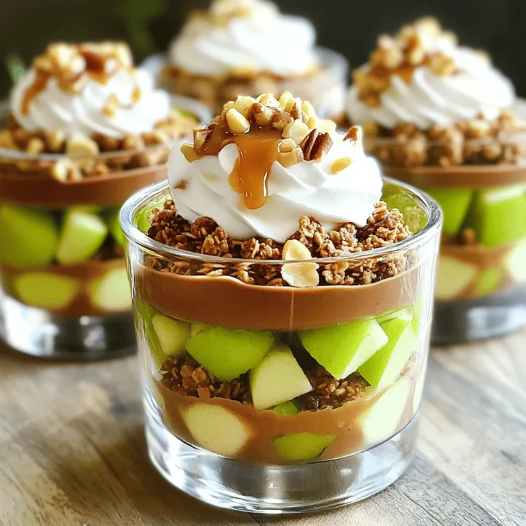 - 2 large Granny Smith apples, diced - 1 cup granola or crushed graham crackers - 1 cup chocolate pudding - ½ cup caramel sauce - 1 teaspoon ground cinnamon - 1 tablespoon fresh lemon juice - Whipped cream (for topping) - Chopped nuts (optional for garnish) The first step is to gather your ingredients. Start with two Granny Smith apples. Their tartness gives a nice balance to the sweet flavors. Dice them into small pieces for easy mixing. Next, you'll need one cup of granola or crushed graham crackers. This will form a crunchy base. I love using granola for its texture and flavor, but graham crackers work well too. Now, grab one cup of chocolate pudding. You can use store-bought for speed or make it fresh if you have time. The pudding adds a rich layer to the cups. Half a cup of caramel sauce comes next. This sweet drizzle will tie all the flavors together. You can make your own or buy it ready-made. You’ll also need one teaspoon of ground cinnamon. This spice enhances the apple flavor. A tablespoon of fresh lemon juice adds brightness and keeps the apples from browning. Finally, don’t forget whipped cream for topping. A dollop makes each cup look nice and adds creaminess. If you want some crunch, add chopped nuts on top as a fun garnish. With these ingredients in hand, you're ready to create a delightful dessert! To start, take your two large Granny Smith apples. Dice them into small pieces. In a medium bowl, mix the diced apples with one tablespoon of fresh lemon juice and one teaspoon of ground cinnamon. This step is key. The lemon juice keeps the apples from turning brown. The cinnamon adds warmth and flavor. Toss the apples gently to coat them well. Now, let the mixture sit for a few minutes. This allows the flavors to meld together nicely. Next, grab your serving cups or small bowls. Add about two tablespoons of granola or crushed graham crackers to the bottom of each cup. Press down lightly to create a solid base. This layer will help support the other flavors. It gives a nice crunch that pairs well with the creamy layers above. Now it’s time for the chocolate pudding. Spoon in a generous layer over the granola layer. Aim to fill each cup about halfway. Smooth out the top for an even layer. This rich, creamy layer is what makes this dessert so delightful. You can use store-bought pudding or make your own if you prefer. On top of the chocolate pudding, add a generous portion of your cinnamon-coated apples. Don't be shy! Make it a nice, thick layer. Now, drizzle some caramel sauce over the apples. This adds sweetness and makes the dessert even more special. If your cups are tall enough, you can repeat the layers. Start with another round of granola, then another layer of chocolate pudding. Finish with more cinnamon-coated apples and a drizzle of caramel sauce. This creates a beautiful, layered look that is very appetizing. Now, place your assembled cups in the refrigerator for about 30 minutes. This chilling time is important. It helps all the flavors blend together beautifully. Plus, it makes the cups cool and refreshing. Just before you serve, add a dollop of whipped cream on top of each cup. For a fun crunch, sprinkle with chopped nuts. Pecans or walnuts work great! This adds texture and makes your dessert look fancy. Enjoy every bite of your no-bake chocolate caramel apple pie cups! For the caramel sauce, you have two great choices. Store-bought caramel is quick and easy. It saves time, especially when you're busy. Homemade caramel is rich and creamy. It adds a personal touch to your dessert. If you choose to make it, use simple ingredients like sugar, butter, and cream. When picking apples, opt for Granny Smith apples. They are tart and crisp, which works well with the sweet flavors. Their firmness holds up in the cups. You can also mix them with sweeter apples like Fuji or Honeycrisp for a fun twist. Serve your pie cups on a nice tray to impress your guests. You can use clear cups to show off the layers. This makes them look beautiful and appetizing. For an extra touch, sprinkle some cinnamon over the whipped cream. It adds color and a hint of spice. Consider garnishing with chopped nuts, like pecans or walnuts. Nuts add a nice crunch and contrast to the creamy filling. You can also use chocolate shavings for a chocolatey finish. This enhances the dessert's look and flavor. One common mistake is overcooking the apples. Cook them just enough to soften but keep them firm. This way, they hold their shape and add texture to the cups. If they become mushy, they will not taste as fresh. Another mistake is not chilling the cups long enough. Chilling is key for letting the flavors blend. If you skip this step, your dessert may taste flat. Aim for at least 30 minutes in the fridge to get the best taste and texture. {{image_4}} You can switch up the base for fun. Instead of granola or graham crackers, try using crushed Oreos. They add a rich chocolate flavor. Nuts are also a great choice. Finely chop pecans or walnuts for a crunchy twist. Each option gives a new taste and texture. Just remember to press down the base well for stability. Chocolate pudding is delicious, but you can get creative. Vanilla pudding offers a lighter taste. Butterscotch pudding adds a sweet and buttery flavor. Both can enhance your pie cups. Feel free to mix and match flavors too. The goal is to create a dessert that excites your taste buds. If you're looking for gluten-free options, it’s easy to switch things up. Use gluten-free granola in place of regular granola. You can also find gluten-free graham crackers in stores. These swaps keep the taste while meeting dietary needs. Always check labels to ensure they fit your requirements. Enjoying dessert shouldn't mean compromising your health! To keep your No-Bake Chocolate Caramel Apple Pie Cups fresh, store them in the refrigerator. Use an airtight container or cover each cup with plastic wrap. This keeps the layers intact and prevents them from drying out. Avoid stacking the cups to protect the presentation. These delightful cups can last in the refrigerator for up to 3 days. After that, the apples may get a bit soft, and the granola could lose its crunch. To enjoy the best taste and texture, try to eat them within this time. Since this dessert is no-bake, it is best served cold. If you prepare them in advance, just take them out of the fridge before serving. Add the whipped cream and nuts right before serving for the best look and taste. Enjoy them chilled for a refreshing treat! Yes, you can prepare these cups ahead of time. I recommend making them up to one day in advance. This way, the flavors blend nicely. Just chill them in the fridge until you are ready to serve. This also helps keep the granola or graham cracker base crisp. If you want a change, you can use vanilla pudding or butterscotch pudding. Both add a sweet touch and pair well with the apples and caramel. You could also try yogurt for a lighter version. Just make sure it’s thick enough to hold the layers. Absolutely! These cups are a hit with kids. They are fun to eat and have sweet flavors. You can also get kids involved in making them. Let them layer the cups or choose their toppings. Just be sure to supervise with any nuts for allergies. Yes, you can switch up the fruit! Try pears or berries for a different taste. Bananas could work too, but they may brown quickly. If you use a softer fruit, layer it gently. Feel free to mix fruits for a colorful treat! This recipe blends fresh apples and creamy chocolate pudding into a tasty treat. You learned how to layer flavors and textures for a delightful dessert. Don’t forget to chill the cups for the best taste. Remember to choose the right apples and toppings for a fun presentation. With these tips and variations, it's easy to make this dessert fit your taste. Enjoy creating, sharing, and devouring your delicious caramel apple cups!