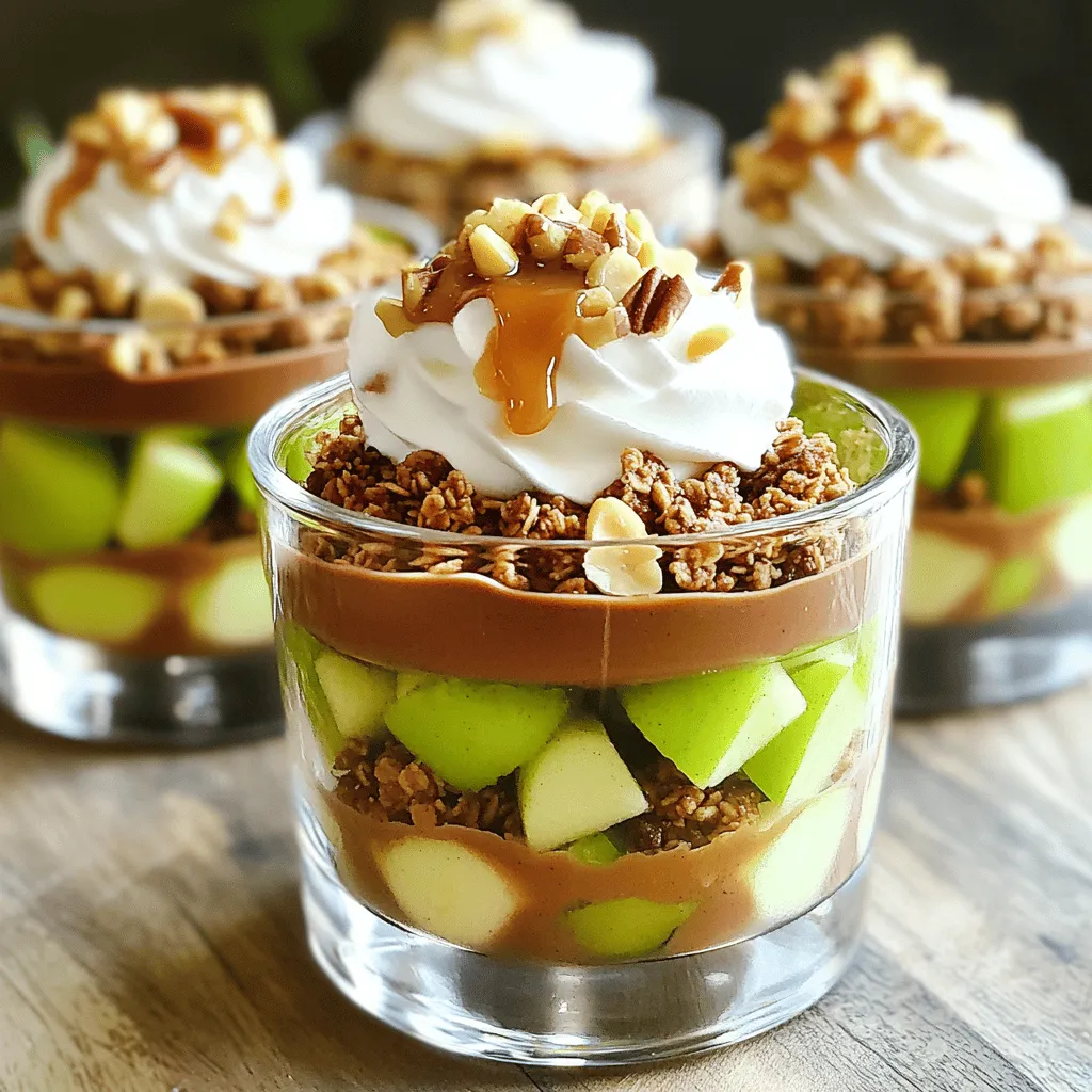 - 2 large Granny Smith apples, diced - 1 cup granola or crushed graham crackers - 1 cup chocolate pudding - ½ cup caramel sauce - 1 teaspoon ground cinnamon - 1 tablespoon fresh lemon juice - Whipped cream (for topping) - Chopped nuts (optional for garnish) The first step is to gather your ingredients. Start with two Granny Smith apples. Their tartness gives a nice balance to the sweet flavors. Dice them into small pieces for easy mixing. Next, you'll need one cup of granola or crushed graham crackers. This will form a crunchy base. I love using granola for its texture and flavor, but graham crackers work well too. Now, grab one cup of chocolate pudding. You can use store-bought for speed or make it fresh if you have time. The pudding adds a rich layer to the cups. Half a cup of caramel sauce comes next. This sweet drizzle will tie all the flavors together. You can make your own or buy it ready-made. You’ll also need one teaspoon of ground cinnamon. This spice enhances the apple flavor. A tablespoon of fresh lemon juice adds brightness and keeps the apples from browning. Finally, don’t forget whipped cream for topping. A dollop makes each cup look nice and adds creaminess. If you want some crunch, add chopped nuts on top as a fun garnish. With these ingredients in hand, you're ready to create a delightful dessert! To start, take your two large Granny Smith apples. Dice them into small pieces. In a medium bowl, mix the diced apples with one tablespoon of fresh lemon juice and one teaspoon of ground cinnamon. This step is key. The lemon juice keeps the apples from turning brown. The cinnamon adds warmth and flavor. Toss the apples gently to coat them well. Now, let the mixture sit for a few minutes. This allows the flavors to meld together nicely. Next, grab your serving cups or small bowls. Add about two tablespoons of granola or crushed graham crackers to the bottom of each cup. Press down lightly to create a solid base. This layer will help support the other flavors. It gives a nice crunch that pairs well with the creamy layers above. Now it’s time for the chocolate pudding. Spoon in a generous layer over the granola layer. Aim to fill each cup about halfway. Smooth out the top for an even layer. This rich, creamy layer is what makes this dessert so delightful. You can use store-bought pudding or make your own if you prefer. On top of the chocolate pudding, add a generous portion of your cinnamon-coated apples. Don't be shy! Make it a nice, thick layer. Now, drizzle some caramel sauce over the apples. This adds sweetness and makes the dessert even more special. If your cups are tall enough, you can repeat the layers. Start with another round of granola, then another layer of chocolate pudding. Finish with more cinnamon-coated apples and a drizzle of caramel sauce. This creates a beautiful, layered look that is very appetizing. Now, place your assembled cups in the refrigerator for about 30 minutes. This chilling time is important. It helps all the flavors blend together beautifully. Plus, it makes the cups cool and refreshing. Just before you serve, add a dollop of whipped cream on top of each cup. For a fun crunch, sprinkle with chopped nuts. Pecans or walnuts work great! This adds texture and makes your dessert look fancy. Enjoy every bite of your no-bake chocolate caramel apple pie cups! For the caramel sauce, you have two great choices. Store-bought caramel is quick and easy. It saves time, especially when you're busy. Homemade caramel is rich and creamy. It adds a personal touch to your dessert. If you choose to make it, use simple ingredients like sugar, butter, and cream. When picking apples, opt for Granny Smith apples. They are tart and crisp, which works well with the sweet flavors. Their firmness holds up in the cups. You can also mix them with sweeter apples like Fuji or Honeycrisp for a fun twist. Serve your pie cups on a nice tray to impress your guests. You can use clear cups to show off the layers. This makes them look beautiful and appetizing. For an extra touch, sprinkle some cinnamon over the whipped cream. It adds color and a hint of spice. Consider garnishing with chopped nuts, like pecans or walnuts. Nuts add a nice crunch and contrast to the creamy filling. You can also use chocolate shavings for a chocolatey finish. This enhances the dessert's look and flavor. One common mistake is overcooking the apples. Cook them just enough to soften but keep them firm. This way, they hold their shape and add texture to the cups. If they become mushy, they will not taste as fresh. Another mistake is not chilling the cups long enough. Chilling is key for letting the flavors blend. If you skip this step, your dessert may taste flat. Aim for at least 30 minutes in the fridge to get the best taste and texture. {{image_4}} You can switch up the base for fun. Instead of granola or graham crackers, try using crushed Oreos. They add a rich chocolate flavor. Nuts are also a great choice. Finely chop pecans or walnuts for a crunchy twist. Each option gives a new taste and texture. Just remember to press down the base well for stability. Chocolate pudding is delicious, but you can get creative. Vanilla pudding offers a lighter taste. Butterscotch pudding adds a sweet and buttery flavor. Both can enhance your pie cups. Feel free to mix and match flavors too. The goal is to create a dessert that excites your taste buds. If you're looking for gluten-free options, it’s easy to switch things up. Use gluten-free granola in place of regular granola. You can also find gluten-free graham crackers in stores. These swaps keep the taste while meeting dietary needs. Always check labels to ensure they fit your requirements. Enjoying dessert shouldn't mean compromising your health! To keep your No-Bake Chocolate Caramel Apple Pie Cups fresh, store them in the refrigerator. Use an airtight container or cover each cup with plastic wrap. This keeps the layers intact and prevents them from drying out. Avoid stacking the cups to protect the presentation. These delightful cups can last in the refrigerator for up to 3 days. After that, the apples may get a bit soft, and the granola could lose its crunch. To enjoy the best taste and texture, try to eat them within this time. Since this dessert is no-bake, it is best served cold. If you prepare them in advance, just take them out of the fridge before serving. Add the whipped cream and nuts right before serving for the best look and taste. Enjoy them chilled for a refreshing treat! Yes, you can prepare these cups ahead of time. I recommend making them up to one day in advance. This way, the flavors blend nicely. Just chill them in the fridge until you are ready to serve. This also helps keep the granola or graham cracker base crisp. If you want a change, you can use vanilla pudding or butterscotch pudding. Both add a sweet touch and pair well with the apples and caramel. You could also try yogurt for a lighter version. Just make sure it’s thick enough to hold the layers. Absolutely! These cups are a hit with kids. They are fun to eat and have sweet flavors. You can also get kids involved in making them. Let them layer the cups or choose their toppings. Just be sure to supervise with any nuts for allergies. Yes, you can switch up the fruit! Try pears or berries for a different taste. Bananas could work too, but they may brown quickly. If you use a softer fruit, layer it gently. Feel free to mix fruits for a colorful treat! This recipe blends fresh apples and creamy chocolate pudding into a tasty treat. You learned how to layer flavors and textures for a delightful dessert. Don’t forget to chill the cups for the best taste. Remember to choose the right apples and toppings for a fun presentation. With these tips and variations, it's easy to make this dessert fit your taste. Enjoy creating, sharing, and devouring your delicious caramel apple cups!