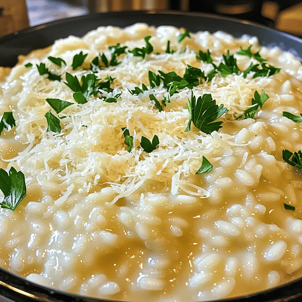 - 1 cup Arborio rice - 4 cups low-sodium vegetable broth - 1 medium onion, finely chopped - 3 cloves garlic, minced - 2 tablespoons extra virgin olive oil - 1 tablespoon unsalted butter - 1 cup freshly grated Parmesan cheese - 1/2 cup heavy cream - Salt, to taste - Freshly cracked black pepper, to taste - Fresh parsley, finely chopped (for garnish) The key to great risotto is Arborio rice. This rice is starchy, which gives risotto its creamy texture. The low-sodium vegetable broth adds flavor without being too salty. Use fresh garlic for the best aroma and taste. The onion adds sweetness, while the butter and olive oil create a rich base. Heavy cream and Parmesan cheese make it truly decadent. - White wine - Lemon zest - Fresh herbs (like thyme or basil) - Peas or asparagus White wine adds a nice acidity and depth of flavor. A touch of lemon zest brightens the dish and balances the richness. Fresh herbs can elevate the taste, making it feel fresher. Adding peas or asparagus gives a pop of color and nutrition. - Large skillet - Medium saucepan - Wooden spoon or spatula - Ladle - Grater for cheese Using a large skillet helps you stir well, which is key for risotto. A medium saucepan keeps your broth warm without boiling it. A wooden spoon or spatula is gentle on the rice. A ladle makes adding broth easy. A grater is essential for that fresh Parmesan cheese. Start by placing the vegetable broth in a medium saucepan. Heat it over low heat until it simmers gently. You want to keep it warm, but not boiling. This warmth helps the rice cook evenly. In a large skillet, pour in the olive oil and add the butter. Turn on the heat to medium. Once the butter melts, toss in the finely chopped onion. Sauté it for about 3-4 minutes. You want it soft and see-through. Then, add the minced garlic. Stir it for 1 minute. It should smell great, but don’t let it brown. Add the Arborio rice to the skillet with the onion and garlic. Stir it for 2 minutes. You want the rice to look a bit see-through. This step brings out the rice's flavor and helps it cook better. Now, start adding the warm broth. Use a ladle to pour in one scoop at a time. Stir the rice as you add the broth. Wait for each scoop to be mostly soaked up before adding more. This process takes about 20-25 minutes. You want the rice to be creamy and slightly firm, known as al dente. After the rice reaches the right texture, take the skillet off the heat. Next, fold in the heavy cream and the freshly grated Parmesan cheese. Keep stirring until everything blends smoothly. This makes the risotto rich and creamy. Season the risotto with salt and black pepper. Taste it to find your perfect balance. Let it sit for a couple of minutes off the heat. This thickens the risotto a bit. When ready, serve the risotto in bowls. Top with chopped parsley and more Parmesan if you like. Enjoy your delicious dish! To get that creamy risotto, keep stirring! Stirring helps the rice release its starch. This is what gives risotto its smooth texture. Always add broth slowly, one ladle at a time. Wait for the rice to absorb most of the liquid before adding more. This takes about 20-25 minutes. The rice should be al dente, soft on the outside but firm inside. Many cooks rush the broth. Adding too much at once makes the risotto watery. Another mistake is not stirring enough. This can lead to uneven cooking. Garlic can easily burn, so add it after the onion softens. Lastly, don't skip the resting step after cooking. This helps the risotto thicken and develop more flavor. Want to add more flavor? Try sautéing mushrooms with the onions. Fresh herbs like thyme or basil can bring a nice touch too. A splash of white wine before adding broth adds depth. You can also switch the Parmesan for Pecorino Romano for a sharper taste. A squeeze of lemon juice brightens up the dish nicely. If your risotto is too thick, add a bit of warm broth. Stir until it loosens up. For overcooked risotto, it may become mushy. If this happens, try adding some fresh cooked rice to help balance it out. Always taste as you go. It will help you catch issues early. {{image_4}} Mushrooms add a great depth of flavor to your risotto. Use fresh or dried mushrooms for best results. Start by sautéing sliced mushrooms in the oil and butter after the onion. This step brings out their rich taste. Then, follow the main recipe. The earthy flavor of mushrooms pairs well with garlic and Parmesan. Spinach brings vibrant color and nutrition. Add fresh spinach toward the end of cooking. Stir it in right after you mix in the cheese and cream. The spinach wilts quickly and adds a nice texture. This variation is perfect for a light meal. It also boosts the dish's vitamins. Lemon adds a bright, zesty flavor. For this variation, add lemon zest and a splash of lemon juice right before serving. The citrus cuts through the creaminess and adds freshness. It works well with the garlic and cheese. This dish is great for spring or summer meals. Serve it with grilled fish or chicken for a complete meal. To store leftover risotto, let it cool first. Place it in an airtight container. Make sure to cover it tightly. It can stay fresh in the fridge for about 3 days. If you wait too long, the texture will change. Always check for an off smell before using. When you reheat risotto, add a splash of broth or cream. This helps bring back the creamy texture. Heat it slowly over low heat. Stir often to avoid burning. If it's too thick, add more liquid as needed. You want it creamy, not dry. You can freeze risotto for longer storage. Just make sure it’s cool before you freeze it. Use a freezer-safe container or bag. It can last for up to 2 months. To thaw, move it to the fridge overnight. Reheat it gently, adding broth or cream. This keeps the risotto creamy and tasty. Arborio rice is a short-grain rice. It has a high starch content, which helps create a creamy texture in risotto. This rice absorbs liquid well without getting mushy. The grains stay firm and provide a nice bite. That's what makes Arborio perfect for this dish. Yes, you can make risotto without cheese. You can use nutritional yeast for a cheesy flavor. It adds a savory taste and makes the dish vegan. Also, consider adding more herbs or spices to boost flavor. To make it vegetarian, simply use vegetable broth instead of chicken broth. For a vegan option, skip the cheese and heavy cream. Replace the cream with coconut milk or a plant-based cream. This keeps it creamy and rich. Risotto is ready when the rice is creamy and has a slight bite. You should taste it while cooking. Stir it often and check for doneness after about 20 minutes. It should not be hard or mushy. You can serve risotto as a main dish or a side. It pairs well with grilled chicken, shrimp, or roasted vegetables. For a nice touch, add fresh herbs on top. A drizzle of olive oil also enhances the flavor. This blog post covered how to make Creamy Garlic Parmesan Risotto. We discussed the key and optional ingredients, plus the tools needed. I shared step-by-step instructions for cooking this dish, tips for perfect texture, and told you common mistakes to avoid. Variations offer fun twists to try. In the end, this risotto is a simple way to enjoy a creamy meal at home. Try it out and impress your friends and family!