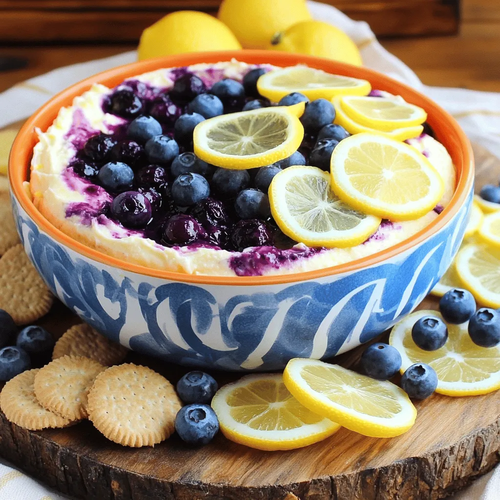 - 1 cup cream cheese, softened to room temperature - 1/2 cup powdered sugar - 1 tablespoon freshly squeezed lemon juice - Zest of 1 medium lemon - 1/2 teaspoon pure vanilla extract - 1 cup blueberry pie filling - 1/2 cup whipped cream To make this dip, you need a few key ingredients. Cream cheese forms the base, giving the dip its rich texture. The powdered sugar adds sweetness and makes it creamy. Fresh lemon juice and zest brighten the flavor. Blueberry pie filling gives it a fruity twist, while whipped cream adds lightness. - Fresh blueberries - Lemon slices - Graham crackers, apple slices, or fruit wedges for dipping Garnishing elevates the dip. Fresh blueberries and lemon slices add color and a hint of tartness. You can choose graham crackers, apple slices, or fruit wedges for dipping. Each option brings a unique taste and texture. Enjoy exploring what you like best! 1. Mixing the cream cheese Start by placing your softened cream cheese in a mixing bowl. Use an electric mixer to beat it on medium speed. Mix until it is smooth and creamy, which takes about 2 to 3 minutes. 2. Incorporating sugar and flavorings Gradually sift in the powdered sugar while mixing. Keep mixing until it all blends well. This step gives the dip a light and fluffy texture. Then, add in the freshly squeezed lemon juice, lemon zest, and pure vanilla extract. Mix until everything is combined. 3. Folding in the whipped cream Take your whipped cream and gently fold it into the mixture. Use a spatula for this. Be careful not to mix too hard. You want to keep that airy feel in your dip. 1. Spreading the first layer Grab a decorative serving dish or bowl. Spread half of your cheesecake dip mixture evenly across the bottom. This creates a nice base for your dip. 2. Adding blueberry pie filling Now, take the blueberry pie filling and spoon it over the first layer. Spread it gently to cover the dip. This layer adds a sweet and fruity flavor. 3. Topping with remaining cheesecake dip Carefully add the rest of your cheesecake dip on top of the blueberry layer. Smooth it out for a nice finish. Optional: You can create a swirl on top with extra blueberry filling for a fun look. 1. Covering and chilling instructions Cover the dip with plastic wrap and place it in the fridge. Chill it for at least 30 minutes. This step helps the flavors come together and makes the dip firmer. 2. Garnishing before serving When you are ready to serve, take the dip out of the fridge. Add fresh blueberries and lemon slices on top for a pop of color. These garnishes make your dip look even more inviting! To start, always use softened cream cheese. This makes it easy to blend. If the cream cheese is too cold, your dip may be lumpy. Next, mix gently. Over-mixing can make the dip too runny. You want it light and fluffy. If you want a firmer texture, chill it before serving. Chilling helps the flavors blend well. Aim for at least 30 minutes in the fridge. A colorful platter makes your dip pop. Use a variety of fruits and snacks for dipping. Arrange graham crackers, apple slices, and strawberries around the dip. This gives a fun and festive look. For extra flair, use fresh blueberries and lemon slices to garnish. They add color and freshness. You can also use small cups for individual servings. This makes it easy for guests to enjoy! {{image_4}} You can change the flavor of this dip easily. Try using different fruit fillings. Strawberries and raspberries work well. They add a fresh twist to the dip. You can even mix fruits for fun tastes. You can also add other citrus flavors. Lime and orange zest can brighten the dip. They create a nice balance with the lemon. Experimenting with flavors makes this treat even more exciting. If you need gluten-free options, swap out the graham crackers. Use gluten-free crackers or fresh fruit slices for dipping. Apples and pears are great choices. They add flavor and crunch. For a vegan option, look for cream cheese made from nuts or tofu. These alternatives taste great and keep the dip creamy. You can still enjoy this treat while meeting dietary needs. After enjoying your lemon blueberry cheesecake dip, store any leftovers in the fridge. Use an airtight container to keep it fresh. This dip stays tasty for up to three days in the refrigerator. If you want to keep it longer, consider freezing it. Can you freeze cheesecake dip? Yes, you can freeze it! Freezing helps you save your dip for later. To freeze, spoon it into a freezer-safe container. Make sure to leave space at the top for expansion. Seal tightly and label it with the date. To thaw, place the container in the fridge overnight. Avoid using the microwave, as this can change the texture. After thawing, gently stir the dip to revive its creamy consistency. Enjoy your cheesecake dip at your own pace! You can keep lemon blueberry cheesecake dip in the fridge for about three days. Make sure to store it in an airtight container. This helps keep the dip fresh and tasty. After three days, the flavors may fade, and the dip may lose its creamy texture. Yes, you can use fresh blueberries instead of pie filling. However, the dip will be less sweet and may need some added sugar. You can mix fresh blueberries with a bit of sugar to enhance the flavor. This gives you a more natural taste and a lovely color. You can use Greek yogurt or silken tofu as a substitute for cream cheese. Greek yogurt adds a creamy texture and tangy flavor. Silken tofu provides a smooth base and is great for vegan options. Just blend it until smooth to match the cream cheese texture. This blog post covered how to make a delicious lemon blueberry cheesecake dip. We discussed the main ingredients, preparation steps, and important tips for success. You learned how to layer and chill the dip, along with variations and storage options. Remember, experimenting with flavors can lead to new favorites. Enjoy this tasty treat with friends or family. It’s easy to make and sure to impress!