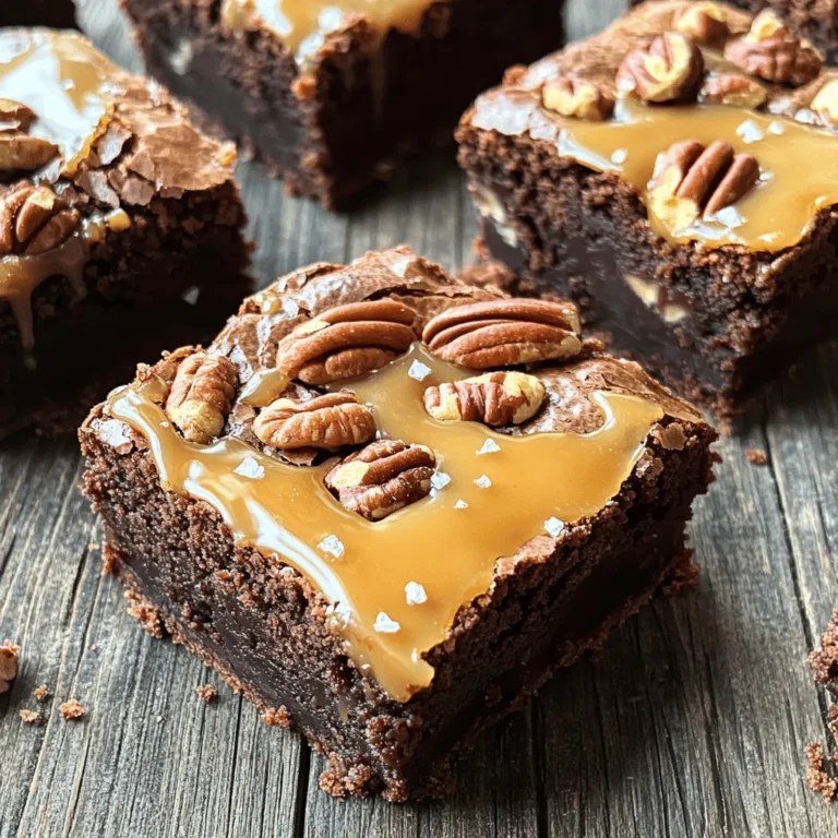 - 1 cup unsalted butter, melted - 2 cups granulated sugar - 1 cup brown sugar, packed - 4 large eggs - 1 teaspoon vanilla extract - 1 ⅓ cups all-purpose flour - ½ cup unsweetened cocoa powder - 1 teaspoon baking powder - ½ teaspoon salt - 1 cup pecans, chopped - 1 cup caramel sauce (store-bought or homemade) - Flaky sea salt for topping When I make caramel pecan pie brownies, I always start with the best ingredients. Each one plays a key role. The unsalted butter gives the brownies their rich flavor. Two kinds of sugar create a sweet balance. Eggs add moisture and binding power. I use all-purpose flour and cocoa powder for a soft, fudgy texture. Baking powder gives them a slight lift. Salt enhances all the sweet flavors and brings everything together. Chopped pecans add crunch and a nutty taste. Finally, caramel sauce gives these brownies a rich, gooey center. Don't forget the flaky sea salt on top! It adds a perfect touch of flavor and looks great too. Make sure you have everything ready before you start. This will help you create the best caramel pecan pie brownies ever! - Set the oven to 350°F (175°C). - Grease and line the baking pan with parchment paper. - Combine melted butter with granulated sugar and brown sugar. - Whisk until the mixture is smooth and glossy. - Add eggs one at a time, mixing well after each. - Stir in the vanilla extract for extra flavor. - Sift together flour, cocoa powder, baking powder, and salt. - Fold this dry mix into the wet ingredients gently. - Fold in the chopped pecans to the brownie batter. - Layer half of the brownie batter in the prepared pan. - Drizzle half of the caramel sauce over the batter. - Add the remaining brownie batter on top and drizzle more caramel. - Use a knife to create swirls for a beautiful effect. - Bake for 30-35 minutes in the preheated oven. - Add flaky sea salt on top after baking for a flavor boost. - Allow the brownies to cool before cutting them into squares. To get the best texture in your brownies, avoid overmixing the batter. Overmixing can make them tough. Mix just until the dry and wet ingredients blend well. Monitor your baking time closely. Start checking at 30 minutes. The toothpick should come out with some moist crumbs but no wet batter. The right caramel sauce can make a big difference. Use high-quality caramel for a rich taste. You can also experiment with different nuts. Try walnuts or almonds instead of pecans. Each nut brings its own flavor twist. These brownies pair well with vanilla ice cream. The cold ice cream balances the warm brownies perfectly. You can also top them with whipped cream for added richness. A drizzle of extra caramel sauce makes them even more special. {{image_4}} If you want a nut-free treat, you can easily switch the pecans. Use chocolate chips instead. Chocolate adds a rich taste that matches well with caramel. You might need to adjust the caramel amount. Less caramel will keep the brownies from being too sweet. For a gluten-free version, swap the all-purpose flour with a gluten-free flour blend. There are many great blends available today. Make sure all other ingredients are certified gluten-free. This way, everyone can enjoy these brownies without worry. To add a twist, try adding espresso powder to the batter. This gives the brownies a nice mocha flavor. A pinch of sea salt mixed in with the batter can also enhance the taste. Salt adds depth and balances the sweetness. These small changes can make a big difference in flavor. To keep your brownies fresh, place them in an airtight container. This helps lock in moisture and flavor. You can store them at room temperature for up to four days. For longer shelf life, refrigerate them. Just note that cold brownies may lose some softness. If you want to save brownies for later, freezing is a great option. First, wrap the brownies tightly in plastic wrap. This prevents freezer burn. Then, place the wrapped brownies in a freezer-safe bag or container. They can stay frozen for up to three months. When you're ready to enjoy your brownies, you have two easy options to thaw them. You can let them sit at room temperature for a few hours. Alternatively, you can put them in the refrigerator overnight. For the best taste, reheat the brownies slightly before serving. A quick zap in the microwave works wonders! Yes, just adjust the added salt in the recipe. Salted butter adds flavor but can make the brownies too salty if you don’t reduce the extra salt. Insert a toothpick; it should come out with a few moist crumbs. If it comes out clean, they may be overbaked. The center should feel set but still soft. Yes, they can be made a day or two in advance. This allows the flavors to meld together, making them even tastier. Use a sharp knife and wipe it clean between cuts. This keeps the edges neat and makes your brownies look perfect. These caramel pecan brownies are rich and easy to make. We covered all the steps, from mixing to baking. Remember to watch your mixing and baking times for the best texture. You can also customize them by trying nut-free or gluten-free options. Don't forget to store any leftovers properly. Enjoy these brownies warm, maybe with ice cream! Your next dessert will impress all your guests. Try these tips and enjoy your delicious creation. Happy baking!