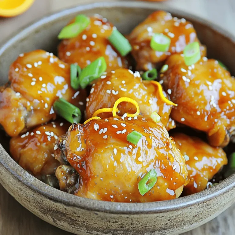 - 1.5 pounds boneless, skinless chicken thighs, cut into bite-sized pieces - 1 cup freshly squeezed orange juice - Zest of 1 large orange - 1/4 cup low-sodium soy sauce - 2 tablespoons honey - 1 tablespoon sesame oil - 2 cloves garlic, minced - 1 teaspoon grated fresh ginger - 2 tablespoons cornstarch - 1/4 cup cold water - 2 green onions, thinly sliced (for garnish) - Sesame seeds (for garnish) To make glazed orange chicken, gather these simple ingredients. Start with 1.5 pounds of boneless, skinless chicken thighs. Cut them into small, bite-sized pieces. This helps the chicken cook quickly and absorb flavors better. Next, you'll need 1 cup of freshly squeezed orange juice. Fresh juice adds a bright taste. Don't forget the zest of 1 large orange. The zest brings a nice aroma and extra orange flavor. For seasoning, you'll want 1/4 cup of low-sodium soy sauce. This gives the dish a savory depth. Add 2 tablespoons of honey for sweetness. Honey balances the tartness of the orange juice perfectly. Use 1 tablespoon of sesame oil for a nutty touch. You'll also need 2 cloves of minced garlic for a strong flavor. Add 1 teaspoon of grated fresh ginger for warmth. For thickening the glaze, gather 2 tablespoons of cornstarch and 1/4 cup of cold water. This mix makes the glaze stick to the chicken. Finally, to serve, have 2 green onions and sesame seeds ready for garnish. They add color and crunch to your dish. With these ingredients, you are all set to create a delicious meal. To start, combine the marinade ingredients in a medium bowl. You will need: - 1 cup freshly squeezed orange juice - Zest of 1 large orange - 1/4 cup low-sodium soy sauce - 2 tablespoons honey - 1 tablespoon sesame oil - 2 cloves garlic, minced - 1 teaspoon grated fresh ginger Whisk these together until smooth. It's key to reserve about 1/4 cup of this mix for glazing later. This step gives your dish a great burst of flavor and a shiny finish. Next, marinate the chicken. Place 1.5 pounds of boneless, skinless chicken thighs in a large zipper-lock bag or a shallow bowl. Pour the marinade over the chicken. Make sure every piece is coated well. Seal the bag or cover the bowl. Let it chill in the fridge for at least 30 minutes. For the best taste, aim for 2 hours. Now, it’s time to cook the chicken. Heat a large skillet or wok over medium-high heat. Take the chicken out of the marinade, letting any extra liquid drip off. Add the chicken to the hot pan. Sear it for about 5 to 7 minutes. You want the chicken to turn golden brown and be cooked through. While the chicken is cooking, prepare the glaze. Use the reserved marinade in a small saucepan. Heat it over medium heat. In another bowl, mix 2 tablespoons of cornstarch with 1/4 cup of cold water until smooth. Slowly add this to the simmering marinade. Stir constantly for about 3 to 5 minutes. This thickens the sauce nicely. Finally, glaze the chicken. Once it’s fully cooked, pour the thickened glaze over the chicken in the skillet. Toss the chicken gently to coat each piece evenly. Let it cook for an extra 1 to 2 minutes, so the glaze sets. For a stunning presentation, serve the chicken hot, garnished with thinly sliced green onions and a sprinkle of sesame seeds. Enjoy your vibrant and flavorful meal! To get the most flavor, use a large zipper-lock bag or a shallow bowl. This way, the chicken gets coated well. Pour in the marinade and seal the bag tight. Shake it gently to spread the mix. Marinate for at least 30 minutes, but 2 hours is best. Longer time means more flavor. Cooking over medium-high heat is key. It allows the chicken to brown nicely. This method seals in the juices. When you cook the chicken right, it stays tender. Make sure to stir it often. This keeps it from sticking and helps it cook evenly. Serve your glazed orange chicken over rice or quinoa. These sides soak up the tasty sauce. Steamed veggies add color and nutrition. For a fun look, stack the chicken high on the plate. Sprinkle green onions and sesame seeds on top for a nice finish. {{image_4}} If you want to switch up the protein, use chicken breast instead of thighs. Chicken breast has less fat and cooks faster. For a vegetarian option, try tofu. Make sure to press the tofu before cooking to remove extra water. For low-sodium soy sauce, you can use coconut aminos. It gives a similar flavor but with less salt. If you want more depth, try using tamari. It is gluten-free and has a rich taste. To boost flavor, add spices like red pepper flakes or black pepper. These spices give a nice kick. You can also try using lime or lemon juice. The tartness adds extra zing to the glaze. If you want a sweeter glaze, use maple syrup or agave nectar. These options provide unique flavors that blend well with the orange. To make this dish healthier, consider using a low-sugar honey. Brands like Stevia or monk fruit honey can work well. These have less sugar but still taste great. For more color and nutrition, add vegetables like bell peppers or snap peas. You can stir-fry them with the chicken or serve them on the side. This adds crunch and freshness to your meal. To keep your glazed orange chicken fresh, place it in an airtight container. Make sure to cool it down first. This helps prevent moisture build-up and keeps the chicken tender. I recommend using glass containers. They are sturdy and help keep flavors intact. Store the chicken in the fridge for up to four days. If you want to freeze the glazed chicken, follow these steps: 1. Allow the chicken to cool completely after cooking. 2. Place it in a freezer-safe bag or container. 3. Remove as much air as possible to prevent freezer burn. 4. Label the bag with the date. 5. Store the chicken in the freezer for up to three months. When you're ready to use it, move the chicken to the fridge for overnight thawing. To reheat the glazed chicken without drying it out, use one of these methods: - Stovetop: Place the chicken in a skillet over low heat. Add a splash of water or broth to keep it moist. Stir occasionally until heated through. - Microwave: Put the chicken in a microwave-safe dish. Cover it with a damp paper towel to trap steam. Heat in short bursts, checking every minute until warm. Aim for a temperature of 165°F for safe eating. Enjoy your meal! You can serve this dish with several tasty sides. Here are some great options: - Steamed jasmine rice - Fried rice with veggies - Quinoa cooked in broth - Stir-fried broccoli or green beans - A fresh garden salad with citrus dressing These sides enhance the flavors of the chicken and add balance to your meal. Yes, you can use other proteins. Here are some options: - Chicken breast: Cook for about 7-10 minutes. - Shrimp: Cook for 3-4 minutes until pink. - Tofu: Use firm tofu, cook for 5-7 minutes. These alternatives will still absorb the tasty orange glaze. You can check doneness without a meat thermometer. Look for these signs: - The chicken is golden brown on the outside. - The juices run clear when you cut into it. - The inside is no longer pink. These tips help ensure your chicken is safe to eat. Yes, you can prepare this dish ahead of time. Here’s how: - Marinate the chicken and store it in the fridge for up to 2 hours. - Cook the chicken and let it cool, then store it in an airtight container. - Keep cooked chicken in the fridge for up to 3 days. These steps save time for busy days and help you enjoy this dish later. This blog post covered the key steps to making glazed orange chicken. We talked about gathering simple ingredients, marinating the chicken, cooking techniques, and plating for a great presentation. You learned tips for enhancing flavor and ensuring juiciness. As you try this recipe, remember it allows for creativity and adaptability. Enjoy your cooking adventure, and don’t hesitate to explore variations or healthy options. You will impress everyone with your tasty dish!