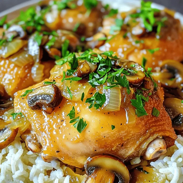 To make Slow Cooker Mushroom Chicken Thighs, gather these items: - 4 bone-in chicken thighs, skin removed - 2 cups fresh mushrooms, sliced (cremini, button, etc.) - 1 medium onion, finely chopped - 3 garlic cloves, minced - 1 cup low-sodium chicken broth - 1 tablespoon soy sauce (or tamari) - 1 tablespoon olive oil - 1 teaspoon dried thyme - 1 teaspoon dried rosemary - Salt and black pepper to taste - Fresh parsley, finely chopped (for garnish) Each ingredient plays a key role in making this dish full of flavor. The chicken thighs provide a juicy base, while the mushrooms add depth. Onions and garlic boost the aroma, making your kitchen smell amazing. The broth keeps everything moist and tasty. Soy sauce gives a nice umami touch, while thyme and rosemary offer herbal notes. Don't forget salt and pepper for that final seasoning. Fresh parsley brightens up the plate and adds a pop of color. These simple ingredients create a delicious meal in your slow cooker. Start by patting the chicken thighs dry with paper towels. This step helps the chicken get a good sear. Next, season both sides of the thighs with salt and pepper. This adds flavor right from the start. In a skillet over medium heat, add olive oil. When the oil shimmers, add the chopped onion and minced garlic. Cook them for about 3-4 minutes. You want them to be translucent and fragrant. Now, fold in the sliced mushrooms. Cook them for another 5 minutes. You want them to soften and release their moisture. This forms a delicious base for your dish. Carefully transfer the mushroom mixture to the bottom of your slow cooker. Nestle the seasoned chicken thighs on top. This layering helps the flavors mix as they cook. In a mixing bowl, whisk together chicken broth, soy sauce, thyme, and rosemary. Make sure everything combines well. Pour this mixture evenly over the chicken and mushrooms. Cover the slow cooker and set it to low for 6-7 hours or high for 3-4 hours. The chicken will be tender and fall off the bone when it’s ready. After cooking, gently remove the chicken and mushrooms. If you want a thicker sauce, mix cornstarch and water in a small bowl. Stir this into the sauce and cook on high for about 15 minutes. Serve the chicken over rice or mashed potatoes, and garnish with parsley. Enjoy your flavorful dish! Using bone-in chicken thighs is a great choice. The bone adds more flavor and keeps the meat juicy. Skin removed helps reduce fat, so you get a lighter dish. Always pat them dry before seasoning. This step helps them sear better and enhances taste. To boost the mushroom flavor, try different varieties. Cremini mushrooms have a rich, earthy taste. Button mushrooms are mild and work well in many dishes. Shiitake mushrooms offer a unique, robust flavor. Mixing these types can create a depth of taste that makes your dish shine. To thicken the sauce, you can make a cornstarch slurry. Mix 1 tablespoon of cornstarch with 2 tablespoons of water. Stir this mixture into the sauce in the slow cooker. Cook on high for about 15 minutes, and the sauce will become thick and glossy. This trick makes your dish feel more gourmet! {{image_4}} To make this dish gluten-free, use tamari instead of soy sauce. Tamari has a rich flavor, similar to soy sauce. It works well in this recipe. Just swap one for the other in the same amount. You can add more veggies for extra nutrition. Carrots and peas are great choices. They bring color and texture to the dish. Simply chop them and add them to the slow cooker with the other ingredients. This not only boosts health but also makes the meal more filling. Want a kick? Add red pepper flakes for a spicy version. Start with a small pinch. You can always add more to suit your taste. This adds warmth and depth to the flavors. You can store leftover Slow Cooker Mushroom Chicken Thighs in the fridge for up to four days. Make sure to place the chicken and mushrooms in an airtight container. This helps keep them fresh and prevents any strong smells from spreading in your fridge. If you want to freeze your leftovers, first let them cool down. Then, place them in a freezer-safe container. Make sure to remove as much air as possible to avoid freezer burn. You can freeze them for up to three months. To reheat, thaw them in the fridge overnight. Then, warm them in the microwave or on the stove until hot. For the best freshness, use glass or BPA-free plastic containers. They work well for both refrigeration and freezing. If you use plastic bags, make sure they are freezer-safe. Always label your containers with the date, so you know when to use them. This keeps your leftovers tasty and safe to eat. Yes, you can use boneless chicken thighs. They will cook faster, about 4-5 hours on low. The texture will be softer, and they may not have the same depth of flavor as bone-in thighs. Bone-in thighs give richer taste and more moisture. If you choose boneless, be careful not to overcook them. I love serving this dish with rice or mashed potatoes. Both sides soak up the sauce well. You could also add steamed veggies or a fresh salad for balance. These sides complement the flavors of the chicken and mushrooms nicely. Check the internal temperature of the chicken. It should be at least 165°F (75°C) to be safe. Look for clear juices when you cut into the chicken. If the juices run pink, it needs more time. The meat should also pull away easily from the bone when it’s fully cooked. Yes, you can use vegetable broth instead. This is great for a lighter flavor. If you don’t have broth, mix water with some seasoning, like salt and herbs. This will help add flavor to your dish. You’ve learned to make a delicious slow cooker mushroom chicken dish. We covered the key ingredients, step-by-step instructions, and storage tips. Remember, bone-in chicken thighs add great flavor. You can adjust the recipe by adding more veggies or spices. Use these tips to make it your own. Enjoy cooking this meal for yourself or loved ones. With these simple steps, you’ll impress everyone at the table. Happy cooking!
