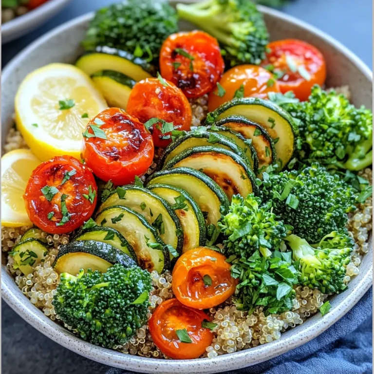 To make Garlic Herb Roasted Veggie Quinoa Bowls, gather these key ingredients: - 1 cup quinoa, thoroughly rinsed and drained - 2 cups vegetable broth or water - 1 medium zucchini, cut into bite-sized dice - 1 bell pepper (red or yellow), chopped into small pieces - 1 cup cherry tomatoes, halved for sweetness - 1 cup broccoli florets, cut into small bite-sized pieces These ingredients create a hearty base for your bowls. Quinoa offers protein and fiber, while the veggies add color and nutrition. Flavor is key in this dish. Use these seasonings to enhance the taste: - 3 tablespoons extra virgin olive oil - 4 cloves garlic, finely minced - 1 teaspoon dried oregano - 1 teaspoon dried basil - Sea salt and freshly cracked black pepper to taste - Juice of ½ lemon, to brighten flavors The olive oil brings richness, while garlic and herbs add depth. The lemon juice gives a fresh kick, making every bite pop. Add a finishing touch with these optional garnishes: - ¼ cup fresh parsley, finely chopped for garnish Fresh parsley not only looks good but also adds a burst of flavor. You can also sprinkle some crumbled feta cheese for extra creaminess. This simple yet delicious combo makes Garlic Herb Roasted Veggie Quinoa Bowls a delight for any meal. Enjoy making and tasting this dish! Start by preheating your oven to 425°F (220°C). This heat will help roast the veggies to perfection. While the oven warms up, gather your ingredients. You will need quinoa, a mix of colorful veggies, olive oil, garlic, and herbs. In a medium saucepan, combine 1 cup of rinsed quinoa and 2 cups of vegetable broth or water. Bring this mixture to a boil over medium-high heat. Once it boils, reduce the heat to low and cover the pot. Let it simmer for 15 minutes. After cooking, remove it from the heat and let it sit for another 5 minutes, covered. Fluff the quinoa gently with a fork when ready. While the quinoa cooks, prep your veggies. In a large bowl, mix together diced zucchini, chopped bell pepper, halved cherry tomatoes, and broccoli florets. In a small bowl, whisk together 3 tablespoons of olive oil, 4 minced garlic cloves, 1 teaspoon of dried oregano, 1 teaspoon of dried basil, sea salt, and black pepper. Pour this mix over the veggies and toss them well. Spread them on a baking sheet in a single layer. Roast in the oven for 20-25 minutes. Stir the veggies halfway through for even cooking. Once both the quinoa and roasted veggies are ready, it’s time to build your bowls. Start with a hearty scoop of quinoa at the bottom. Layer on a colorful mix of roasted vegetables. Drizzle fresh lemon juice over the top and add a sprinkle of chopped parsley for a fresh touch. This dish not only looks good but tastes fantastic too! To cook quinoa well, rinse it first. This step removes any bitter taste. Use a medium saucepan. Combine one cup of rinsed quinoa with two cups of vegetable broth or water. Bring it to a boil over medium-high heat. Once boiling, lower the heat and cover it. Let it simmer for about 15 minutes. The quinoa will absorb the liquid and look fluffy. After cooking, let it sit covered for five more minutes. Fluff it gently with a fork before serving. Roasting brings out the best flavors in vegetables. Start by cutting them into similar sizes. This helps them cook evenly. Preheat your oven to 425°F (220°C). Toss your veggies in olive oil and seasonings. I like to use garlic, oregano, and basil. Spread them in a single layer on a baking sheet. Avoid crowding them, as this can lead to steaming. Roast for 20-25 minutes, stirring halfway through. Look for tender and caramelized edges for the best taste. When serving your quinoa bowls, consider adding a squeeze of fresh lemon juice. It brightens the flavors. You can also sprinkle chopped fresh parsley over the top. For extra texture, try adding crumbled feta cheese or toasted nuts. If you like a bit of kick, drizzle some hot sauce or add chili flakes. These little touches can really enhance the dish and make it pop. {{image_4}} You can mix and match vegetables to suit your taste. Here are some great options: - Carrots: They add natural sweetness and crunch. - Sweet potatoes: They bring a creamy texture and rich flavor. - Cauliflower: This veggie roasts well and absorbs flavors nicely. - Asparagus: It cooks quickly and adds a lovely green touch. - Eggplant: It gives a hearty bite and a unique taste. Feel free to get creative! Choose veggies that are in season or that you love. This recipe is already vegan and gluten-free. Quinoa is a fantastic grain that fits both diets. You can enjoy this meal without worry. If you want to make it heartier, add chickpeas or black beans. They boost protein and fiber. You can change the spices and herbs to make it your own. Here are some ideas: - Cumin: It adds warmth and earthiness. - Paprika: Use sweet or smoked for a different flavor. - Thyme: This herb pairs well with roasted veggies. - Chili flakes: If you like heat, add a pinch for spice. Mix and match these spices to find your perfect blend. Cooking is all about fun and discovery! After enjoying your Garlic Herb Roasted Veggie Quinoa Bowls, let leftovers cool. Place them in an airtight container. Store them in the fridge for up to four days. If you want to keep them longer, consider freezing. The frozen bowls can last up to three months. Just make sure to separate the quinoa and veggies if you prefer. When you're ready to eat leftovers, reheat them gently. You can use the microwave or a skillet. To microwave, place the bowl in for two to three minutes. Stir halfway through for even heating. If using a skillet, add a splash of water and cover it. Heat on low for five to seven minutes until warmed through. This step helps keep the veggies tender. For meal prep, make a big batch of quinoa and roasted veggies. Store them separately in the fridge. You can mix and match throughout the week. Add new sauces or dressings each day to keep meals exciting. You can also pack portions in containers for easy grab-and-go lunches. This makes enjoying healthy meals simple and fun! Yes, you can! Grains like brown rice, farro, or bulgur work well. Just adjust the cooking time. Each grain has its own texture and flavor, adding a unique twist to your bowl. Roasted vegetables can last for about 3 to 5 days in the fridge. Store them in an airtight container to keep them fresh. They make a great addition to salads or wraps as leftovers. Absolutely! You can cook the quinoa and roast the veggies ahead of time. Store each in separate containers in the fridge. When ready to eat, just heat them up and assemble your bowl. This makes meal prep easy and fun! This article covered how to make tasty Garlic Herb Roasted Veggie Quinoa Bowls. We explored key ingredients, cooking steps, and useful tips to get it right. I shared ideas for variations, storage, and answers to common questions. As you dive into this recipe, remember: it’s simple, fun, and good for you. Enjoy the fresh flavors and make it your own. Happy cooking!