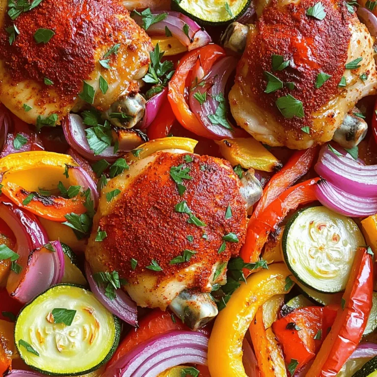 - 4 boneless, skinless chicken thighs - 2 tablespoons smoked paprika - 2 tablespoons extra virgin olive oil Chicken thighs are the star of this dish. They stay juicy and tender. Smoky paprika adds a warm flavor. This spice gives the chicken a beautiful color. Olive oil helps the seasoning stick and adds richness. - 1 red bell pepper, cut into thin strips - 1 yellow bell pepper, cut into thin strips - 1 medium purple onion, sliced into wedges - 2 medium zucchinis, sliced into half-moons For veggies, I like to choose colorful options. Red and yellow bell peppers bring sweetness. Purple onion adds a nice bite. Zucchini gives a lovely texture. Together, they create a vibrant medley that complements the chicken well. - 1 teaspoon garlic powder - 1 teaspoon onion powder - 1 teaspoon dried oregano - 1 teaspoon sea salt - ½ teaspoon freshly ground black pepper The seasoning mix brings all the flavors together. Garlic powder and onion powder enhance taste without overpowering. Dried oregano adds an earthy note. Salt and pepper round out the blend and elevate every bite. First, preheat your oven to 425°F (220°C). This ensures your chicken cooks evenly and gets that nice, crispy texture. While the oven heats up, gather your ingredients to make things easy. In a small mixing bowl, combine the spices. Mix together 2 tablespoons of smoked paprika, 1 teaspoon of garlic powder, 1 teaspoon of onion powder, 1 teaspoon of dried oregano, 1 teaspoon of sea salt, and ½ teaspoon of freshly ground black pepper. Stir well until the spices blend together nicely. Now, pat the chicken thighs dry using a paper towel. This helps the spice mixture stick better. Rub the spice mixture all over the chicken, covering every side. Next, in a large bowl, toss the sliced red and yellow bell peppers, purple onion wedges, and zucchini half-moons with 2 tablespoons of extra virgin olive oil. Make sure all the veggies are coated with oil and seasoning so they taste amazing. Take a large sheet pan and arrange the seasoned chicken thighs in the center. Surround them with the colorful vegetable mix. Spread everything out well. This helps the chicken and veggies cook evenly. Place the sheet pan in your preheated oven. Bake for about 25-30 minutes. You’ll know it’s done when the chicken reaches an internal temperature of 165°F (74°C) and the veggies are tender with caramelized edges. Once cooked, take the sheet pan out and let it rest for a few minutes. This lets the chicken juices settle. Before serving, sprinkle fresh parsley on top for a pop of color! To make sure the chicken is safe to eat, check its internal temperature. The chicken should reach 165°F (74°C). Use a meat thermometer for best results. This ensures it is juicy yet cooked through. When you remove it from the oven, let it rest for a few minutes. This helps keep the juices inside. For tasty veggies, start with fresh ingredients. Season them well with olive oil, salt, and pepper. I like to toss them in a bowl to coat evenly. You can also add herbs or lemon juice for extra zest. Bake until they are tender and slightly caramelized. This brings out their natural sweetness. Serving this dish is simple and fun. You can serve it right from the pan for a rustic look. Just sprinkle fresh parsley on top for color. If you want a fancier feel, use a large platter. Arrange the chicken and veggies nicely, and add more parsley to brighten it up. Both ways look great and taste amazing! {{image_4}} You can change the protein in this dish easily. If you want a lighter option, use chicken breasts. They cook fast and stay juicy. For a plant-based choice, try tofu. Just press and cube it before adding spices. Shrimp is another great option. It cooks quickly and adds a nice flavor. Feel free to switch up the veggies. Use seasonal produce for the best taste. For a spring dish, add asparagus or snap peas. In summer, corn or cherry tomatoes work well. You can also use your favorite veggies. Just make sure they cook at the same rate as the chicken. If you like a kick, add cayenne pepper. Just a pinch can elevate the flavor. You can also play with the smoky paprika. Try sweet paprika for a milder taste. Mix in some chili powder for a different flavor profile. Adjust the spices to fit your taste! After enjoying your smoky paprika chicken and veggies, let the dish cool completely. This step is key. Once cooled, transfer the chicken and veggies to an airtight container. It helps keep the flavors fresh. Store the container in the fridge. This way, you can enjoy your meal for up to three days. When reheating, the goal is to keep the chicken juicy. Preheat your oven to 350°F (175°C). Place the chicken and veggies on a baking sheet. Cover them with foil to keep moisture in. Heat for about 15-20 minutes. Check that the chicken is warm all the way through. This method helps preserve the smoky flavor. If you want to save some for later, freezing is a great option. First, let the dish cool completely. Then, portion the chicken and veggies into freezer-safe bags or containers. Remove as much air as possible before sealing. Label with the date. You can freeze it for up to three months. When you’re ready to eat, thaw in the fridge overnight. Reheat in the oven for a tasty meal. Yes, you can use bone-in chicken. Bone-in chicken will take longer to cook. I recommend adding about 10 to 15 minutes to the baking time. Always check that the chicken reaches 165°F (74°C) for safety. This recipe is naturally gluten-free. Just make sure the spices you use do not contain any gluten. Most spices are safe, but always check the labels. Many sides go well with smoky paprika chicken. Here are some ideas: - Roasted potatoes - Steamed broccoli - A fresh green salad - Quinoa or rice These sides bring balance to the meal and add more color. Adjust cooking time based on size. For smaller pieces, reduce the time by about 5 to 10 minutes. For larger pieces, increase the time by 10 to 15 minutes. Always check for doneness with a meat thermometer. This guide covered how to make a tasty smoky paprika chicken dish. You learned about the main ingredients, the right vegetables, and how to season them. Prepping was simple, with easy steps to follow. I shared tips for perfect cooking and fun variations. Now you can store leftovers and reheat them well. I hope you feel inspired to try this dish at home. Enjoy cooking and sharing it with friends and family!