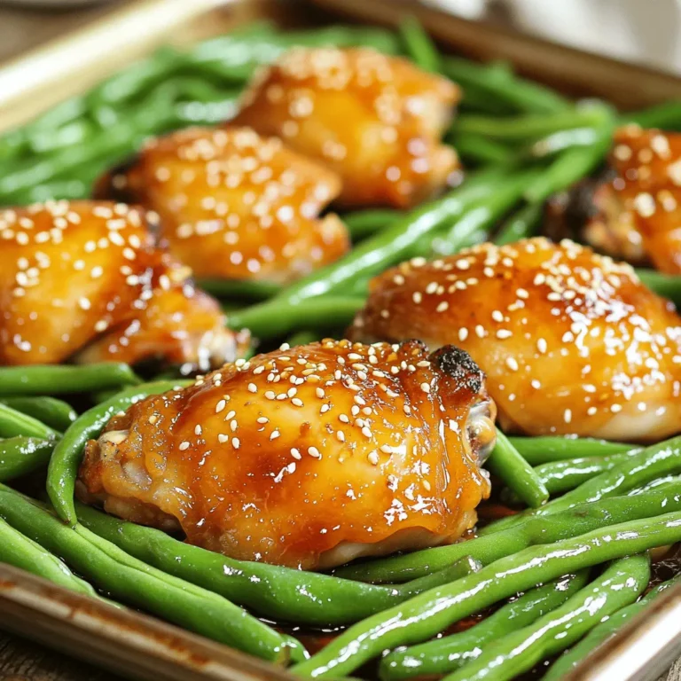 - 4 boneless, skinless chicken thighs - 2 cups fresh green beans, trimmed - 1/4 cup honey - 3 tablespoons soy sauce - 3 cloves garlic, finely minced - 1 tablespoon extra virgin olive oil - 1 teaspoon ground ginger - 1/2 teaspoon freshly cracked black pepper - Sea salt to taste - 1 teaspoon sesame seeds - Fresh herbs like cilantro or parsley Gathering the right ingredients is key to making this dish shine. Chicken thighs bring juicy flavor, while fresh green beans add a nice crunch. Honey and soy sauce together create a sweet and savory sauce that makes every bite special. For the marinade, garlic and ground ginger pack a punch. They give the chicken a deep taste. Olive oil helps the marinade stick to the chicken and adds richness. Black pepper adds a hint of spice, and sea salt brings out all the flavors. I like to finish the dish with sesame seeds and fresh herbs. These optional garnishes not only add texture but also brighten up the plate. You can use cilantro or parsley, depending on your taste. With these ingredients ready, you will set the stage for a meal that is both simple and delightful. 1. First, preheat your oven to 400°F (200°C). This step is key for even cooking. 2. Next, line a large baking sheet with parchment paper. This makes cleanup easy later on. 3. In a mixing bowl, whisk together the following: - 1/4 cup honey - 3 tablespoons soy sauce - 3 cloves garlic, finely minced - 1 tablespoon extra virgin olive oil - 1 teaspoon ground ginger - 1/2 teaspoon freshly cracked black pepper This mixture is your marinade. It will add great flavor to the chicken and green beans. - To marinate chicken thighs properly, use a large resealable plastic bag or a shallow dish. Place the chicken thighs inside. - Pour half of the marinade over the chicken. Make sure each piece is well coated. Seal the bag or cover the dish. - For best flavor, let the chicken marinate in the fridge for at least 30 minutes. If you have more time, two hours is even better. - After marinating, take the chicken from the fridge. Discard any leftover marinade used for the chicken. - Arrange the marinated chicken thighs on the prepared baking sheet. - Use the same bowl with the marinade. Add the trimmed green beans, tossing them to coat well. - Spread the green beans around the chicken on the baking sheet. - Bake everything in your preheated oven for 25 to 30 minutes. Check that the chicken reaches an internal temperature of 165°F (75°C) and is no longer pink in the center. The green beans should stay tender but still have a nice crunch. - Once done, take the baking sheet from the oven. Let the chicken and green beans rest for about 5 minutes. This helps the juices redistribute. - Before serving, sprinkle sesame seeds over the chicken and green beans for added crunch and a nice look. To boost your marinade, try adding a splash of rice vinegar. It adds a tangy kick. You can also mix in some red pepper flakes for heat. Marination time is key. Letting your chicken sit in the marinade for at least 30 minutes helps it soak up those yummy flavors. For the best taste, aim for two hours. This allows the honey and garlic to really shine. To check if your chicken is done, use a meat thermometer. The safe internal temperature is 165°F (75°C). If you don’t have a thermometer, cut into the thickest part. The meat should be white, with no pink inside. For crispy green beans, make sure they are spread out on the sheet pan. If they are crowded, they will steam instead of roast. A little space helps them get nice and crunchy. For a fun twist, serve the dish right on the baking sheet. It looks rustic and inviting. If you want to plate it, add fresh herbs like cilantro or parsley on top. They make the dish pop! Pair your meal with fluffy rice or crispy bread to soak up the sauce. A light salad on the side adds freshness and color to your plate. {{image_4}} You can make this dish healthier by swapping chicken thighs for chicken breasts. Chicken breasts have less fat and still taste great. Try using different vegetables too. Bell peppers and broccoli work well and add color. To boost the taste, add spices or herbs to the marinade. Try using paprika for a smoky flavor or fresh basil for a touch of brightness. You can also incorporate different sauces. Teriyaki sauce or hoisin sauce can give you a new twist on the original recipe. This recipe shines as a sheet pan dinner, but you can switch it up. You may choose stovetop preparation for a quicker meal. If you want a complete dish, make it a one-pot meal with rice or quinoa. Both options soak up the flavors and make it more filling. After enjoying your honey garlic chicken and green beans, store leftovers in the fridge. Use an airtight container to keep the flavors fresh. This dish stays good for up to three days. Make sure to cool it to room temperature before sealing it up. To freeze, pack the chicken and green beans in freezer-safe containers. Leave some space at the top, as the food expands when frozen. You can freeze it for up to three months. When you're ready to eat, defrost it overnight in the fridge. For reheating, bake it at 350°F (175°C) until heated through. When reheating, use the oven or a skillet. This keeps the chicken juicy. For the green beans, add a splash of water in the pan and cover it. This helps them stay crisp. Avoid the microwave, as it can make the beans soggy. Enjoy your meal! Yes, you can use frozen green beans. They will need a bit more time to cook. Frozen beans may also be softer than fresh ones. I suggest cooking them for about 5 extra minutes. This helps them get tender but not mushy. Keep an eye on them to avoid overcooking. If you need a honey substitute, try maple syrup or agave nectar. Both offer sweetness but change the flavor slightly. Maple syrup gives a richer taste, while agave is milder. Use the same amount as honey. You can also try brown sugar, but dissolve it first in a bit of water. To make this dish gluten-free, use gluten-free soy sauce. Many brands offer this option. You can also use coconut aminos as a tasty alternative. Make sure to check labels for hidden gluten in sauces. Keeping the chicken and green beans fresh will help maintain the great flavor. This recipe for marinated chicken thighs with green beans is simple and delicious. You learned about choosing the right ingredients and marinating them to maximize flavor. I shared tips for cooking and serving options that will impress anyone. Don't forget, you can switch up the ingredients for a healthier meal or different flavors. Enjoy storing and reheating leftovers for easy meals later. Remember, cooking should be fun and creative!