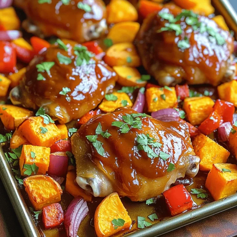 - 4 boneless, skinless chicken thighs - 2 medium sweet potatoes, peeled and diced - 1 red bell pepper, sliced - 1 yellow bell pepper, sliced - 1 red onion, chopped - 1 cup of your favorite BBQ sauce - 2 tablespoons extra virgin olive oil - 1 teaspoon smoked paprika - 1 teaspoon garlic powder - Salt and freshly ground black pepper - Fresh parsley for garnish - Large mixing bowl - Sheet pan - Cooking utensils For this dish, you need simple and fresh ingredients. Start with chicken thighs. They stay juicy and tender. Sweet potatoes add a sweet touch. Bell peppers and onions bring color and crunch. You can choose any BBQ sauce. Use your favorite brand or make your own. The spices add depth and rich flavor. Smoked paprika gives a warm taste. Garlic powder boosts the overall flavor. You will need a large bowl for mixing. A sheet pan is key for even cooking. Use basic cooking utensils to prep your meal. These tools make the process easy and fun. Want to add a pop of color? Fresh parsley works great as a garnish. It adds freshness and looks nice on your plate. - Preheat oven to 425°F (220°C). - In a large mixing bowl, combine the diced sweet potatoes, sliced bell peppers, and chopped onion. - Drizzle the olive oil over the veggies. - Sprinkle with smoked paprika, garlic powder, salt, and pepper. - Toss the vegetables until they are well coated with the seasoning. - Spread the seasoned vegetable mix in a single layer on a large sheet pan. - Add the chicken thighs to the same bowl and ensure they are clean. - Pour half of the BBQ sauce over the chicken. - Toss gently to coat each thigh in the sauce. - Place the BBQ-coated chicken on top of the veggies. - Drizzle the remaining BBQ sauce over the chicken for extra flavor. - Slide the sheet pan into the oven and bake for 25-30 minutes. - Make sure the chicken reaches an internal temperature of 165°F (75°C). - Check that the sweet potatoes are tender and easily pierced with a fork. - If you want a charred texture, switch to broil for 3-5 minutes. - Keep a close eye on it to avoid burning. - Once done, remove the pan from the oven and let it rest for a few minutes. - Garnish with freshly chopped parsley before serving. To ensure your chicken is fully cooked, check the internal temperature. It should reach 165°F (75°C). Use a meat thermometer for accuracy. This ensures juicy chicken and safe eating. For broiling, keep the oven door slightly open. This helps the heat circulate. Watch the chicken closely during broiling. It can char quickly! You can boost the flavor with spices. Try adding cayenne pepper for heat or cumin for earthiness. You can also explore different BBQ sauces. Each sauce adds a unique taste. A honey BBQ sauce will sweeten the dish. A spicy sauce will kick it up a notch! For a rustic look, serve directly from the sheet pan. This makes for an easy cleanup too! Alternatively, plate each piece beautifully. Use colorful dinner plates to highlight the dish. Add a sprig of parsley on top for fresh color. This simple touch makes your meal pop! {{image_4}} You can switch up the chicken thighs for chicken breasts. Breasts cook quickly and stay juicy. If you prefer leaner meat, turkey works well too. For a vegetarian option, use tofu. Just press it to remove excess water. Cut it into cubes and marinate in BBQ sauce to soak up flavor. Feel free to swap the sweet potatoes for butternut squash. Carrots or zucchini add a nice touch too. You can use green beans or broccoli for crunch. Seasonal veggies like asparagus or Brussels sprouts also brighten the dish. Think about what’s fresh and in season for the best taste. Homemade BBQ sauce can take this meal to the next level. You can play with flavors by adding honey or mustard. Try a spicy sauce for a kick or a tangy sauce made with vinegar. Mix things up with a teriyaki glaze or a chipotle BBQ for a smoky twist. To keep your BBQ chicken and sweet potatoes fresh, use these steps: - Refrigeration: Place leftovers in an airtight container. They stay good for up to 3 days in the fridge. - Freezing: For longer storage, freeze in a freezer-safe container. Use within 2 months for best taste. When you're ready to enjoy leftovers, here’s how to reheat them: - Oven: Preheat to 350°F (175°C). Place the dish in the oven for 15-20 minutes. This keeps the chicken juicy. - Microwave: Heat on medium for 2-3 minutes. Check and stir halfway to avoid cold spots. Leftovers from this dish can last: - In the fridge: Up to 3 days. - In the freezer: Up to 2 months. Always label your containers with the date. You can pair this dish with many sides. Here are some tasty options: - Coleslaw: A crunchy, creamy salad that adds freshness. - Corn on the Cob: Sweet corn complements the BBQ flavors well. - Rice: Fluffy rice soaks up the BBQ sauce nicely. - Green Salad: A light salad adds a crisp texture and balance. - Baked Beans: These add a hearty, sweet touch to your meal. Yes, you can prep in advance! Here are some tips: - Chop Veggies: Dice sweet potatoes and slice peppers a day early. - Marinate Chicken: Coat chicken with BBQ sauce and let it sit overnight. - Combine Before Cooking: Just mix all ingredients when ready to cook. - Store in Fridge: Keep prepped ingredients in airtight containers. This way, you save time on busy nights! Absolutely! Feel free to swap in other veggies. Here are some great options: - Broccoli: Adds a nice crunch and green color. - Zucchini: Softens well and soaks up flavors. - Carrots: Sweet and colorful; they roast perfectly. - Cauliflower: A great low-carb choice that adds flavor. Using seasonal veggies keeps your dish fresh and exciting! This blog post covers a delicious BBQ chicken and sweet potato sheet pan recipe. You learned about key ingredients, step-by-step instructions, and tips for best results. Variations allow for creativity with proteins and vegetables. Proper storage maintains your leftovers’ freshness. In conclusion, this dish is easy to make, tasty, and adaptable. It’s perfect for busy days or gatherings. Enjoy cooking and sharing this meal with others!