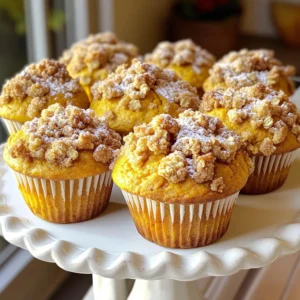 - 1 ½ cups all-purpose flour - 1 teaspoon baking powder - ½ teaspoon baking soda - ½ teaspoon salt - 1 teaspoon ground cinnamon - ½ teaspoon ground nutmeg - ½ teaspoon ground ginger - 1 cup canned pumpkin puree - ¾ cup granulated sugar - ½ cup brown sugar, packed - ½ cup vegetable oil - 2 large eggs - 1 teaspoon vanilla extract - ½ cup chopped pecans - ½ cup all-purpose flour - ⅓ cup brown sugar, packed - ¼ cup rolled oats - ½ teaspoon ground cinnamon - ¼ cup cold butter, cubed Gather all these ingredients before you start. This makes cooking easy and fun. The dry ingredients create the base of the muffins. They give the muffins structure. The wet ingredients add moisture and flavor. The optional pecans give a nice crunch if you choose to use them. The streusel topping adds a sweet, crumbly finish. Using fresh spices adds more flavor. Ground spices are best for this recipe. You can mix and match the spices to suit your taste. Try adding more cinnamon or nutmeg for a richer flavor. Ensure your baking powder and baking soda are fresh. This helps the muffins rise well. Use canned pumpkin puree for ease, but fresh pumpkin also works. Just make sure to cook and puree it well. You can change the nuts in the recipe too. Walnuts or almonds are great choices. This step will give your muffins a unique twist. Enjoy choosing your ingredients! First, set your oven to 350°F (175°C). This temp helps the muffins bake evenly. Next, prepare your muffin tin. Line it with paper liners or grease it well. This step stops the muffins from sticking. In a large bowl, combine the dry ingredients. Whisk together the flour, baking powder, baking soda, salt, cinnamon, nutmeg, and ginger. Make sure they mix well. In another bowl, mix the wet ingredients. Combine the pumpkin puree, granulated sugar, brown sugar, and vegetable oil. Stir until everything is smooth. Add the eggs and vanilla extract. Mix again until it is fully blended. Slowly add the dry mix to the wet mix. Use a spatula to gently stir until just combined. It’s okay if you see some lumps. If you like, fold in the chopped pecans for extra crunch. In a small bowl, mix the streusel ingredients. Combine flour, brown sugar, rolled oats, and ground cinnamon. Cut in the cold butter with your fingers or a pastry cutter. Aim for a crumbly texture. This topping will add a nice crunch. Now, fill your muffin tin with the batter. Spoon the batter into each cup until they are about ¾ full. Sprinkle the streusel topping generously over each muffin. This will give them a sweet, crunchy finish. Place the muffin tin in the preheated oven. Bake the muffins for 18-22 minutes. To check if they are done, insert a toothpick into the center of a muffin. If it comes out clean, they’re ready. Let the muffins cool in the pan for about 5 minutes. Then, move them to a wire rack to cool completely. This helps the flavors mix well. For a lovely presentation, serve them warm with a dusting of powdered sugar. Arrange them nicely on a wooden board or a pretty platter. Enjoy them with your favorite warm drink for a cozy treat! To get that perfect bakery-style texture, measuring your ingredients is key. Use a scale if you can, or use the spoon-and-level method for flour. This helps avoid dense muffins. Overmixing the batter can lead to tough muffins. Mix just until the dry and wet ingredients blend. A few lumps are okay. This keeps the muffins light and fluffy. Spices can boost the flavor of your muffins. Try adding a pinch of cloves or allspice for warmth. You can also mix in chocolate chips or dried cranberries for extra sweetness. Toppings can make your muffins shine. Consider adding a sprinkle of chopped nuts or a drizzle of icing. Both options add texture and flavor. Baking muffins at the right temperature is vital. Preheat your oven to 350°F (175°C) for even cooking. Fill your muffin tin about three-quarters full for best results. This allows the muffins to rise without spilling over. Check for doneness by inserting a toothpick. If it comes out clean, your muffins are ready! {{image_4}} You can make these muffins gluten-free! Use a gluten-free all-purpose flour blend. Check if it has xanthan gum; if not, add about 1 teaspoon. This helps mimic the texture of regular flour. To make these muffins vegan, replace the eggs with flax eggs. Mix 1 tablespoon of ground flaxseed with 2.5 tablespoons of water for each egg. Let it sit until it thickens. For dairy, swap the vegetable oil with melted coconut oil or any plant-based oil. Want to change the flavor? You can use sweet potato puree instead of pumpkin. Swap spices for others like allspice or cardamom for a new twist. Adding chocolate chips or dried cranberries can also give a fun burst of flavor! To keep your pumpkin streusel muffins fresh, store them in an airtight container. Place parchment paper between layers to prevent sticking. Keep them at room temperature for up to three days. For longer freshness, refrigerate them in a sealed bag. If you want to store muffins for a longer time, freezing is a great option. Let the muffins cool completely. Wrap each muffin tightly in plastic wrap and place them in a freezer-safe bag. They will stay good for up to three months. When you are ready to enjoy them, simply thaw the muffins in the fridge overnight. To warm the muffins, preheat your oven to 350°F (175°C). Place the muffins on a baking sheet and heat them for about 5-10 minutes. You can also use a microwave for quick reheating. Just heat each muffin for about 20-30 seconds. Enjoy them warm for the best taste! To make your muffins light and airy, use room temperature eggs. They mix better. Mix the wet ingredients well before adding them to the dry ones. Be careful not to overmix your batter. A few lumps are okay. This helps keep the muffins tender. Also, ensure your baking powder and soda are fresh. They help the muffins rise nicely. Yes, you can use fresh pumpkin. Start by choosing a sugar pumpkin. Cut it in half and remove the seeds. Roast the halves in the oven at 350°F for about 45 minutes, or until soft. Scoop the flesh and mash it until smooth. Use this fresh puree in your recipe. These muffins stay fresh for about three days at room temperature. Store them in an airtight container. If you want them to last longer, you can freeze them. They freeze well for up to three months. Just let them cool completely before freezing. Absolutely! To make mini muffins, use a mini muffin tin. Fill each cup about halfway. Bake for 12-15 minutes. Check for doneness by inserting a toothpick. They should come out clean. Enjoy your bite-sized treats! This blog shared a detailed recipe for perfect muffins. We discussed dry and wet ingredients, optional add-ins, and a tasty streusel topping. I provided step-by-step instructions for baking, plus tips for a great texture and flavor. You learned about variations for diets and storage ways to extend freshness. With these tips, you can enjoy delicious muffins anytime. Happy baking and enjoy every bite!
