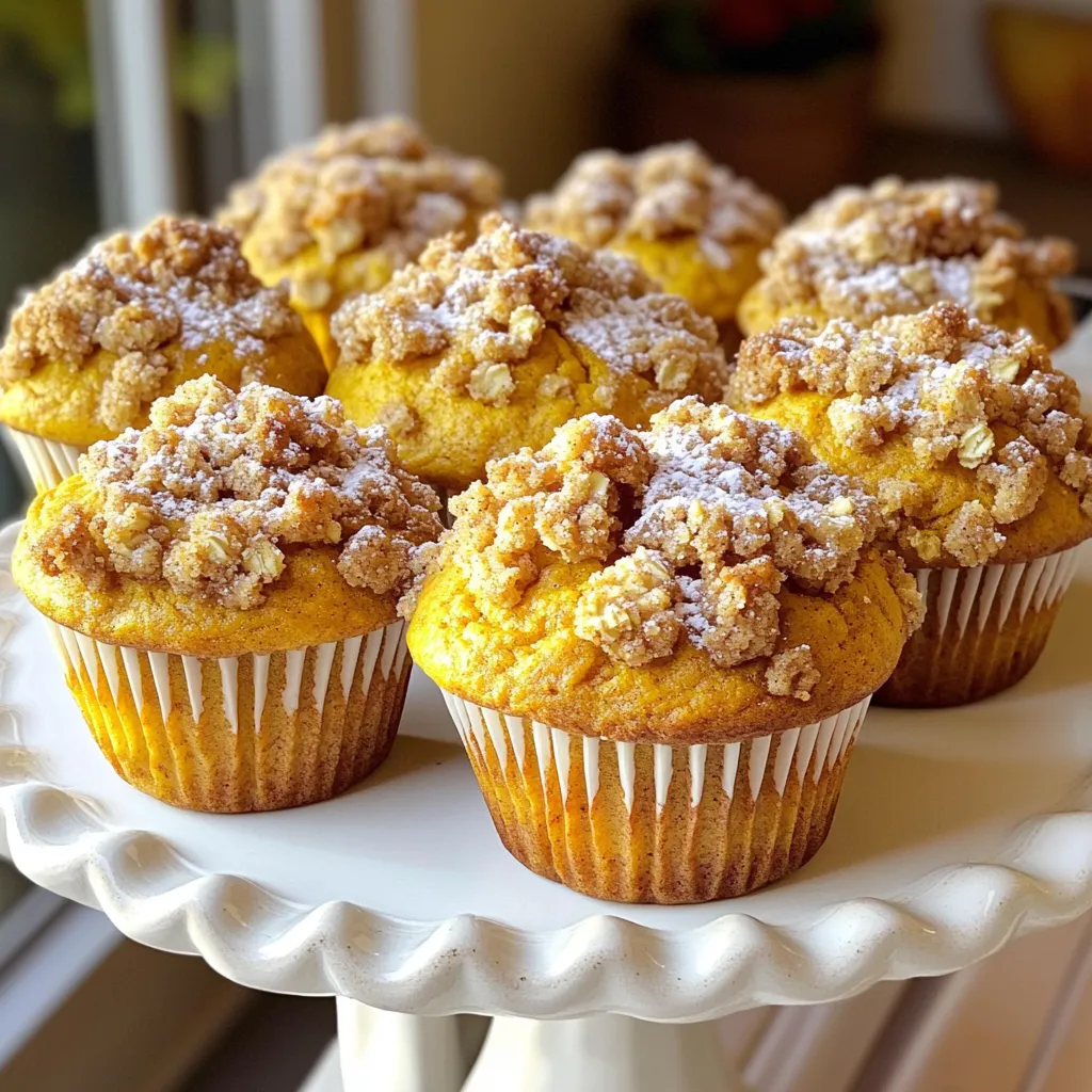 - 1 ½ cups all-purpose flour - 1 teaspoon baking powder - ½ teaspoon baking soda - ½ teaspoon salt - 1 teaspoon ground cinnamon - ½ teaspoon ground nutmeg - ½ teaspoon ground ginger - 1 cup canned pumpkin puree - ¾ cup granulated sugar - ½ cup brown sugar, packed - ½ cup vegetable oil - 2 large eggs - 1 teaspoon vanilla extract - ½ cup chopped pecans - ½ cup all-purpose flour - ⅓ cup brown sugar, packed - ¼ cup rolled oats - ½ teaspoon ground cinnamon - ¼ cup cold butter, cubed Gather all these ingredients before you start. This makes cooking easy and fun. The dry ingredients create the base of the muffins. They give the muffins structure. The wet ingredients add moisture and flavor. The optional pecans give a nice crunch if you choose to use them. The streusel topping adds a sweet, crumbly finish. Using fresh spices adds more flavor. Ground spices are best for this recipe. You can mix and match the spices to suit your taste. Try adding more cinnamon or nutmeg for a richer flavor. Ensure your baking powder and baking soda are fresh. This helps the muffins rise well. Use canned pumpkin puree for ease, but fresh pumpkin also works. Just make sure to cook and puree it well. You can change the nuts in the recipe too. Walnuts or almonds are great choices. This step will give your muffins a unique twist. Enjoy choosing your ingredients! First, set your oven to 350°F (175°C). This temp helps the muffins bake evenly. Next, prepare your muffin tin. Line it with paper liners or grease it well. This step stops the muffins from sticking. In a large bowl, combine the dry ingredients. Whisk together the flour, baking powder, baking soda, salt, cinnamon, nutmeg, and ginger. Make sure they mix well. In another bowl, mix the wet ingredients. Combine the pumpkin puree, granulated sugar, brown sugar, and vegetable oil. Stir until everything is smooth. Add the eggs and vanilla extract. Mix again until it is fully blended. Slowly add the dry mix to the wet mix. Use a spatula to gently stir until just combined. It’s okay if you see some lumps. If you like, fold in the chopped pecans for extra crunch. In a small bowl, mix the streusel ingredients. Combine flour, brown sugar, rolled oats, and ground cinnamon. Cut in the cold butter with your fingers or a pastry cutter. Aim for a crumbly texture. This topping will add a nice crunch. Now, fill your muffin tin with the batter. Spoon the batter into each cup until they are about ¾ full. Sprinkle the streusel topping generously over each muffin. This will give them a sweet, crunchy finish. Place the muffin tin in the preheated oven. Bake the muffins for 18-22 minutes. To check if they are done, insert a toothpick into the center of a muffin. If it comes out clean, they’re ready. Let the muffins cool in the pan for about 5 minutes. Then, move them to a wire rack to cool completely. This helps the flavors mix well. For a lovely presentation, serve them warm with a dusting of powdered sugar. Arrange them nicely on a wooden board or a pretty platter. Enjoy them with your favorite warm drink for a cozy treat! To get that perfect bakery-style texture, measuring your ingredients is key. Use a scale if you can, or use the spoon-and-level method for flour. This helps avoid dense muffins. Overmixing the batter can lead to tough muffins. Mix just until the dry and wet ingredients blend. A few lumps are okay. This keeps the muffins light and fluffy. Spices can boost the flavor of your muffins. Try adding a pinch of cloves or allspice for warmth. You can also mix in chocolate chips or dried cranberries for extra sweetness. Toppings can make your muffins shine. Consider adding a sprinkle of chopped nuts or a drizzle of icing. Both options add texture and flavor. Baking muffins at the right temperature is vital. Preheat your oven to 350°F (175°C) for even cooking. Fill your muffin tin about three-quarters full for best results. This allows the muffins to rise without spilling over. Check for doneness by inserting a toothpick. If it comes out clean, your muffins are ready! {{image_4}} You can make these muffins gluten-free! Use a gluten-free all-purpose flour blend. Check if it has xanthan gum; if not, add about 1 teaspoon. This helps mimic the texture of regular flour. To make these muffins vegan, replace the eggs with flax eggs. Mix 1 tablespoon of ground flaxseed with 2.5 tablespoons of water for each egg. Let it sit until it thickens. For dairy, swap the vegetable oil with melted coconut oil or any plant-based oil. Want to change the flavor? You can use sweet potato puree instead of pumpkin. Swap spices for others like allspice or cardamom for a new twist. Adding chocolate chips or dried cranberries can also give a fun burst of flavor! To keep your pumpkin streusel muffins fresh, store them in an airtight container. Place parchment paper between layers to prevent sticking. Keep them at room temperature for up to three days. For longer freshness, refrigerate them in a sealed bag. If you want to store muffins for a longer time, freezing is a great option. Let the muffins cool completely. Wrap each muffin tightly in plastic wrap and place them in a freezer-safe bag. They will stay good for up to three months. When you are ready to enjoy them, simply thaw the muffins in the fridge overnight. To warm the muffins, preheat your oven to 350°F (175°C). Place the muffins on a baking sheet and heat them for about 5-10 minutes. You can also use a microwave for quick reheating. Just heat each muffin for about 20-30 seconds. Enjoy them warm for the best taste! To make your muffins light and airy, use room temperature eggs. They mix better. Mix the wet ingredients well before adding them to the dry ones. Be careful not to overmix your batter. A few lumps are okay. This helps keep the muffins tender. Also, ensure your baking powder and soda are fresh. They help the muffins rise nicely. Yes, you can use fresh pumpkin. Start by choosing a sugar pumpkin. Cut it in half and remove the seeds. Roast the halves in the oven at 350°F for about 45 minutes, or until soft. Scoop the flesh and mash it until smooth. Use this fresh puree in your recipe. These muffins stay fresh for about three days at room temperature. Store them in an airtight container. If you want them to last longer, you can freeze them. They freeze well for up to three months. Just let them cool completely before freezing. Absolutely! To make mini muffins, use a mini muffin tin. Fill each cup about halfway. Bake for 12-15 minutes. Check for doneness by inserting a toothpick. They should come out clean. Enjoy your bite-sized treats! This blog shared a detailed recipe for perfect muffins. We discussed dry and wet ingredients, optional add-ins, and a tasty streusel topping. I provided step-by-step instructions for baking, plus tips for a great texture and flavor. You learned about variations for diets and storage ways to extend freshness. With these tips, you can enjoy delicious muffins anytime. Happy baking and enjoy every bite!