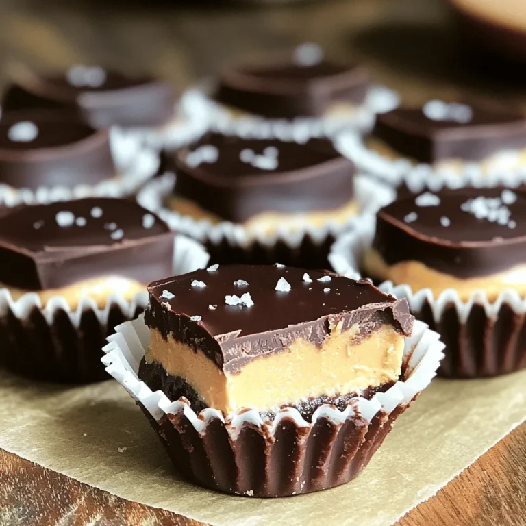 The right ingredients make or break a recipe. Here’s what you need for these peanut butter chocolate fudge cups: - 1 cup natural peanut butter (choose creamy for smoothness or crunchy for texture) - 1 cup dark chocolate chips (70% cacao for a rich flavor) - 1/4 cup pure maple syrup (for natural sweetness) - 1/2 teaspoon pure vanilla extract (to enhance flavor) - 1/4 teaspoon fine sea salt (to elevate taste) - 10 to 12 mini cupcake liners (for easy serving) Choosing quality ingredients is key. Natural peanut butter gives a great taste. Dark chocolate chips add depth and richness. Pure maple syrup offers a sweet touch without extra additives. The vanilla extract enhances flavor, while sea salt brings everything together. Don't forget the mini cupcake liners; they make serving a breeze! Start by placing mini cupcake liners in a muffin tin. This holds your fudge cups while they chill. Make sure to space them evenly. This makes it easy to serve later. In a heat-safe bowl, mix dark chocolate chips with 2 tablespoons of peanut butter. Heat in a microwave for 30 seconds. Stir well after each interval. Stop when the chocolate is smooth and melted. Watch it closely to avoid burning. Use a spoon to add a small amount of melted chocolate to each cupcake liner. Fill them about one-third full. Gently tap the muffin tin on the counter. This helps level the chocolate for a neat look. Place the muffin tin in the freezer for about 10 minutes. This lets the chocolate layer harden completely. Check to ensure it is firm before moving on. In a separate bowl, mix the remaining peanut butter with maple syrup, vanilla extract, and sea salt. Stir until it’s completely smooth. This mixture is key for the next layer. After the chocolate layer is set, take the muffin tin from the freezer. Spoon the peanut butter mixture into each cup. Fill them almost to the rim for a rich treat. If needed, reheat the leftover melted chocolate until it’s smooth. Drizzle it over the peanut butter layer in each cup. Fill them to the top for that perfect finish. Return the muffin tin to the freezer for 15-20 minutes. This step ensures the fudge cups are fully set. They should feel solid when done. When ready to serve, gently pop the fudge cups out of the tin. Peel away the cupcake liners. Arrange them on a platter for an impressive display. Enjoy your delicious homemade treats! Pick natural peanut butter for the best flavor. Creamy peanut butter gives a smooth texture. Crunchy peanut butter adds fun bits. Choose what you like best! Melt chocolate slowly. Use short bursts in the microwave. Stir well between each round. If overheated, chocolate can become grainy. Take your time to keep it smooth. Combine peanut butter, maple syrup, vanilla, and salt in a bowl. Mix until smooth. This step is key for a creamy filling. No lumps should be present for the best taste. Fill the cupcake liners carefully. Start with melted chocolate, then add peanut butter. Level each layer gently. Tapping the tin helps even it out. This ensures each bite is balanced. {{image_4}} Want to add some crunch? You can mix in chopped nuts or seeds. Try walnuts, almonds, or sunflower seeds. They add texture and flavor. Just fold them into the peanut butter mixture before you layer it in the cups. This small change can make a big difference. Feel like mixing it up? You can swap peanut butter for almond butter or cashew butter. Each nut butter gives a unique taste. Almond butter adds a hint of sweetness, while cashew butter is creamy and mild. This swap keeps the recipe fun and fresh. Chocolate lovers can experiment with different types. Use milk chocolate for a sweeter treat. If you like dark chocolate, try 85% cacao for a richer flavor. You can also use white chocolate for a fun twist. Each type brings its own charm to the fudge cups. If you're looking for vegan or gluten-free options, it's easy! Use a vegan chocolate brand and maple syrup for sweetness. Make sure your peanut butter is pure and gluten-free. These small changes allow everyone to enjoy these tasty treats without worry. To keep your fudge cups fresh, store them in an airtight container. This will prevent them from drying out and losing their rich taste. Make sure they cool completely before sealing them. Use a glass or plastic container with a tight lid. A container that is not too big is best. This will help keep the fudge cups from shifting around. You can also use parchment paper between layers to avoid sticking. These fudge cups last for about one week in the fridge. If you want to keep them longer, you can freeze them. They stay good for up to three months in the freezer. Wrap each fudge cup in plastic wrap before freezing. This will keep them fresh and tasty. When you want to enjoy them, just take them out and let them thaw in the fridge. Yes, you can make these fudge cups ahead of time. They store well in the fridge for up to a week. You can also freeze them for longer storage. Just make sure to wrap them tightly in plastic wrap or place them in an airtight container. When you’re ready to enjoy them, thaw in the fridge for a few hours. The best way to melt chocolate is in the microwave. Use a heat-safe bowl and microwave the chocolate chips in short bursts. Heat for 30 seconds, stir, and repeat until smooth. This method helps keep the chocolate from burning. Stirring often ensures even melting and nice texture. Yes, you can substitute maple syrup with honey or agave syrup. Both options will keep your fudge cups sweet. If you prefer a low-calorie option, try a sugar-free syrup. Just remember that different sweeteners may alter the taste and texture slightly. To make these fudge cups healthier, use natural sweeteners like honey or stevia. You can also use dark chocolate with higher cacao content for less sugar. For a nut-free option, you can swap peanut butter with sunflower seed butter. Adding nuts or seeds can boost nutrition too! This post covered how to make delicious Peanut Butter Chocolate Fudge Cups. We discussed the ingredients, step-by-step instructions, and tips to perfect your creation. You can also experiment with variations and learn how to store them well. Remember, choosing quality ingredients matters. Making these treats is fun and easy. Enjoy sharing them with friends and family, or savor them on your own! Dive into your kitchen and start creating!