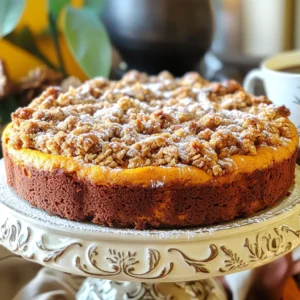 - 2 cups all-purpose flour - 1 teaspoon baking powder - 1 teaspoon baking soda - 1 teaspoon ground cinnamon - ½ teaspoon ground nutmeg - ¼ teaspoon ground ginger - ½ teaspoon salt I start with all-purpose flour, which gives the cake its structure. Baking powder and baking soda help it rise. The spices—cinnamon, nutmeg, and ginger—add warmth and flavor. - 1 cup granulated sugar - ½ cup unsalted butter, softened - ½ cup brown sugar for streusel Granulated sugar sweetens the cake. Unsalted butter creates a rich texture. Brown sugar in the streusel adds a nice, caramel-like taste and crunch. - 1 cup pumpkin puree - 2 large eggs - ½ cup chopped walnuts or pecans (optional) Pumpkin puree keeps the cake moist and adds its unique flavor. Eggs bind everything and give it structure. You can add walnuts or pecans for crunch, but they are optional. First, preheat your oven to 350°F (175°C). This step makes sure your cake bakes evenly. Next, get your 9x13 inch baking pan ready. Grease it with non-stick spray or softened butter. This helps the cake come out easily after baking. In a large bowl, add 2 cups of all-purpose flour. Then, mix in 1 teaspoon of baking powder, 1 teaspoon of baking soda, and ½ teaspoon of salt. Add 1 teaspoon of ground cinnamon, ½ teaspoon of ground nutmeg, and ¼ teaspoon of ground ginger. Use a whisk to blend these dry ingredients well. This helps to spread the flavors throughout the cake. In another bowl, cream together ½ cup of softened unsalted butter and 1 cup of granulated sugar. Use a hand mixer or a stand mixer for this step. Beat them together until the mixture looks light and fluffy. This usually takes about 3 to 5 minutes. Properly creamed butter and sugar help give your cake a great texture. Now, it's time to add 1 cup of pumpkin puree to the creamed mixture. Mix until it’s fully combined. After that, add 2 large eggs, one at a time. Make sure to beat well after each egg. Then, stir in 1 teaspoon of vanilla extract. This will add a lovely aroma to your batter. Gradually add the dry ingredients to the pumpkin mixture. Mix gently just until everything is combined. Be careful not to overmix, as this can make your cake tough. If you want to add nuts, like ½ cup of chopped walnuts or pecans, now is the time to fold them in. For the streusel topping, mix together ½ cup of packed brown sugar, ¼ cup of all-purpose flour, and 1 teaspoon of ground cinnamon in a small bowl. Pour in ¼ cup of melted butter and ¼ cup of rolled oats. Use a fork or your fingers to combine until it looks like coarse sand. This will give your cake a nice crunchy topping. Evenly sprinkle the streusel over the batter in the pan. Place the pan in your preheated oven. Bake for 30 to 35 minutes. To check for doneness, insert a toothpick into the center of the cake. If it comes out clean or with just a few moist crumbs, your cake is ready. After baking, cool the cake in the pan for about 10 minutes. Then, transfer it to a wire rack to cool completely before slicing. To get a soft and moist cake, don’t overmix the batter. When you add the dry mix to the wet mix, stir gently. Just bring them together until it’s smooth. Overmixing can lead to a tough texture. That’s not what we want! Want to boost the flavor? Try adding more spices! A pinch of allspice or cloves can add warmth. You can also add a bit of vanilla extract to deepen the taste. Experiment and find what makes your taste buds dance! This coffee cake pairs perfectly with coffee. A warm cup of coffee enhances its flavors. You can also serve it with tea or even hot chocolate. It makes for a cozy treat during breakfast or afternoon snacks. Enjoy it fresh from the oven, or let it cool for a lovely dessert! {{image_4}} To make this cake nut-free, swap nuts for seeds. Pumpkin seeds or sunflower seeds work great. Just chop them up a bit and add them to the batter. This keeps the cake crunchy and tasty while making it safe for those with nut allergies. If you want a sweet glaze, mix powdered sugar with a little milk. Start with 1 cup of powdered sugar and add 1-2 tablespoons of milk. Stir until smooth. Drizzle this over the cooled cake for a nice finish. This adds a sweet touch that pairs well with the spices in the cake. Feel free to change the spices based on the season. For a winter twist, add some ground cloves or allspice. If you want to use a different squash, try butternut or acorn squash instead of pumpkin. These swaps give you a fresh take on the classic recipe while still keeping it delicious. To keep your pumpkin streusel coffee cake fresh, store it at room temperature. Place it in an airtight container to avoid drying out. If you plan to eat it within a few days, this method works great. For added freshness, you can also cover the cake with plastic wrap. If you want to save some for later, freezing is a good option. First, let the cake cool completely. Then, cut it into slices for easy serving. Wrap each slice tightly in plastic wrap. Place the wrapped slices in a freezer-safe bag or container. This way, you can enjoy your cake for up to three months. When you're ready to enjoy your cake again, reheating brings it back to life. You can use the microwave for quick results. Heat a slice for 15-20 seconds. For a crunchy topping, use the oven. Preheat it to 350°F (175°C), then bake the slice for about 10 minutes. This method warms the cake and keeps the streusel nice and crisp. Yes, you can use fresh pumpkin. Start with a small pumpkin. Cut it in half and scoop out the seeds. Roast the halves in the oven until soft, about 45 minutes at 350°F. Let it cool, then scoop out the flesh. Blend it until smooth. This fresh puree can replace canned pumpkin in the recipe. It may have a lighter flavor, so adjust spices if needed. To check if the cake is done, insert a toothpick into the center. If it comes out clean or with a few moist crumbs, the cake is ready. You can also gently press the top with your finger. It should spring back if it is baked. Avoid overbaking, as this can make the cake dry. Yes, you can prepare it ahead of time. Bake the cake and let it cool completely. Wrap it in plastic wrap or aluminum foil. Store it at room temperature for up to two days. For longer storage, keep it in the fridge for up to a week. You can also freeze the cake for up to three months. Just thaw it in the fridge overnight before serving. If you need an egg substitute, use unsweetened applesauce. Use 1/4 cup of applesauce for each egg. Another option is mashed banana or flaxseed meal. For flaxseed, mix 1 tablespoon with 2.5 tablespoons of water. Let it sit for a few minutes. These substitutes will keep the cake moist and tasty, but may change the flavor slightly. This article covered the key ingredients for your pumpkin coffee cake, your step-by-step guide, and helpful tips. You learned how to combine flavors and textures for a delicious treat. Remember to follow the baking instructions closely for the best results. Enjoy experimenting with variations and storage tips to keep your cake fresh. With this knowledge, you can create a tasty dessert that impresses anyone. Happy baking!