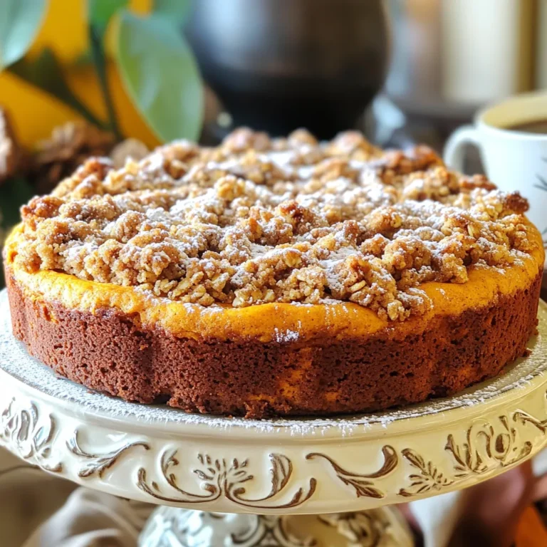 - 2 cups all-purpose flour - 1 teaspoon baking powder - 1 teaspoon baking soda - 1 teaspoon ground cinnamon - ½ teaspoon ground nutmeg - ¼ teaspoon ground ginger - ½ teaspoon salt I start with all-purpose flour, which gives the cake its structure. Baking powder and baking soda help it rise. The spices—cinnamon, nutmeg, and ginger—add warmth and flavor. - 1 cup granulated sugar - ½ cup unsalted butter, softened - ½ cup brown sugar for streusel Granulated sugar sweetens the cake. Unsalted butter creates a rich texture. Brown sugar in the streusel adds a nice, caramel-like taste and crunch. - 1 cup pumpkin puree - 2 large eggs - ½ cup chopped walnuts or pecans (optional) Pumpkin puree keeps the cake moist and adds its unique flavor. Eggs bind everything and give it structure. You can add walnuts or pecans for crunch, but they are optional. First, preheat your oven to 350°F (175°C). This step makes sure your cake bakes evenly. Next, get your 9x13 inch baking pan ready. Grease it with non-stick spray or softened butter. This helps the cake come out easily after baking. In a large bowl, add 2 cups of all-purpose flour. Then, mix in 1 teaspoon of baking powder, 1 teaspoon of baking soda, and ½ teaspoon of salt. Add 1 teaspoon of ground cinnamon, ½ teaspoon of ground nutmeg, and ¼ teaspoon of ground ginger. Use a whisk to blend these dry ingredients well. This helps to spread the flavors throughout the cake. In another bowl, cream together ½ cup of softened unsalted butter and 1 cup of granulated sugar. Use a hand mixer or a stand mixer for this step. Beat them together until the mixture looks light and fluffy. This usually takes about 3 to 5 minutes. Properly creamed butter and sugar help give your cake a great texture. Now, it's time to add 1 cup of pumpkin puree to the creamed mixture. Mix until it’s fully combined. After that, add 2 large eggs, one at a time. Make sure to beat well after each egg. Then, stir in 1 teaspoon of vanilla extract. This will add a lovely aroma to your batter. Gradually add the dry ingredients to the pumpkin mixture. Mix gently just until everything is combined. Be careful not to overmix, as this can make your cake tough. If you want to add nuts, like ½ cup of chopped walnuts or pecans, now is the time to fold them in. For the streusel topping, mix together ½ cup of packed brown sugar, ¼ cup of all-purpose flour, and 1 teaspoon of ground cinnamon in a small bowl. Pour in ¼ cup of melted butter and ¼ cup of rolled oats. Use a fork or your fingers to combine until it looks like coarse sand. This will give your cake a nice crunchy topping. Evenly sprinkle the streusel over the batter in the pan. Place the pan in your preheated oven. Bake for 30 to 35 minutes. To check for doneness, insert a toothpick into the center of the cake. If it comes out clean or with just a few moist crumbs, your cake is ready. After baking, cool the cake in the pan for about 10 minutes. Then, transfer it to a wire rack to cool completely before slicing. To get a soft and moist cake, don’t overmix the batter. When you add the dry mix to the wet mix, stir gently. Just bring them together until it’s smooth. Overmixing can lead to a tough texture. That’s not what we want! Want to boost the flavor? Try adding more spices! A pinch of allspice or cloves can add warmth. You can also add a bit of vanilla extract to deepen the taste. Experiment and find what makes your taste buds dance! This coffee cake pairs perfectly with coffee. A warm cup of coffee enhances its flavors. You can also serve it with tea or even hot chocolate. It makes for a cozy treat during breakfast or afternoon snacks. Enjoy it fresh from the oven, or let it cool for a lovely dessert! {{image_4}} To make this cake nut-free, swap nuts for seeds. Pumpkin seeds or sunflower seeds work great. Just chop them up a bit and add them to the batter. This keeps the cake crunchy and tasty while making it safe for those with nut allergies. If you want a sweet glaze, mix powdered sugar with a little milk. Start with 1 cup of powdered sugar and add 1-2 tablespoons of milk. Stir until smooth. Drizzle this over the cooled cake for a nice finish. This adds a sweet touch that pairs well with the spices in the cake. Feel free to change the spices based on the season. For a winter twist, add some ground cloves or allspice. If you want to use a different squash, try butternut or acorn squash instead of pumpkin. These swaps give you a fresh take on the classic recipe while still keeping it delicious. To keep your pumpkin streusel coffee cake fresh, store it at room temperature. Place it in an airtight container to avoid drying out. If you plan to eat it within a few days, this method works great. For added freshness, you can also cover the cake with plastic wrap. If you want to save some for later, freezing is a good option. First, let the cake cool completely. Then, cut it into slices for easy serving. Wrap each slice tightly in plastic wrap. Place the wrapped slices in a freezer-safe bag or container. This way, you can enjoy your cake for up to three months. When you're ready to enjoy your cake again, reheating brings it back to life. You can use the microwave for quick results. Heat a slice for 15-20 seconds. For a crunchy topping, use the oven. Preheat it to 350°F (175°C), then bake the slice for about 10 minutes. This method warms the cake and keeps the streusel nice and crisp. Yes, you can use fresh pumpkin. Start with a small pumpkin. Cut it in half and scoop out the seeds. Roast the halves in the oven until soft, about 45 minutes at 350°F. Let it cool, then scoop out the flesh. Blend it until smooth. This fresh puree can replace canned pumpkin in the recipe. It may have a lighter flavor, so adjust spices if needed. To check if the cake is done, insert a toothpick into the center. If it comes out clean or with a few moist crumbs, the cake is ready. You can also gently press the top with your finger. It should spring back if it is baked. Avoid overbaking, as this can make the cake dry. Yes, you can prepare it ahead of time. Bake the cake and let it cool completely. Wrap it in plastic wrap or aluminum foil. Store it at room temperature for up to two days. For longer storage, keep it in the fridge for up to a week. You can also freeze the cake for up to three months. Just thaw it in the fridge overnight before serving. If you need an egg substitute, use unsweetened applesauce. Use 1/4 cup of applesauce for each egg. Another option is mashed banana or flaxseed meal. For flaxseed, mix 1 tablespoon with 2.5 tablespoons of water. Let it sit for a few minutes. These substitutes will keep the cake moist and tasty, but may change the flavor slightly. This article covered the key ingredients for your pumpkin coffee cake, your step-by-step guide, and helpful tips. You learned how to combine flavors and textures for a delicious treat. Remember to follow the baking instructions closely for the best results. Enjoy experimenting with variations and storage tips to keep your cake fresh. With this knowledge, you can create a tasty dessert that impresses anyone. Happy baking!