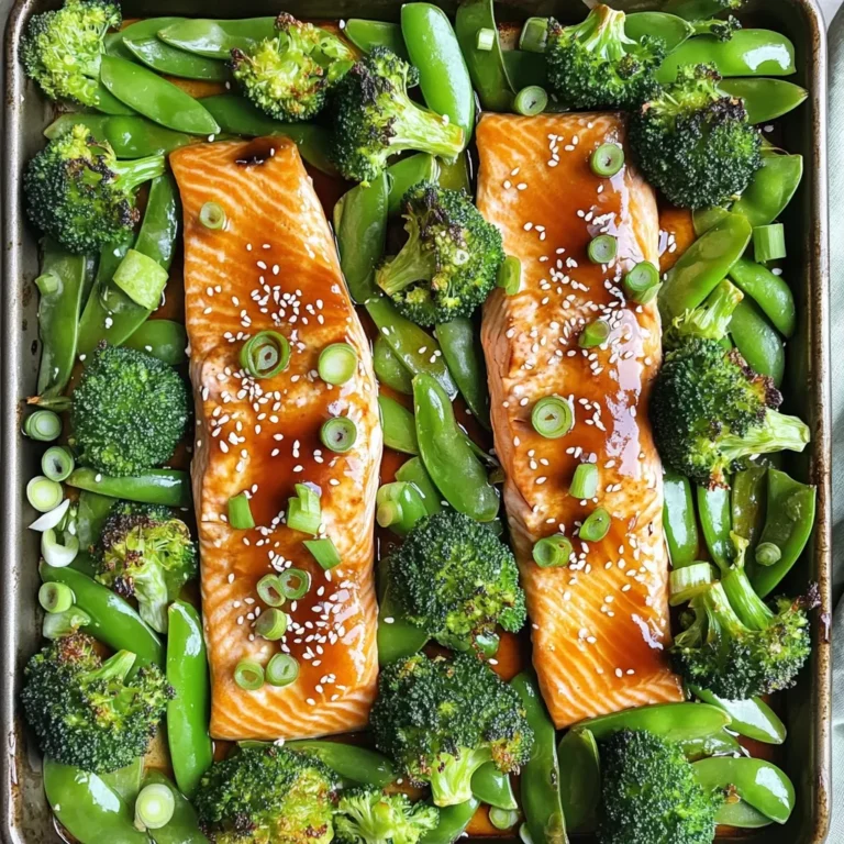 - 4 salmon fillets (approximately 6 oz each) - 2 cups fresh broccoli florets - 1 cup sugar snap peas - 1/4 cup teriyaki sauce (store-bought or homemade) - 2 tablespoons sesame oil - 1 teaspoon fresh ginger, finely minced - 2 cloves garlic, finely minced - 1 tablespoon honey or maple syrup (for sweetness) - 1 tablespoon sesame seeds (to garnish) - 3 green onions, thinly sliced (for garnish) - 1 tablespoon honey or maple syrup (for added sweetness) Gather these ingredients to make a tasty meal. Salmon is rich in omega-3 fats, making it good for your heart. Broccoli and sugar snap peas add crunch and color to your plate. The teriyaki sauce gives a sweet and savory flavor that everyone loves. The ginger and garlic in the marinade add a nice kick. Don't forget the optional garnishes! The sesame seeds and green onions bring extra flavor and look stunning on the plate. - Set your oven to 400°F (200°C). This is the perfect heat for cooking the salmon and veggies. - To make cleanup easy, line a large baking sheet with parchment paper. This keeps everything from sticking and saves time. - In a small bowl, combine the teriyaki sauce, sesame oil, minced ginger, minced garlic, and honey or maple syrup. These flavors work together to create a rich taste. - Whisk the mixture well until it is smooth. This ensures even flavor when you coat the salmon and veggies. - Place the salmon fillets skin-side down on one side of the baking sheet. This helps keep the salmon moist. - Sprinkle a pinch of salt and freshly cracked black pepper on each fillet. Then, coat the salmon with half of the marinade using a brush or spoon. - On the other side of the sheet pan, spread out the broccoli florets and sugar snap peas. Drizzle the rest of the marinade over these veggies and toss them gently. You want every piece to be coated well. - Transfer the sheet pan to your preheated oven and bake for 12-15 minutes. Keep an eye on it! - The salmon should turn opaque and flake easily with a fork. The veggies will be tender and slightly caramelized, adding great flavor. - After baking, remove the pan from the oven. Sprinkle sesame seeds and sliced green onions on top for a fresh touch. - If you like, drizzle some extra teriyaki sauce over everything before serving. This adds more flavor and makes the dish look beautiful. How do you check for doneness? To check the salmon, look for a color change. It should be opaque. Use a fork to see if it flakes easily. This means it is done. If you have a thermometer, the inside should reach 145°F (63°C). What are tips for maintaining moisture? Keeping the salmon moist is key. Use the marinade well. Coat the salmon before cooking. This adds flavor and moisture. Also, bake it skin-side down. This helps keep the fish juicy. What are best practices for crisp-tender broccoli? To get crisp-tender broccoli, cut florets evenly. This helps them cook at the same time. Toss them in the marinade before baking. This adds flavor and helps with cooking. How do you manage the cooking time? Broccoli cooks quickly. Add it to the sheet pan at the same time as the salmon. Bake for 12-15 minutes. This way, the veggies stay bright and crunchy. What are suggestions for homemade teriyaki sauce? You can make teriyaki sauce at home. Mix soy sauce, honey, and a splash of rice vinegar. Add minced ginger and garlic for flavor. This gives you a fresh taste. How do you adjust sweetness levels? If you like it sweeter, add more honey or maple syrup. Start with a tablespoon. Taste it and add more if you want. You can also balance sweetness with a bit of vinegar. {{image_4}} You can use many different vegetables in this dish. Seasonal veggies make it fun and fresh. Think about adding bell peppers, zucchini, or asparagus. They cook well and add great colors. To boost your greens, toss in some spinach or kale. These greens add nutrients and taste. If salmon isn't your favorite, try chicken or tofu. Both options cook nicely with the same marinade. For chicken, use boneless, skinless thighs or breasts. Bake them for about 20-25 minutes. Tofu works well too; just press it first to remove water. Cut it into cubes, and bake for 15-20 minutes. Both swaps keep the dish tasty and satisfying. Want to spice things up? Add red pepper flakes for heat or lemon zest for zing. You could also squeeze fresh lime or orange juice over the dish before serving. This brightens the flavors. If you love sauces, try adding hoisin or sweet chili sauce for a twist. These enhancements make the dish even more exciting! To keep your sheet-pan teriyaki salmon and broccoli fresh, store leftovers right after they cool. Place the salmon and veggies in airtight containers. Make sure to separate them if possible. This helps to keep the flavors fresh. Refrigerate them within two hours of cooking. They will stay good for about three days. When reheating salmon, use methods that keep it moist. One great way is to use the microwave. Place the salmon on a plate with a damp paper towel on top. Heat it in short bursts, checking often. Another option is to reheat it in an oven at 275°F for about 15 minutes. For the broccoli, you can quickly stir-fry it in a pan with a little oil. This will help it stay crisp. You can freeze this dish, but it’s best to do so right after cooking. Allow the salmon and veggies to cool fully. Then, wrap them tightly in plastic wrap and place them in freezer bags. Make sure to remove as much air as you can. To thaw, place the frozen meal in the fridge overnight. For reheating, use the oven or microwave, just like before. You can tell salmon is done when it turns opaque. It should also flake easily with a fork. - Signs of doneness: Look for a light pink color inside. It should not be shiny or raw. - Using a thermometer: For best results, use a food thermometer. Aim for an internal temperature of 145°F (63°C). Yes, you can use frozen salmon and veggies, but cooking time will change. Frozen items take longer to cook. - Impact on cooking time: Add about 5 minutes to the baking time. Check for doneness carefully. - Thawing tips: Thaw salmon in the fridge overnight. For veggies, rinse under warm water until thawed. This recipe works great for meal prep. You can cook and store it easily. - Recommendations for meal prep: Prepare the dish in advance. Divide into meal-sized portions. - Best storage practices: Use airtight containers. Store in the fridge for up to three days. This recipe highlights fresh salmon, vibrant vegetables, and a tasty marinade. I explained how to bake everything perfectly and offered tips to keep your dish moist. You can swap proteins or try new vegetables if you want variety. Don't forget to store leftovers correctly to enjoy later. By following these steps, you will create a flavorful, healthy meal that you and your family will love. Dive in and make this dish your own!