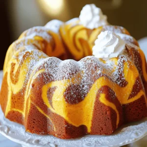 To make this delightful cake, you need the following ingredients: - 2 cups all-purpose flour - 1 teaspoon baking powder - 1 teaspoon baking soda - 1 teaspoon ground cinnamon - ½ teaspoon ground nutmeg - ½ teaspoon ground ginger - ½ teaspoon salt - 1 cup granulated sugar - ½ cup brown sugar, packed tightly - 1 cup vegetable oil - 4 large eggs, at room temperature - 1 can (15 oz) pumpkin puree - 1 teaspoon vanilla extract For the cream cheese filling: - 8 oz cream cheese, softened to room temperature - ⅓ cup powdered sugar - 1 large egg, at room temperature - 1 teaspoon vanilla extract If you want to switch things up, here are some great swaps: - Flour: You can use whole wheat flour for a nuttier flavor. - Sugar: Brown sugar can be replaced with coconut sugar for a lower glycemic index. - Oil: Applesauce works well as a substitute for oil, offering moisture and fewer calories. - Pumpkin puree: If you don’t have pumpkin, you can use mashed sweet potatoes instead. - Cream cheese: For a lighter option, use Greek yogurt in the filling. Choosing the best ingredients makes a big difference. Here are my tips: - Pumpkin puree: Look for 100% pure pumpkin with no added sugars or spices. - Spices: Fresh ground spices give more flavor than pre-ground ones. Check the date on the jar. - Dairy: Use full-fat cream cheese for a rich filling. It will blend smooth and creamy. - Eggs: Choose large eggs that are fresh. Check the date for the best quality. These simple steps will bring a lot of flavor and joy to your pumpkin cream cheese bundt cake! Start by preheating your oven to 350°F (175°C). This step is key for even baking. Next, grab a 10-cup Bundt pan. Grease it well with butter or cooking spray. Then, dust the pan with flour. This helps to keep the cake from sticking. In a medium bowl, mix the dry ingredients. Combine 2 cups of all-purpose flour, 1 teaspoon baking powder, 1 teaspoon baking soda, 1 teaspoon ground cinnamon, ½ teaspoon ground nutmeg, ½ teaspoon ground ginger, and ½ teaspoon salt. Whisk them together until they blend well. Set this bowl aside. In a larger bowl, combine 1 cup granulated sugar, ½ cup brown sugar, and 1 cup vegetable oil. Whisk these ingredients until they are smooth. Then, add 4 large eggs, one at a time. Mix well after each egg. Now, stir in 1 can (15 oz) of pumpkin puree and 1 teaspoon of vanilla extract. Ensure everything is blended together. Gradually add the dry mixture to the wet ingredients. Use a spatula or wooden spoon to fold them in gently. Be careful not to overmix; you want a nice batter with some texture. For the cream cheese filling, beat 8 oz of softened cream cheese in a separate bowl. Add ⅓ cup powdered sugar, 1 large egg, and 1 teaspoon of vanilla extract. Mix until it is smooth and creamy. Now, it's time to assemble the cake. Pour half of the pumpkin batter into the prepared Bundt pan. Spread it evenly. Carefully spoon the cream cheese filling over this layer, keeping it centered. Next, top it with the remaining pumpkin batter. Spread it gently to cover the cream cheese layer. To create a marbled effect, use a knife or skewer. Gently swirl through the batter without overmixing. Place the Bundt pan in the oven and bake for 50-60 minutes. Check for doneness by inserting a toothpick; it should come out clean with a few moist crumbs. Once baked, let the cake cool in the pan for about 15 minutes. After that, carefully invert the pan onto a wire rack. This will release the cake. Allow it to cool completely before serving. To get a great Bundt cake, start with key tips. Use fresh ingredients. Check your baking powder and soda for freshness. Measure flour correctly; too much can make it dense. Mix gently when combining wet and dry ingredients. This keeps the cake light and fluffy. Avoid overmixing, as this can lead to a tough texture. Also, be sure to grease and flour your Bundt pan well. This step helps the cake to release easily after baking. Watch out for common baking mistakes. One big error is skipping the oven preheat. Always preheat your oven before you bake. This helps the cake rise properly. Another mistake is not using room temperature eggs. Cold eggs don’t mix well, making it hard to create a smooth batter. Finally, don’t open the oven door too soon. This can cause the cake to fall. Wait until the last few minutes to check for doneness. Cooling the cake correctly is key. After baking, let it rest in the pan for about 15 minutes. This allows the cake to set. Next, place a wire rack over the top of the pan. Carefully flip the pan to release the cake. If it doesn’t come out easily, gently shake it. If needed, use a knife to loosen the edges. Once unmolded, let the cake cool completely. This cooling step keeps it moist and prevents it from breaking apart. {{image_4}} You can add extra flavors to your Pumpkin Cream Cheese Bundt Cake. Nuts are a great choice. Chopped walnuts or pecans add crunch. Chocolate chips also work well. They bring a sweet touch to the cake. Think about mixing in some dried cranberries for a fruity twist. Each addition can change the taste and texture. Play around with what you like best! The cream cheese filling is rich and tasty. If you want to switch it up, try a simple glaze. A glaze made from powdered sugar and milk is easy. Just mix until smooth and drizzle it over the cooled cake. For a fall touch, add maple syrup to the glaze. This gives a sweet and warm flavor. You can also use a chocolate ganache for a decadent finish. Each option makes the cake special in its own way. If you want smaller treats, make mini Bundt cakes! Use a mini Bundt pan for individual servings. This way, each guest gets their own cake. The baking time will be shorter—about 25 to 30 minutes will do. Keep an eye on them while they bake. They are perfect for parties or gifts, and kids love them too! To keep your pumpkin cream cheese Bundt cake fresh, store it in an airtight container. This helps keep the moisture in and the cake soft. You can also wrap it tightly with plastic wrap. If you leave it out, it will dry out fast. Store it at room temperature for up to three days. If you want it to last longer, consider freezing it. Freezing cake is a great way to save it for later. First, let the cake cool completely. Then, slice it into pieces for easy serving. Wrap each slice in plastic wrap. After that, put the wrapped slices in a freezer bag or container. This helps keep out air and freezer burn. The cake will stay good for about three months in the freezer. When you’re ready to enjoy it, just thaw it in the fridge overnight. To reheat your cake, preheat your oven to 350°F (175°C). Place the cake or slices on a baking sheet. Cover them with foil to keep them moist. Heat for about 10 to 15 minutes until warmed through. You can also use the microwave. Heat a slice on low power for about 15 to 20 seconds. Add a dollop of whipped cream or a sprinkle of cinnamon before serving for extra flavor! You can use mashed sweet potatoes or butternut squash. Both options bring a similar texture and flavor. Just make sure they are well-cooked and smooth. If you want a lighter option, unsweetened applesauce works too. It will change the flavor but adds moisture. Yes! To make it dairy-free, replace the cream cheese with a plant-based cream cheese alternative. Use a dairy-free yogurt or cashew cream for the filling. For the eggs, you can use flax eggs or a commercial egg replacer. These swaps keep the cake moist and tasty. The cake will stay fresh for about 3 to 5 days when stored properly. Keep it in an airtight container at room temperature. If you want it to last longer, you can freeze it. Wrap it well in plastic wrap and foil before freezing. It can last up to three months in the freezer. Just thaw it in the fridge before serving. This post covered the key steps and tips for making a Pumpkin Cream Cheese Bundt Cake. You learned about essential ingredients, how to mix and bake, and how to avoid common mistakes. We also explored fun variations and best storage practices. Embrace your creativity when personalizing your cake. Keep practicing and soon you'll make the perfect bundt. Enjoy your baking journey and share your delicious creations!