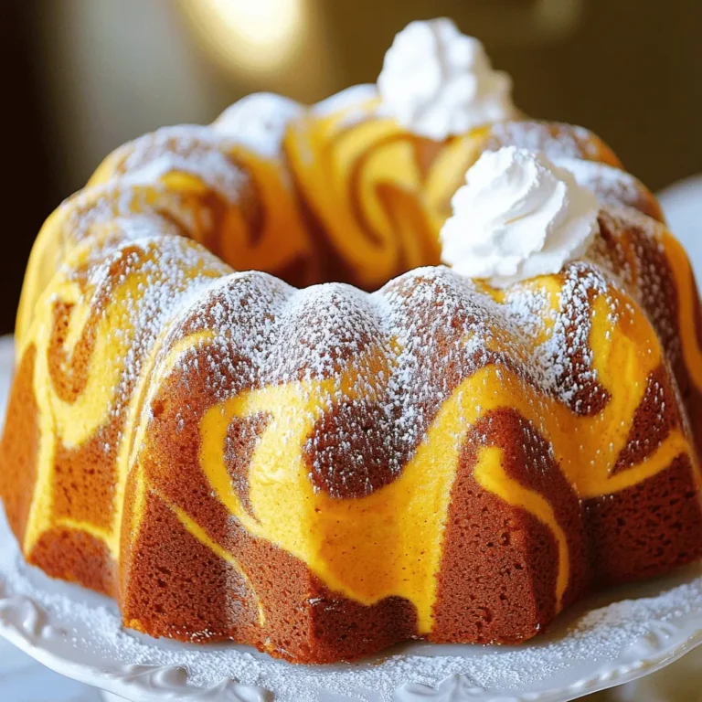 To make this delightful cake, you need the following ingredients: - 2 cups all-purpose flour - 1 teaspoon baking powder - 1 teaspoon baking soda - 1 teaspoon ground cinnamon - ½ teaspoon ground nutmeg - ½ teaspoon ground ginger - ½ teaspoon salt - 1 cup granulated sugar - ½ cup brown sugar, packed tightly - 1 cup vegetable oil - 4 large eggs, at room temperature - 1 can (15 oz) pumpkin puree - 1 teaspoon vanilla extract For the cream cheese filling: - 8 oz cream cheese, softened to room temperature - ⅓ cup powdered sugar - 1 large egg, at room temperature - 1 teaspoon vanilla extract If you want to switch things up, here are some great swaps: - Flour: You can use whole wheat flour for a nuttier flavor. - Sugar: Brown sugar can be replaced with coconut sugar for a lower glycemic index. - Oil: Applesauce works well as a substitute for oil, offering moisture and fewer calories. - Pumpkin puree: If you don’t have pumpkin, you can use mashed sweet potatoes instead. - Cream cheese: For a lighter option, use Greek yogurt in the filling. Choosing the best ingredients makes a big difference. Here are my tips: - Pumpkin puree: Look for 100% pure pumpkin with no added sugars or spices. - Spices: Fresh ground spices give more flavor than pre-ground ones. Check the date on the jar. - Dairy: Use full-fat cream cheese for a rich filling. It will blend smooth and creamy. - Eggs: Choose large eggs that are fresh. Check the date for the best quality. These simple steps will bring a lot of flavor and joy to your pumpkin cream cheese bundt cake! Start by preheating your oven to 350°F (175°C). This step is key for even baking. Next, grab a 10-cup Bundt pan. Grease it well with butter or cooking spray. Then, dust the pan with flour. This helps to keep the cake from sticking. In a medium bowl, mix the dry ingredients. Combine 2 cups of all-purpose flour, 1 teaspoon baking powder, 1 teaspoon baking soda, 1 teaspoon ground cinnamon, ½ teaspoon ground nutmeg, ½ teaspoon ground ginger, and ½ teaspoon salt. Whisk them together until they blend well. Set this bowl aside. In a larger bowl, combine 1 cup granulated sugar, ½ cup brown sugar, and 1 cup vegetable oil. Whisk these ingredients until they are smooth. Then, add 4 large eggs, one at a time. Mix well after each egg. Now, stir in 1 can (15 oz) of pumpkin puree and 1 teaspoon of vanilla extract. Ensure everything is blended together. Gradually add the dry mixture to the wet ingredients. Use a spatula or wooden spoon to fold them in gently. Be careful not to overmix; you want a nice batter with some texture. For the cream cheese filling, beat 8 oz of softened cream cheese in a separate bowl. Add ⅓ cup powdered sugar, 1 large egg, and 1 teaspoon of vanilla extract. Mix until it is smooth and creamy. Now, it's time to assemble the cake. Pour half of the pumpkin batter into the prepared Bundt pan. Spread it evenly. Carefully spoon the cream cheese filling over this layer, keeping it centered. Next, top it with the remaining pumpkin batter. Spread it gently to cover the cream cheese layer. To create a marbled effect, use a knife or skewer. Gently swirl through the batter without overmixing. Place the Bundt pan in the oven and bake for 50-60 minutes. Check for doneness by inserting a toothpick; it should come out clean with a few moist crumbs. Once baked, let the cake cool in the pan for about 15 minutes. After that, carefully invert the pan onto a wire rack. This will release the cake. Allow it to cool completely before serving. To get a great Bundt cake, start with key tips. Use fresh ingredients. Check your baking powder and soda for freshness. Measure flour correctly; too much can make it dense. Mix gently when combining wet and dry ingredients. This keeps the cake light and fluffy. Avoid overmixing, as this can lead to a tough texture. Also, be sure to grease and flour your Bundt pan well. This step helps the cake to release easily after baking. Watch out for common baking mistakes. One big error is skipping the oven preheat. Always preheat your oven before you bake. This helps the cake rise properly. Another mistake is not using room temperature eggs. Cold eggs don’t mix well, making it hard to create a smooth batter. Finally, don’t open the oven door too soon. This can cause the cake to fall. Wait until the last few minutes to check for doneness. Cooling the cake correctly is key. After baking, let it rest in the pan for about 15 minutes. This allows the cake to set. Next, place a wire rack over the top of the pan. Carefully flip the pan to release the cake. If it doesn’t come out easily, gently shake it. If needed, use a knife to loosen the edges. Once unmolded, let the cake cool completely. This cooling step keeps it moist and prevents it from breaking apart. {{image_4}} You can add extra flavors to your Pumpkin Cream Cheese Bundt Cake. Nuts are a great choice. Chopped walnuts or pecans add crunch. Chocolate chips also work well. They bring a sweet touch to the cake. Think about mixing in some dried cranberries for a fruity twist. Each addition can change the taste and texture. Play around with what you like best! The cream cheese filling is rich and tasty. If you want to switch it up, try a simple glaze. A glaze made from powdered sugar and milk is easy. Just mix until smooth and drizzle it over the cooled cake. For a fall touch, add maple syrup to the glaze. This gives a sweet and warm flavor. You can also use a chocolate ganache for a decadent finish. Each option makes the cake special in its own way. If you want smaller treats, make mini Bundt cakes! Use a mini Bundt pan for individual servings. This way, each guest gets their own cake. The baking time will be shorter—about 25 to 30 minutes will do. Keep an eye on them while they bake. They are perfect for parties or gifts, and kids love them too! To keep your pumpkin cream cheese Bundt cake fresh, store it in an airtight container. This helps keep the moisture in and the cake soft. You can also wrap it tightly with plastic wrap. If you leave it out, it will dry out fast. Store it at room temperature for up to three days. If you want it to last longer, consider freezing it. Freezing cake is a great way to save it for later. First, let the cake cool completely. Then, slice it into pieces for easy serving. Wrap each slice in plastic wrap. After that, put the wrapped slices in a freezer bag or container. This helps keep out air and freezer burn. The cake will stay good for about three months in the freezer. When you’re ready to enjoy it, just thaw it in the fridge overnight. To reheat your cake, preheat your oven to 350°F (175°C). Place the cake or slices on a baking sheet. Cover them with foil to keep them moist. Heat for about 10 to 15 minutes until warmed through. You can also use the microwave. Heat a slice on low power for about 15 to 20 seconds. Add a dollop of whipped cream or a sprinkle of cinnamon before serving for extra flavor! You can use mashed sweet potatoes or butternut squash. Both options bring a similar texture and flavor. Just make sure they are well-cooked and smooth. If you want a lighter option, unsweetened applesauce works too. It will change the flavor but adds moisture. Yes! To make it dairy-free, replace the cream cheese with a plant-based cream cheese alternative. Use a dairy-free yogurt or cashew cream for the filling. For the eggs, you can use flax eggs or a commercial egg replacer. These swaps keep the cake moist and tasty. The cake will stay fresh for about 3 to 5 days when stored properly. Keep it in an airtight container at room temperature. If you want it to last longer, you can freeze it. Wrap it well in plastic wrap and foil before freezing. It can last up to three months in the freezer. Just thaw it in the fridge before serving. This post covered the key steps and tips for making a Pumpkin Cream Cheese Bundt Cake. You learned about essential ingredients, how to mix and bake, and how to avoid common mistakes. We also explored fun variations and best storage practices. Embrace your creativity when personalizing your cake. Keep practicing and soon you'll make the perfect bundt. Enjoy your baking journey and share your delicious creations!