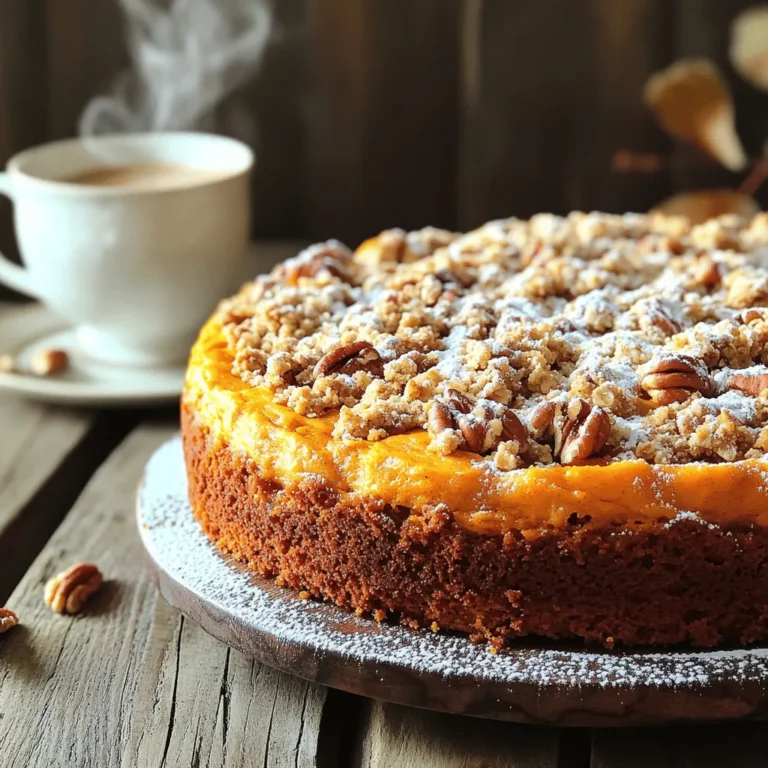 - 1 ½ cups all-purpose flour - 1 cup canned pumpkin puree - ½ cup granulated sugar - ½ cup brown sugar, packed - ⅓ cup vegetable oil - 2 large eggs, at room temperature - 1 teaspoon vanilla extract - 1 teaspoon baking powder - ½ teaspoon baking soda - ½ teaspoon salt - 1 teaspoon ground cinnamon - ½ teaspoon ground nutmeg - ¼ teaspoon ground ginger - ½ cup rolled oats - ½ cup all-purpose flour - ⅓ cup brown sugar, packed - 1 teaspoon ground cinnamon - ¼ cup unsalted butter, melted - ½ cup chopped pecans or walnuts (optional) To make a great pumpkin streusel coffee cake, gather these ingredients first. This cake is moist and full of flavor. The pumpkin puree gives it a rich texture and warmth. The sugars enhance sweetness, while spices add depth. The streusel topping brings a nice crunch. Rolled oats and nuts can make it even better. If you love nuts, add them for extra flavor. The butter in the topping makes it rich and golden. When you have everything, you're ready to bake. Trust me; this cake will be a cozy treat! - Preheat your oven to 350°F (175°C). - Grease the cake pan well with butter or non-stick spray. - In a large bowl, combine pumpkin puree, granulated sugar, brown sugar, oil, eggs, and vanilla. - Whisk these ingredients until smooth. - In a separate bowl, sift flour, baking powder, baking soda, salt, cinnamon, nutmeg, and ginger. - This step adds air and ensures even mixing. - Gradually mix the dry ingredients into the wet mixture. - Stir gently until just combined. Avoid overmixing to keep the cake tender. - In a medium bowl, mix oats, flour, brown sugar, and cinnamon. - Pour in melted butter and stir until it looks like coarse crumbs. - Pour the batter into the prepared pan. - Spread the streusel topping evenly over the batter. - Bake in the oven for 30-35 minutes. Check for doneness with a toothpick. If it comes out clean or with a few crumbs, it's ready. To get the best pumpkin streusel coffee cake, avoid overmixing the batter. Overmixing can make the cake tough. Instead, mix gently until just combined. This keeps it light and fluffy. Another key tip is to use room temperature eggs. They blend better with the other ingredients. This helps create a smooth and even batter. You can enhance the flavor by adding more spices or nuts to the streusel. Try adding chopped pecans or walnuts for crunch. You can also add a pinch of ginger or cloves for extra zest. After baking, dust the top lightly with powdered sugar. This not only adds sweetness but also makes the cake look more inviting. Pair your coffee cake with coffee or whipped cream. The rich flavors of the cake work well with a warm drink. You can serve it warm or at room temperature. Both ways are delicious. Enjoy it as a cozy treat during your next gathering or as a sweet start to your day. {{image_4}} You can easily make this cake gluten-free. Just substitute all-purpose flour with a gluten-free blend. This swap keeps the texture nice while making it safe for those avoiding gluten. Look for a blend that works well in baking. For a vegan option, replace the eggs with flaxseed meal. Mix one tablespoon of flaxseed meal with three tablespoons of water. Let it sit until it thickens. Also, use plant-based butter instead of regular butter. This way, everyone can enjoy a slice! Want to mix things up? Try adding chocolate chips or dried fruit to the batter. Chocolate adds a rich sweetness, while dried fruit gives a chewy texture. Both options enhance the coffee cake and make it even more delicious. Enjoy experimenting with flavors! Store your pumpkin streusel coffee cake in an airtight container at room temperature. This keeps the cake moist and fresh. It will stay tasty for about three days. If you want to keep it longer, consider freezing it. Wrap the coffee cake tightly in plastic wrap. Then, place it in a freezer-safe bag or container. You can freeze it for up to three months. When you are ready to enjoy it, simply take it out and let it thaw. To warm up your cake, use the microwave or the oven. For the microwave, heat a slice for 15-20 seconds. If you prefer the oven, set it to 350°F (175°C). Bake for about 10-15 minutes until warm. This brings back its lovely texture and flavor. Enjoy your cozy treat! Yes, but make sure it's well pureed and not overly watery. Fresh pumpkin can add a nice flavor. To prepare, cook the pumpkin until soft, then blend it until smooth. Drain any excess liquid to keep your cake from becoming soggy. Insert a toothpick into the center of the cake. It should come out clean or with a few crumbs. If the toothpick has wet batter, bake it a bit longer. Keep an eye on it, as ovens can vary. Yes, it can be made a day in advance and stored properly. Let the cake cool completely, then wrap it tightly in plastic. Store it at room temperature. This way, the flavors can blend and deepen. This recipe mixes simple ingredients for a delicious pumpkin coffee cake. Start with wet and dry ingredients, then bake it to perfection. Remember, you can adjust flavors with spices or nuts. Aim for a soft texture by not overmixing. Enjoy it warm, with coffee or cream. For longer shelf life, store or freeze leftovers as needed. I'm excited for you to try this recipe, explore variations, and share with friends. Your baking journey will bring joy to many this season!