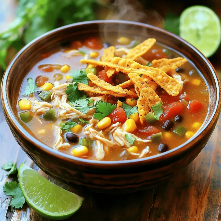 For a warm bowl of chicken tortilla soup, you need: - 1 lb boneless, skinless chicken breasts - 1 can (14.5 oz) diced tomatoes with green chilies - 1 can (15 oz) black beans, rinsed and drained - 1 can (15 oz) corn, drained - 1 small onion, diced - 2 cloves garlic, minced - 4 cups chicken broth These main ingredients create a hearty and filling soup. The chicken adds protein, while the beans and corn bring fiber and sweetness. To spice up your soup, gather these seasonings: - 1 tablespoon chili powder - 1 teaspoon ground cumin - 1 teaspoon smoked paprika - Salt and freshly ground black pepper to taste - 1 tablespoon olive oil These spices give the soup a deep, rich flavor. The chili powder brings heat, while cumin adds warmth. Top your soup with these extras for added flavor: - Tortilla strips for crunch - Shredded cheese (optional) - Fresh cilantro leaves for garnish (optional) These toppings not only enhance the taste but also make your soup look beautiful. Crispy tortilla strips provide texture, while cheese and cilantro add creaminess and freshness. To start, season the chicken breasts well. Use salt, black pepper, chili powder, cumin, and smoked paprika. These spices give the chicken great flavor. Next, heat olive oil in a skillet over medium-high heat. Sear the chicken for 2-3 minutes on each side. You want it to be golden brown. This step adds depth to the dish and locks in moisture. In your slow cooker, add the diced onion and minced garlic first. This creates a tasty base for the soup. Then, pour in the can of diced tomatoes with their juices. Add the rinsed black beans and drained corn next. Finally, pour in the chicken broth. Stir everything to mix the flavors well. Now, carefully place the seared chicken on top of the mixture. Do not stir it in just yet. Cover the slow cooker with its lid. Cook on low for 6-7 hours or on high for 3-4 hours. During this time, the chicken will cook through and become tender. Once your cooking time is complete, remove the lid. Use two forks to shred the chicken right in the slow cooker. This makes it easy to mix with the other ingredients. Stir everything together well. Before serving, squeeze in the fresh lime juice. This brightens the flavors nicely. Ladle the soup into bowls. Top each bowl with crispy tortilla strips and shredded cheese if you like. Add fresh cilantro leaves for a pop of color and flavor. Enjoy your warm and cozy tortilla soup! To start, always season your chicken. Use salt, pepper, chili powder, cumin, and smoked paprika. This adds great taste. Heat olive oil in a skillet over medium-high heat. Sear the chicken for 2-3 minutes on each side. Look for a nice golden brown color. This step helps lock in flavor and keeps the chicken moist. Layering your ingredients is key. Start with diced onion and minced garlic in the slow cooker. This builds a solid flavor base. Add canned diced tomatoes, black beans, corn, and chicken broth next. Stir well to mix. Place your seared chicken on top. Do not stir after that. This helps the chicken infuse flavor into the soup as it cooks. Finish with lime juice just before serving for a bright touch. Don't rush the searing step. It adds depth to your soup. Avoid stirring the chicken in the slow cooker. This keeps it juicy and flavorful. Lastly, watch the cooking time. Cook on low for 6-7 hours or high for 3-4 hours. This ensures tender chicken that's easy to shred. {{image_4}} You can easily make this soup vegetarian. Replace the chicken with diced firm tofu or tempeh. Use vegetable broth instead of chicken broth. Add more beans, like pinto or kidney beans, for protein. You can also add more veggies, such as bell peppers and zucchini, for added flavor and nutrition. For those who enjoy heat, kick up the spice! Add a chopped jalapeño or two when you layer the ingredients. You can also use spicier canned tomatoes, like fire-roasted varieties. A splash of hot sauce or a sprinkle of red pepper flakes will also add a nice kick. Adjust the chili powder to meet your spice level. Feel free to swap ingredients based on your pantry. If you don't have black beans, use pinto beans or chickpeas. Corn can be fresh or frozen if you don’t have canned. If you want a creamier soup, stir in some cream or a dollop of sour cream before serving. You can also add avocado for a creamy texture. After enjoying your soup, let it cool first. Transfer it to an airtight container. This will keep it fresh for a longer time. Store it in the fridge. It can last about 3 to 4 days. Always label your container with the date for easy tracking. When you're ready to enjoy your soup again, reheating is easy. Pour the soup into a pot. Heat it on the stove over medium heat. Stir it often until it warms up completely. You can also use the microwave. Place the soup in a microwave-safe bowl. Heat it in short bursts, stirring in between. This helps to heat it evenly. If you want to save your soup for later, freezing is a great option. Use freezer-safe containers or bags. Make sure to leave some space for expansion. The soup can last up to 3 months in the freezer. When ready to eat, thaw it overnight in the fridge. Then, reheat it using the above methods. Enjoying your soup later will taste just as good! Yes, you can! Use a large pot or a Dutch oven. Cook on the stove over medium heat. Simmer the soup for about 30 to 40 minutes. This method will speed up the cooking time. This soup pairs well with several sides. Consider serving it with: - Cornbread - Rice - Avocado slices - Fresh lime wedges - A simple green salad These options add flavor and texture to your meal. Leftovers stay good for about 3 to 4 days in the fridge. Store them in an airtight container. Make sure to cool the soup completely before sealing it. Absolutely! Chicken thighs are a great choice. They add rich flavor and stay moist. Just adjust the cooking time if using bone-in thighs. Feel free to get creative with this soup! Here are some fun ideas: - Add diced bell peppers for extra crunch. - Use quinoa or rice for a heartier soup. - Swap the black beans for pinto beans. - Mix in some diced jalapeños for heat. These tweaks keep the dish exciting and new! This blog post shared how to make a tasty slow cooker chicken tortilla soup. You learned about the main ingredients, seasonings, and tasty toppings. I explained step-by-step instructions for preparing the chicken and cooking the soup. We covered tips to enhance flavor and avoid mistakes. You also discovered variations like a vegetarian option and how to store leftovers. Now, you have the tools to make this soup a hit at your table. Enjoy your cooking adventure!