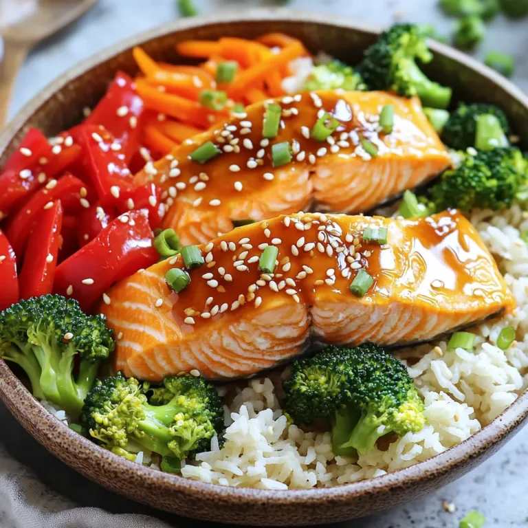 - 4 salmon fillets (approximately 6 oz each) - 1 cup jasmine rice - 2 cups water or low-sodium vegetable broth - 2 tablespoons honey - 3 tablespoons soy sauce - 3 cloves garlic, minced - 1 red bell pepper, sliced - 1 cup broccoli florets - 1 carrot, julienned - 2 green onions, chopped (for garnish) - Sesame seeds (for garnish) - Salt and pepper to taste To make these savory sheet-pan honey garlic salmon rice bowls, we start with fresh, quality ingredients. You will want to choose salmon fillets that are firm and vibrant in color. Each fillet should weigh about 6 oz to ensure a hearty serving. For the rice, jasmine rice adds a lovely aroma and a slightly sticky texture. It pairs perfectly with the salmon. Next, let’s talk about the marinade. Honey adds a sweet touch, while soy sauce gives it depth. Garlic is a must for bold flavor. I recommend using fresh garlic for the best taste. When it comes to vegetables, I like to use a mix of colors and textures. The red bell pepper brings sweetness and crunch. Broccoli florets add a nice green touch, and carrots bring color and a slight sweetness. These veggies complement the salmon well. Don’t forget garnishes! Chopped green onions and sesame seeds add a delightful finish. They not only enhance the look of the dish but also add extra flavor. Make sure you season with salt and pepper to taste. This simple step makes a big difference. Enjoy gathering these ingredients; they will come together to create a delicious meal! - Preheat the oven to 400°F (200°C). This will ensure perfect cooking. - In a small bowl, whisk together honey, soy sauce, garlic, ginger, and sesame oil. Mix well. Set aside half for later. - Take the salmon fillets and place them in a large resealable bag or dish. - Pour the marinade over the salmon, covering each piece. Seal the bag or cover the dish. - Refrigerate for at least 15 minutes. For more flavor, you can marinate up to 2 hours. - Rinse 1 cup of jasmine rice under cold water. Keep rinsing until the water runs clear. - In a medium saucepan, combine the rinsed rice with 2 cups of water or low-sodium vegetable broth. - Bring it to a boil over medium-high heat. Once boiling, reduce to low. Cover and simmer for about 15 minutes. The rice should be tender and fluffy. - On a large sheet pan, spread out sliced red bell pepper, broccoli florets, and julienned carrot. - Drizzle with olive oil and season with salt and pepper. - Toss the vegetables to coat them evenly. - Discard the marinade from the salmon. Place the marinated salmon on the sheet pan with vegetables. - Drizzle the reserved marinade over both the salmon and vegetables. - Bake in the preheated oven for 12-15 minutes. The salmon should be cooked through and flake easily. - Once cooked, fluff the jasmine rice with a fork. - Divide the rice among four serving bowls. - Top each bowl with a piece of honey garlic salmon and a generous serving of roasted vegetables. - Garnish with chopped green onions and sesame seeds before serving. Enjoy your meal! For great salmon, cook it at 400°F (200°C). This high heat helps the salmon cook evenly and stay moist. Look for the fish to flake easily with a fork. An internal temperature of 145°F (63°C) means it’s done. If you like a bit of crispness, cook it a few minutes longer, but watch closely. To amp up the flavor, try adding spices like paprika or chili flakes. Fresh herbs like cilantro or basil can brighten up the dish. A squeeze of lime or lemon juice just before serving adds a zesty kick. Experiment with these options to find what you love most. Rinsing jasmine rice is key for fluffy grains. Wash it under cold water until clear water runs off. This removes excess starch. For cooking, use a ratio of 1 cup rice to 2 cups water or broth. Bring it to a boil, then lower the heat. Cover and simmer for about 15 minutes. Let it sit covered off the heat for fluffier rice. {{image_4}} You can switch up the protein in this dish. Try using trout instead of salmon. Trout has a milder taste and cooks quickly. Chicken is another great choice. Use boneless, skinless chicken thighs for juiciness. If you want a plant-based option, tofu works well too. Just press the tofu to remove extra water for better texture. Each of these proteins absorbs the marinade nicely, bringing great flavor. Feel free to get creative with your veggies. Zucchini or asparagus can replace broccoli. Both roast well and add nice color. Sweet potatoes are another option. They bring a wonderful sweetness and hearty texture. Even green beans can work beautifully here. Just remember to cut them to similar sizes for even cooking. While honey garlic is delicious, you can try new flavors. Teriyaki sauce adds a sweet and savory twist. It pairs well with any protein. Miso paste is another fun option. Mix it with a bit of water to thin it out. This gives a rich, umami flavor. Don't hesitate to experiment with your favorite sauces. Each choice brings a new spin to your rice bowls. You can store leftover salmon rice bowls in the fridge. Use airtight containers to keep them fresh. They will last for about 3 to 4 days. Before refrigerating, let the bowls cool down to room temperature. This helps prevent condensation in the containers. To freeze salmon and rice bowls, first, let them cool completely. Then, place the bowls in freezer-safe containers. Make sure to leave some space at the top for expansion. You can freeze them for up to 3 months. When you're ready to eat, thaw them in the fridge overnight. Reheat your salmon rice bowls in the oven or microwave. For the oven, set it to 350°F (175°C). Place the bowl in for about 15-20 minutes until warm. If using the microwave, heat in short intervals, stirring in between. This helps keep the texture nice. Avoid overheating to prevent dry salmon. Yes, you can use brown rice. However, it takes longer to cook. You should adjust the cooking time to about 40-45 minutes. Make sure to use more water, about 2.5 cups for every cup of brown rice. Rinse the rice under cold water before cooking. This helps remove extra starch and keeps it fluffy. To check if the salmon is done, look for a few signs. The flesh should be opaque and firm. If you gently poke it with a fork, it should flake easily. A good internal temperature for salmon is 145°F (63°C). Use a meat thermometer for accuracy. This ensures your salmon is safe and tasty. These rice bowls pair well with many sides. Try a simple green salad with a light vinaigrette. Steamed edamame also works well. You can add some pickled vegetables for a tangy crunch. If you want more flavor, serve with a side of miso soup. Each option adds a nice touch to your meal. This recipe brings meaty salmon and fresh veggies together in a simple bowl. You saw the easy steps from marinating to baking. Options for flavor and variations let you enjoy it your way. Remember to store any leftovers right to keep them fresh. I hope you try this dish. It is satisfying and full of flavor. Cooking can be fun, and I believe you’ll love this meal!