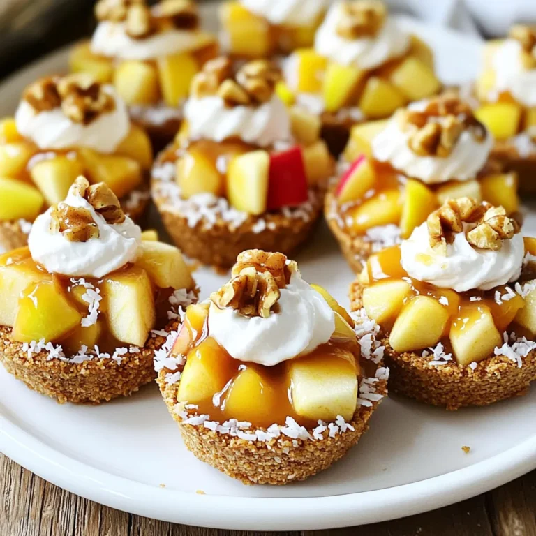 - 1 cup graham cracker crumbs - 1/4 cup unsweetened shredded coconut - 1/2 teaspoon ground cinnamon - 1/4 cup melted coconut oil - 2 medium apples, diced - 1/2 cup caramel sauce - 1 tablespoon fresh lemon juice - 1/4 cup chopped walnuts (optional) - Whipped cream for serving (optional) To make No-Bake Caramel Apple Pie Bites, you need simple ingredients. The graham cracker crumbs form the crust. The shredded coconut adds texture and flavor. Ground cinnamon gives warmth to the bites. Melted coconut oil helps bind the crust. You can choose any two apples you like. Dicing them makes them easy to eat. The caramel sauce provides that sweet, sticky goodness. Fresh lemon juice keeps the apples bright and fresh. If you want, add chopped walnuts for crunch. Finally, whipped cream makes a nice touch on top. Gather these ingredients before you start. This makes the process smooth and fun! Start with a mixing bowl. Combine the graham cracker crumbs, shredded coconut, ground cinnamon, and melted coconut oil. Mix these well. You want a texture that looks like wet sand. This consistency helps the bites hold together. Next, line your muffin cups with parchment paper. This step makes it easy to take the bites out later. Take about 1 tablespoon of your crust mixture. Press it down firmly into the bottom of each cup. Make sure it is compact for the best support. Now, let’s prepare the filling. In another bowl, toss the diced apples with lemon juice and half of the caramel sauce. Coat the apple pieces evenly. Then, spoon this caramel apple filling into the crusts. Fill them just below the rim to avoid any overflow. Finally, drizzle the remaining caramel sauce over the top of each bite. If you like, add chopped walnuts for some crunch. Let the tray chill in the refrigerator for at least 30 minutes. This helps the bites set properly. Once set, carefully remove them from the molds. Serve them chilled, and enjoy! When you make No-Bake Caramel Apple Pie Bites, a solid crust is key. Here are some tips to help: - Compact Crusts: Make sure to press the graham cracker mixture firmly into the molds. This makes the crust strong enough to hold the filling. Think of it like packing a snowball; you want it tight! - Silicone Molds: I love using silicone molds for these bites. They let the bites pop out easily. If you use metal pans, you may need to run a knife around the edges. You can make these bites your own with fun twists: - Flavored Caramel Sauces: Try different caramel sauces for a unique touch. Salted caramel adds a nice kick. You can even use chocolate or butterscotch sauces if you want to mix it up. - Spice Variations: Add spices to the crust or apple filling for extra flavor. Nutmeg or ginger can bring warmth. You can also try a pinch of allspice for a little zing. These tips will help you create tasty and fun No-Bake Caramel Apple Pie Bites! {{image_4}} You can easily switch up the flavors in your No-Bake Caramel Apple Pie Bites. Here are some fun ideas: - Apple Varieties: You can use different types of apples for unique tastes. Try tart Granny Smith apples for a crisp bite or sweet Fuji apples for a milder flavor. Each variety will change the taste and texture. - Nuts and Toppings: Feel free to mix in other nuts. Chopped pecans or almonds can add a nice crunch. You can also sprinkle some chocolate chips on top for a sweet twist. I love making recipes that everyone can enjoy. Here are some easy swaps for different diets: - Vegan Option: You can replace the caramel sauce with a vegan alternative. Look for plant-based caramel made from coconut milk or dates. Use coconut oil for the crust, and you’ll have a tasty vegan treat. - Gluten-Free Choice: If you need a gluten-free version, swap the graham cracker crumbs for gluten-free crumbs. Many brands offer gluten-free graham crackers or you can make your own from nuts and oats. These variations let you personalize your bites to fit different tastes and dietary needs. Enjoy creating these delicious treats! To keep your No-Bake Caramel Apple Pie Bites fresh, store them in the refrigerator. Use airtight containers to lock in moisture and maintain their tasty texture. Doing this helps prevent the bites from getting soggy or losing their crunch. If you want to save some bites for later, you can freeze them. First, let the bites chill in the fridge for at least 30 minutes. Then, place them in a freezer-safe container. When you want to enjoy them, take out what you need and let them thaw in the fridge. Be ready to adjust the chilling time. They may need a little longer to set again before serving. No-Bake Caramel Apple Pie Bites last about three days in the fridge. Keep them in an airtight container to keep them fresh. If you notice any change in smell or texture, it's best to toss them. Look for signs like discoloration or a crust that feels too soft. Yes, you can make these bites a day ahead. Just prepare and chill them in the fridge. This way, they will be ready for your party or gathering. They taste great cold and are easy to grab. If you need a substitute for graham cracker crumbs, you can use crushed cookies or nuts. Almond flour or oat flour works well too. Each option gives a unique taste and texture, so feel free to get creative! You learned how to make tasty no-bake caramel apple pie bites. We covered each step, from mixing the crust to filling them with fresh apples. Remember, these bites can be customized with your favorite flavors. You can store them in the fridge or freeze them for later. Try different nut toppings or apple types to make your bites unique. Enjoy sharing these easy treats with friends and family. Your kitchen will become a hit with these simple recipes.