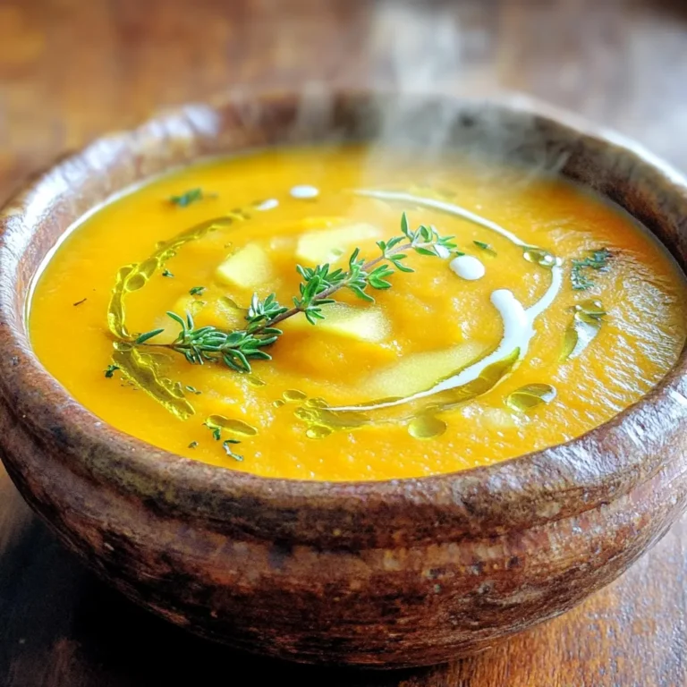 - 1 medium butternut squash, peeled and diced into 1-inch cubes - 2 medium tart apples, such as Granny Smith, cored and diced into small pieces - 1 medium onion, finely chopped - 2 cloves garlic, minced or pressed - 4 cups vegetable broth (low-sodium recommended) - 1 teaspoon ground ginger - 1 teaspoon ground cinnamon - Salt and freshly ground black pepper, to taste - 2 tablespoons extra virgin olive oil - 1/2 cup coconut cream (optional for added creaminess) - Fresh thyme or finely chopped chives for garnish When I make this soup, I always start with fresh and high-quality ingredients. The butternut squash brings a sweet, nutty flavor. Tart apples like Granny Smith add a nice zing. They balance the sweetness of the squash perfectly. You need a medium onion and garlic to build a strong flavor base. The broth gives richness, while spices like ginger and cinnamon add warmth. Olive oil helps sauté the onions and garlic to a soft golden color. If you want extra creaminess, coconut cream is a great choice. It enhances the texture without overpowering the taste. Finally, you can top the soup with fresh thyme or chives. They add a lovely touch and a pop of color. Gather all these ingredients, and you are ready to create a cozy bowl of butternut squash apple soup! 1. Sautéing the onions and garlic Start by adding olive oil to a large soup pot. Heat it over medium. Add the chopped onion and minced garlic. Stir them often. Cook for about five minutes. You want them soft and clear. 2. Adding butternut squash and apples Next, toss in the diced butternut squash and apples. Mix them well. Stir frequently for five to seven minutes. This helps soften them and brings out their flavors. 3. Incorporating spices When the squash and apples soften, add ground ginger and cinnamon. Sprinkle them evenly over the mix. Stir well so all pieces get coated with the warm spices. 1. Boiling and simmering the soup Carefully pour in the vegetable broth. Bring the mixture to a gentle boil. Once boiling, reduce the heat to low. Let it simmer uncovered for 20 to 25 minutes. The squash should be tender enough to pierce with a fork. 2. Blending for a smooth texture After cooking, use an immersion blender to blend the soup. Blend until it is smooth and creamy. If you don’t have an immersion blender, use a standard blender. Blend in batches if needed, then return the soup to the pot. 3. Adding coconut cream (optional) If you like, stir in coconut cream for extra richness. This makes the soup even creamier. Season it with salt and pepper to taste. Heat gently over low until warm. 1. Ideal serving temperature Serve the soup hot for the best taste. It warms you up and brings comfort. 2. Presentation tips and garnishing ideas Use warm bowls for serving. Drizzle a little coconut cream on top. Add fresh thyme or chives for a pop of color. This makes your soup look as good as it tastes. To boost the flavor of your soup, consider adjusting the spices. Adding more ginger will give it a nice kick. If you enjoy warmth, increase the cinnamon for a cozy touch. When it comes to herbs, fresh thyme or chives work best. They add a bright flavor that dried herbs can't match. If fresh herbs aren't available, use dried ones. Just remember, dried herbs are more potent, so use less. You'll need a few key tools to make this soup. A large pot is essential for cooking the ingredients. An immersion blender is perfect for blending the soup smooth. If you don't have an immersion blender, no problem! Use a standard blender instead. Just let the soup cool a bit first, then blend in batches for safety. One common mistake is overcooking the vegetables. Keep an eye on them so they soften but don't turn mushy. This will help keep the soup's texture nice. Another mistake is not balancing the seasoning. Taste your soup before serving. Adjust with salt and pepper to get it just right. A well-seasoned soup can make all the difference! {{image_4}} You can switch out the butternut squash for other squashes. Acorn squash or kabocha squash works well. Sweet potatoes also add a nice twist. Each option gives a different taste and texture. For the apples, try using a sweeter kind like Fuji or Honeycrisp. These apples will change the soup’s flavor. A mix of apples can bring a fun balance of sweet and tart. If you want a vegan soup, just use vegetable broth. This soup is naturally gluten-free, so you don’t need to change much. To make it lower in calories, skip the coconut cream. You can also cut back on olive oil. For a low-fat version, use less oil and add more broth. This way, you still get a great flavor without extra fat. This soup pairs well with warm bread. A crusty baguette or soft rolls can make a nice side. You could also serve it with a fresh salad for a healthy meal. If you want something different, try chilling the soup. Chilled butternut squash apple soup is refreshing on warm days. Just blend it and let it cool in the fridge before serving. To keep your butternut squash apple soup fresh, use airtight containers. Glass or plastic containers work well. Make sure the soup cools first. Store it in the refrigerator for up to four days. If you want to save it longer, freeze it. In the freezer, it can last up to three months. Label your containers with the date you made the soup. This helps you keep track of freshness. When you are ready to enjoy it again, simply thaw it in the fridge overnight before reheating. When reheating soup, the best method is on the stove. Pour the soup into a pot and heat it over low to medium heat. Stir it often to ensure even heating. If you prefer a microwave, use a microwave-safe bowl. Heat it in short bursts, stirring in between. To avoid separation issues with the coconut cream, add it in slowly while stirring. This keeps the soup smooth and creamy. If you notice the soup thickening too much, add a splash of broth or water to get the right texture. Enjoy your warm, flavorful soup! Butternut squash apple soup is a warm mix of sweet and savory. The squash gives it a creamy base, while tart apples add a light sweetness. You can taste hints of ginger and cinnamon, which bring cozy flavors. The texture is smooth and velvety, creating a comforting bowl of goodness. This soup is perfect for chilly days and makes you feel warm inside. Yes, you can freeze this soup! To do this, let it cool completely. Next, pour it into an airtight container or freezer bag. Make sure to leave some space at the top for expansion. It can last in the freezer for about three months. When you're ready to eat, thaw it in the fridge overnight. Reheat gently on the stove for the best taste. Absolutely! If you're vegan, skip the coconut cream or use a plant-based alternative. You can also swap the vegetable broth for homemade broth or water. If you have nut allergies, avoid any nut-based creams. The recipe is flexible, so you can adjust it to fit your needs without losing flavor. In the fridge, this soup stays fresh for about four to five days. Store it in a sealed container to keep it safe. If you notice any changes in smell or color, it’s best to toss it. Reheat only the amount you plan to eat to keep the rest fresh. This blog covered how to make Butternut Squash Apple Soup from start to finish. You learned about the key ingredients, cooking steps, and helpful tips. Remember, you can customize this soup to fit your needs. Store leftovers properly for later enjoyment. This warm dish is not just tasty; it's also great for your health. Enjoy exploring variations and making it your own. Happy cooking!
