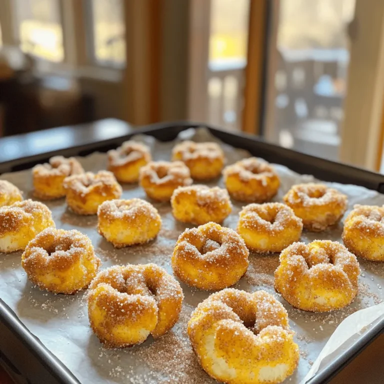 To make Air Fryer Cinnamon Sugar Pretzel Bites, gather these simple ingredients: - 1 cup warm water (approximately 110°F) - 2 tablespoons granulated sugar - 2 ¼ teaspoons active dry yeast (1 packet) - 3 cups all-purpose flour - 1 teaspoon salt - ½ cup baking soda - ½ cup unsalted butter, melted - ½ cup granulated sugar (for coating) - 1 tablespoon ground cinnamon - Coarse sea salt for garnish These ingredients combine to create soft, chewy pretzel bites. The warm water helps activate the yeast, while sugar feeds the yeast for a nice rise. The all-purpose flour forms the dough, and salt adds flavor. Baking soda gives the pretzels their classic taste. Melted butter adds richness, and cinnamon sugar coats the bites for sweetness. A sprinkle of coarse sea salt completes each bite, adding a lovely contrast to the sweetness. With this list, you're ready to start making these delicious treats. Enjoy the process, and remember, every step adds to the fun! Start by mixing 1 cup of warm water with 2 tablespoons of granulated sugar. The water should be about 110°F. This warmth helps the yeast to activate. Next, sprinkle 2 ¼ teaspoons of active dry yeast over the water. Let it sit for 5 to 10 minutes. You will see a frothy layer form on top. This shows the yeast is ready. Once your yeast mixture is frothy, it's time to make the dough. Add 3 cups of all-purpose flour and 1 teaspoon of salt to the bowl. Use a wooden spoon to mix until a dough forms. Then, transfer the dough to a floured surface. Knead the dough for about 5 minutes. It should feel smooth and elastic when done. Now, you need to let the dough rise. Lightly grease a clean bowl with a little oil. Place your dough in the bowl and cover it with a kitchen towel. Let it rest in a warm place for about 30 minutes. You will know it's ready when the dough has doubled in size. Once the dough has risen, punch it down gently to release the air. Now, divide the dough into small pieces, about 1 inch each. Roll each piece into a small rope. Shape them into pretzel knots, making sure to press the ends together well. To give your pretzel bites a nice texture, prepare a baking soda bath. In a bowl, mix ½ cup of baking soda with 4 cups of hot water. Carefully dip each pretzel bite into this bath for 10 to 15 seconds. After dipping, place them on a parchment-lined tray to drain. Before you start air frying, preheat your air fryer to 350°F (175°C). Arrange the pretzel bites in a single layer in the fryer basket. Air fry for 5 to 6 minutes. They should turn a beautiful golden brown. If you have many pretzel bites, cook them in batches to avoid overcrowding the basket. To make great pretzel bites, the dough needs the right consistency. It should be smooth and elastic. If your dough is too sticky, add a bit more flour. If it feels too dry, add water slowly. Resting the dough is just as important. Letting it rise for about 30 minutes allows it to double in size. This gives the dough a light and fluffy texture. The warm environment helps the yeast work its magic. Air frying your pretzel bites requires some care. To ensure even cooking, arrange them in a single layer. Do not overcrowd the basket, as this can lead to uneven results. Set your air fryer to 350°F (175°C). This temperature gives the perfect golden brown finish. Cooking times can vary, so check them at 5 minutes. If they need more time, add an extra minute or two. When serving your pretzel bites, consider pairing them with dips. A warm cheese dip or mustard adds great flavor. You can also try adding fun toppings. Sprinkle some coarse sea salt on top right after air frying for an extra touch. For a sweet twist, drizzle with icing or serve with chocolate sauce. Enjoy your tasty bites! {{image_4}} You can easily change up the flavor of your pretzel bites. Here are some fun ideas: - Cheese Topping: After air frying, sprinkle some grated cheese on top. Cheddar or parmesan works well. The warm bites will melt the cheese a bit. - Herbs: Add fresh herbs like rosemary or thyme for a savory twist. Mix the herbs with the cinnamon sugar for added flavor. - Chocolate Coating: For a sweet treat, dip the warm bites in melted chocolate. You can also sprinkle crushed nuts for crunch. If you need a gluten-free version, no worries! Here’s how you can adapt the recipe: - Alternative Flours: Use a gluten-free flour blend instead of all-purpose flour. Make sure it has xanthan gum for the right texture. - Adjustments Needed: The dough may need more moisture. Add a bit more water or milk until it feels right. You don’t have to stick to the original ingredients. Here are some easy swaps: - Honey Instead of Sugar: You can use honey in place of granulated sugar. This will add a nice flavor and moisture to the dough. - Milk Alternatives: If you cannot use regular milk, try almond milk or oat milk. These work well in the dough without changing the taste. To keep your pretzel bites fresh, store leftovers in an airtight container. This helps them stay soft. You can use plastic containers or resealable bags for easy storage. Make sure they cool down first before sealing. To reheat, the best method is using the air fryer again. Set it to 350°F and warm them for about 3-4 minutes. This keeps them crispy outside and soft inside. Avoid the microwave, as it can make them chewy. You can freeze the pretzel bites for later. Place them in a freezer-safe bag or container. Remove as much air as possible to prevent freezer burn. To thaw, leave them in the fridge overnight or for 2 hours at room temperature. Once thawed, reheat in the air fryer. Serve these pretzel bites warm for the best taste. They taste great on their own, but adding dips makes them even better. Try pairing them with a warm cheese dip or your favorite mustard. You can also enjoy them with a simple glaze or even chocolate sauce for a sweet twist. Yes, you can! If you don't have an air fryer, bake the pretzel bites in a regular oven. Preheat your oven to 425°F (220°C). Place the pretzel bites on a baking sheet lined with parchment paper. Bake for 12-15 minutes or until golden brown. The texture will be different, but they will still taste amazing. Look for a nice golden brown color on the pretzel bites. They should also have a crisp exterior. To test for doneness, you can tap the bottom of a pretzel bite. If it sounds hollow, it’s done! If they need more time, pop them back in for a couple of minutes. You now have a simple guide to making Air Fryer Cinnamon Sugar Pretzel Bites. From gathering ingredients to storing your tasty treats, every step matters. Focus on getting the dough right for the best bites. Don't forget to experiment with flavors and dips. These pretzel bites are fun to make and share. Enjoy them fresh, or try freezing leftovers for later. Now you’re ready to impress family and friends with your delicious, homemade pretzel bites!
