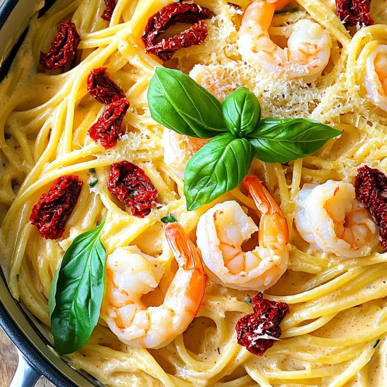 - Linguine or spaghetti (12 oz) - Shrimp (1 lb, peeled and deveined) - Sun-dried tomatoes (1 cup, chopped) - Chicken or vegetable broth (3 cups) - Heavy cream (1 cup) - Garlic (4 cloves, minced) - Italian seasoning (1 teaspoon) - Red pepper flakes (1 teaspoon) - Grated Parmesan cheese (1/2 cup) - Olive oil (2 tablespoons) - Salt and pepper, to taste - Fresh basil leaves, for garnish To make this dish, you need a mix of fresh and pantry staples. The pasta is the base, and shrimp brings protein. Sun-dried tomatoes add a burst of flavor. You will also need broth and cream to create a rich sauce. Garlic gives the dish a nice kick. For seasoning, Italian herbs and red pepper flakes balance the creaminess with some heat. Finally, Parmesan cheese adds a savory touch, and fresh basil brightens the dish. Gather these ingredients to start your cooking adventure! - Heat 2 tablespoons of olive oil in a large skillet or pot. - Sauté 4 cloves of minced garlic for 1 minute until fragrant. - Add 1 cup of chopped sun-dried tomatoes and cook for 2-3 minutes. In this step, the olive oil forms the base of your dish. The garlic adds a warm aroma, while the sun-dried tomatoes enhance the flavor with their rich, tangy sweetness. Stirring occasionally helps to combine these flavors well. - Incorporate 1 pound of peeled and deveined shrimp into the pot. - Cook the shrimp for 2-3 minutes until they turn pink and opaque. - Remove the shrimp from the pot and set them aside. Cooking the shrimp quickly is key. Overcooking can make them tough. This quick cook allows the shrimp to absorb some flavors while keeping them tender. - Bring 3 cups of chicken or vegetable broth to a rolling boil in the same pot. - Add 12 ounces of linguine or spaghetti and 1 teaspoon of Italian seasoning. - Cook according to package instructions for 8-10 minutes, stirring occasionally to prevent sticking. Using broth instead of water adds flavor to the pasta. Stirring helps keep the pasta from clumping together, ensuring even cooking. - Add 1 cup of heavy cream, 1 teaspoon of red pepper flakes, and 1/2 cup of grated Parmesan cheese to the nearly al dente pasta. - Stir until the sauce becomes creamy and evenly coats the pasta. This step transforms your dish into a rich, creamy delight. The red pepper flakes add a hint of heat, balancing the richness of the cream and cheese. - Fold the cooked shrimp back into the pot with the pasta. - Season with salt and pepper to taste. - Heat everything together for another 2-3 minutes. Bringing the shrimp back into the mix allows the flavors to meld. Adjusting the seasoning at this stage ensures every bite is flavorful. - Off the heat, add torn fresh basil leaves for a burst of flavor. The fresh basil adds a bright, herbal note that contrasts beautifully with the creamy sauce. For a lovely presentation, serve the pasta in shallow bowls, garnished with extra basil and Parmesan. You can swap shrimp for chicken or tofu if needed. Chicken gives a hearty flavor, while tofu is a great vegan choice. For the cream, try coconut cream for a dairy-free option. Greek yogurt can also work if you want a tangy taste. Always avoid overcooking shrimp. Cook them just until they turn pink and opaque. This keeps them tender. While cooking pasta, stir it frequently. This helps prevent it from sticking together. It also ensures even cooking. For a nice touch, serve your pasta with extra Parmesan and fresh basil on top. This adds flavor and color. You can also add halved cherry tomatoes or microgreens. They make the dish look bright and fresh, enhancing the meal’s appeal. {{image_4}} You can make this dish even better with some fun add-ins. Try adding fresh spinach for a pop of green. You can also use bell peppers for sweetness and crunch. Both add color and nutrition. If you want a different protein, consider scallops or lobster. Chicken also works well. Just cook them until they’re done and add them in. Spice is key in this dish. You can adjust the heat by changing the red pepper flakes. If you want more heat, add a bit more. If you want it milder, use less. Another great idea is to add lemon zest. It gives a bright, fresh taste that balances the creaminess. Herbs can take your pasta to the next level. Fresh parsley or dill adds great flavor. You can also use flavored broths instead of plain chicken or vegetable broth. This little change can make a big difference in taste. It adds depth and richness to your meal. To store leftovers, place the pasta in an airtight container. Make sure it cools down first. This helps keep it fresh. Store it in the fridge for up to three days. When you want to reheat it, use a skillet. Add a splash of broth or cream to bring back the creaminess. Heat on low, stirring gently until warmed through. If you want to freeze the dish, let it cool completely. Then, transfer it to a freezer-safe container. It will last for about two months in the freezer. When you're ready to eat it, thaw it in the fridge overnight. For reheating, place it in a pot with a little broth and heat on low. This keeps the pasta moist and tasty. In the fridge, this pasta dish stays best for three days. After that, it may lose flavor. Signs that it has gone bad include an off smell or mold. If you see either, it’s best to throw it away. Always trust your senses when it comes to food safety. Yes, you can make this dish gluten-free. Choose gluten-free pasta made from rice or chickpeas. These options work well with the creamy sauce and shrimp. You can find these at most grocery stores. They cook similar to regular pasta, so just follow the package instructions. This way, you can enjoy a tasty meal without gluten. To make this dish dairy-free, swap the heavy cream for coconut cream or a non-dairy milk. You can also use nutritional yeast instead of Parmesan cheese for flavor. These substitutes still give you a creamy texture. Just keep an eye on the cooking times, as non-dairy options may vary. Many sides go well with this dish. Here are some tasty options: - Garlic bread for a crunchy side. - A fresh green salad for a light touch. - Roasted vegetables like broccoli or asparagus for added color. - A simple Caprese salad with tomatoes and mozzarella for a refreshing bite. These sides balance the richness of the pasta and enhance your meal. Yes, you can prepare this recipe in advance. Here are some tips: - Cook the pasta and shrimp, then cool them. - Store them separately in the fridge. - When ready to serve, reheat them in a pan with the sauce. - You can also freeze the pasta and sauce but not the shrimp. - For best results, eat the dish within three days of cooking. This way, you can enjoy a quick, flavorful meal any day of the week. This blog post covered a delicious recipe for One-Pot Creamy Sun-Dried Tomato Shrimp Pasta. We explored essential ingredients like shrimp, sun-dried tomatoes, and cream. I shared easy steps from cooking the shrimp to making a creamy sauce. You can customize this dish with various proteins or spices. Remember to store leftovers properly and enjoy them later. With this guide, you can make a satisfying meal quickly. Now, it’s time to gather your ingredients and get cooking. Enjoy your tasty creation!