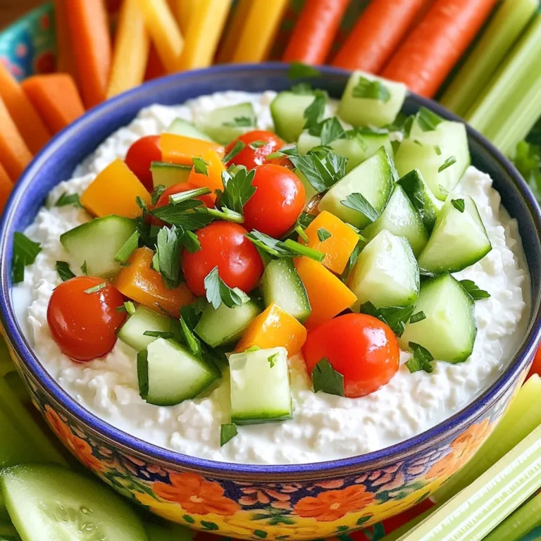 - 1 cup creamy cottage cheese - 1/2 cup smooth plain Greek yogurt - 1 tablespoon ranch seasoning mix - 1/4 cup fresh cucumber, diced - 1/4 cup bell pepper, finely chopped - 1/4 cup cherry tomatoes, quartered - 2 green onions, finely sliced - 1 tablespoon fresh parsley, finely chopped - Optional: 1 teaspoon lemon juice - Salt and pepper to taste The base of this dip is creamy cottage cheese and smooth Greek yogurt. This mix gives your dip a rich texture. Then, you add ranch seasoning to give it a tasty kick. Fresh vegetables like cucumber, bell pepper, and cherry tomatoes add crunch and color. Green onions and parsley bring brightness to the dish. You can also add lemon juice for extra zest. Finally, don’t forget the salt and pepper to make everything pop! 1. Start by placing the cottage cheese and Greek yogurt in a medium bowl. 2. Use a fork or whisk to mix them well. You want a smooth and creamy blend. 3. Next, sprinkle in the ranch seasoning mix. Fold it into the cheese-yogurt mix. 4. Stir until the seasoning spreads evenly throughout. Your dip will start to taste great! 5. Now, gently add the diced cucumber, chopped bell pepper, quartered cherry tomatoes, and sliced green onions. 6. Carefully mix these colorful veggies in without mashing them. You want to keep the crunch! 7. For a zesty kick, stir in the lemon juice, salt, and pepper to taste. 8. Mix again to ensure every bite is full of flavor. 9. Cover the bowl with plastic wrap or a lid. Put it in the fridge to chill for at least 30 minutes. 10. Chilling helps the flavors mix well and taste better. 11. When you’re ready to serve, stir the dip gently. Taste it and adjust the salt and pepper if needed. This dip is simple to make and full of fresh flavors. Enjoy it with crunchy veggies or pita chips! To get that creamy dip, start by blending the cottage cheese and Greek yogurt well. Use a fork or a whisk. Mix them until smooth. This step is key for the best texture. When you add the vegetables, fold them in gently. Use a spatula to mix without smashing the veggies. You want to keep that crunch and color. Letting the dip chill is very important. Chill it for at least 30 minutes. This time helps all the flavors blend nicely. Pair your dip with fresh vegetable sticks. Carrots, celery, and bell peppers work great. You can also serve it with crispy pita chips. For a nice look, use a bright bowl for the dip. Surround it with colorful veggies. This makes your spread fun and eye-catching! {{image_4}} You can swap out vegetables in this dip. Try using shredded carrots or chopped radishes. You can also add some diced celery for crunch. Each veggie adds its own flavor and texture. For the ranch seasoning, you have two choices. You can buy it in the store or make it at home. Homemade ranch seasoning lets you control the flavors. Mix dried herbs like dill, parsley, and garlic powder for a personal touch. Cheese is key for creaminess. While I use cottage cheese, you can experiment with others. Cream cheese or ricotta can add a new twist. Just remember to blend well for smoothness. Want more flavor? You can add spices. Try a pinch of cayenne pepper for heat. Paprika can give it a smoky taste. Fresh herbs like dill or chives can also bring extra freshness. If you want a heartier dip, add protein. Chopped cooked chicken or turkey can work well. You could even mix in some black beans for a different flavor. These additions make the dip more filling and satisfying. To keep your Veggie Ranch Cottage Cheese Dip fresh, use an airtight container. Glass or plastic containers work well. Make sure the lid seals tightly to keep air out. Store the dip in the fridge. It stays good for about 3 to 5 days. Always check for any signs of spoilage before enjoying. If your dip becomes thick after chilling, don’t worry! You can revive it easily. Just add a splash of milk or more yogurt. Mix it well until you reach your desired creaminess. Stir gently to keep the veggies intact. Avoid using heat, as it may change the dip's texture. Enjoy your fresh dip anytime! You can store this dip for up to five days in the fridge. I recommend using an airtight container. This keeps it fresh and tasty. Just give it a good stir before serving again. Yes, you can use low-fat cottage cheese and Greek yogurt. The dip will still taste great. Just remember, the texture might be a bit different. It may not be as creamy, but it will still be delicious. A good serving size is about 1/4 cup per person. This amount allows everyone to enjoy it without running out too soon. For a larger crowd, consider making a double batch. Everyone loves a tasty dip! Absolutely! You can make this dip a day before your event. Just store it in the fridge until you are ready to serve. This allows the flavors to blend better, making it even more delicious. In this post, I covered how to make a delicious Veggie Ranch Cottage Cheese Dip. We discussed the essential ingredients, step-by-step preparation, and tips for perfect texture. I also shared variations and storage tips to help you enjoy this dip longer. Remember, experimenting with flavors and textures can elevate your dip. Enjoy making it for your next gathering!
