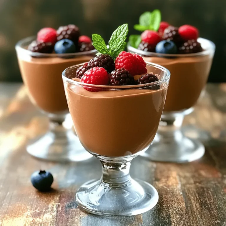- 1 cup low-fat cottage cheese - 1/2 cup unsweetened cocoa powder - 1/4 cup honey or maple syrup - 2 tablespoons almond milk - 1 teaspoon vanilla extract You need low-fat cottage cheese for a creamy base. It gives the mousse a rich texture without too many calories. Unsweetened cocoa powder adds that deep chocolate flavor. I like to use honey or maple syrup to sweeten the mousse. You can adjust the sweetness to match your taste. Almond milk makes the mousse smooth and easy to blend. Finally, vanilla extract adds a lovely aroma and flavor. - 1/4 teaspoon salt - A pinch of cinnamon - Fresh berries and mint leaves for garnish Salt enhances the chocolate taste. A little cinnamon can add warmth and spice. For a beautiful touch, garnish with fresh berries and mint leaves. This adds color and a fresh flavor to the dessert. Start by placing 1 cup of low-fat cottage cheese into your blender. Blend on high until it is smooth. You want to ensure no lumps remain. This step is key for a creamy texture. It takes only a minute or two. Next, add the following to your blender: - 1/2 cup unsweetened cocoa powder - 1/4 cup honey or maple syrup - 2 tablespoons almond milk - 1 teaspoon vanilla extract - 1/4 teaspoon salt - A pinch of cinnamon (optional) Blend again until the mixture is smooth and creamy. Taste it to check the sweetness. If it’s not sweet enough, add more honey or syrup and blend again. Carefully transfer the mousse into small cups. Fill them evenly to ensure each serving looks nice. Place the cups in the refrigerator and chill for at least 30 minutes. This will help the mousse set and become even more delicious. Just before serving, you can add some fresh berries and mint for a lovely touch. To get the best texture, use a high-speed blender. This helps blend the cottage cheese until it is smooth and creamy. If you see lumps, keep blending! After blending, taste the mousse. You might want to add more sweetener. Adjust the sweetness to match your taste. A little more honey or maple syrup can make it perfect. Serve your mousse in clear glass cups. This lets the rich chocolate color shine. For a fun touch, layer the mousse with fresh berries. Strawberries or raspberries add great color and taste. Top with a mint leaf for a fresh look. This makes your dessert not only delicious but also beautiful! {{image_4}} You can change the flavor of your mousse easily. Try adding different extracts to the mix. Almond or peppermint extracts add a unique twist. Just a drop or two can change the whole taste. You can also add nut butter for extra richness. Peanut or almond butter can make it creamy and tasty. Just blend it in with the other ingredients. If you need a dairy-free option, use dairy-free cottage cheese. It works the same as regular cheese. You can find it made from nuts or soy. This keeps the mousse creamy while being plant-based. For sweeteners, there are many choices. You can use agave syrup or stevia instead of honey. They can make the mousse sweet without added sugar. Just adjust the amount based on your taste preference. To keep your leftover mousse fresh, store it in an airtight container. This way, it won’t absorb any strong odors from your fridge. The mousse stays good for up to three days in the refrigerator. Make sure to check for any signs of spoilage before serving. Yes, you can freeze cottage cheese mousse! It freezes well and keeps its flavor. To freeze, place the mousse in a freezer-safe container. Leave some space at the top for expansion. It can last up to two months in the freezer. When you’re ready to enjoy it again, thaw the mousse in the fridge overnight. This slow thawing keeps the texture nice and creamy. Avoid the microwave, as it can make the mousse grainy. After thawing, stir the mousse gently before serving to restore its smoothness. Yes, you can use Greek yogurt. It will give the mousse a different flavor. Greek yogurt adds creaminess and protein, similar to cottage cheese. However, the texture may be slightly thicker. If you enjoy tangy flavors, Greek yogurt works well. To make this recipe vegan, substitute cottage cheese with silken tofu. Use maple syrup instead of honey. Choose a plant-based milk like almond or oat milk. This will keep the mousse creamy and delicious without dairy. Cottage cheese is high in protein, which helps build muscle. It is lower in fat than many other dairy products. This means you can enjoy a sweet treat while still staying healthy. It also contains calcium for strong bones. Plus, it is versatile and can be used in many recipes. In this post, we explored how to make a delicious cottage cheese mousse. We covered the main ingredients, like low-fat cottage cheese and cocoa powder, along with optional items for extra flavor. I shared simple steps for preparation, combining ingredients, and serving tips. Remember, blending well is key for a smooth texture. You can also customize flavors and ensure freshness with proper storage. Enjoy creating this treat that’s both tasty and healthy!