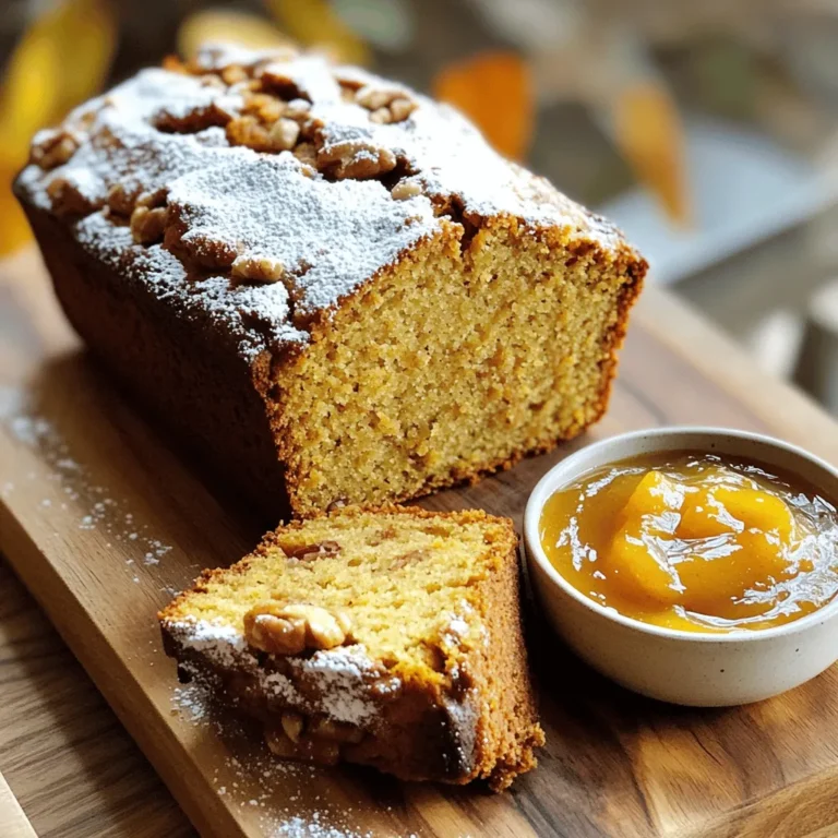 To make a delicious apple cider pumpkin loaf, gather these main ingredients: - 1 cup pumpkin puree (canned or homemade) - 1/2 cup apple cider - 1/2 cup vegetable oil - 3/4 cup brown sugar, packed - 1/4 cup granulated sugar - 2 large eggs - 2 cups all-purpose flour - 1 teaspoon baking soda - 1/2 teaspoon baking powder - 1/2 teaspoon salt - 1 teaspoon ground cinnamon - 1/2 teaspoon ground nutmeg - 1/4 teaspoon ground ginger These ingredients create a moist, flavorful loaf that combines the warmth of pumpkin and spices with the sweetness of apple cider. For added texture and flavor, you might like to include: - 1/4 cup chopped walnuts or pecans These nuts bring a delightful crunch to each bite. Feel free to adjust based on your taste or dietary needs. You can easily swap some ingredients if needed: - Use olive oil instead of vegetable oil for a healthier fat. - Substitute coconut sugar for brown sugar if you want a less processed sweetener. - For a nut-free version, skip the nuts or use seeds like sunflower seeds. These swaps keep the loaf tasty while meeting different dietary preferences. First, preheat your oven to 350°F (175°C). This step is vital for even baking. Next, take a 9x5-inch loaf pan. Grease it well or use parchment paper. Parchment makes it easier to remove the loaf later. In a large bowl, combine the pumpkin puree, apple cider, and vegetable oil. Add the brown sugar and granulated sugar next. Crack in the two large eggs. Whisk all these together until smooth. Make sure everything blends well. This mix creates a moist base for your loaf. Grab another bowl and sift together the flour, baking soda, and baking powder. Add the salt, ground cinnamon, ground nutmeg, and ground ginger. Sifting ensures that all dry ingredients mix evenly. This step adds to the loaf's flavor and texture. Now it’s time to combine the wet and dry mixes. Slowly add the dry ingredients to the wet mixture. Use a spatula to fold them together gently. Do not overmix; a few lumps are fine. If you like nuts, fold in the chopped walnuts or pecans for a nice crunch. Pour the batter into your prepared loaf pan. Use a spatula to smooth the top. Bake the loaf for 55-65 minutes. Check if it’s done by inserting a toothpick in the center. If it comes out clean or with a few moist crumbs, it’s ready. Let the loaf cool in the pan for 10 minutes. Then, transfer it to a wire rack to cool completely. This helps the flavors develop and keeps the loaf fluffy. To get a soft and moist loaf, watch your mixing. Mix the wet and dry ingredients just until combined. A few lumps are okay. If you overmix, the loaf may turn out dense. Another tip is to check your oven’s temperature. Ovens can vary, so use an oven thermometer for accuracy. If your loaf is too dry, you may have added too much flour. Use a light hand when measuring. If it doesn’t rise well, check the freshness of your baking soda and powder. They should be active. If the loaf sinks in the middle, it may have been underbaked. Always do the toothpick test before removing it from the oven. To serve your loaf beautifully, slice it on a wooden board. This adds a cozy touch. You can dust powdered sugar on top for a sweet finish. Pair it with apple butter or cream cheese spread for extra flavor. This makes your dish look inviting and adds a delightful twist! {{image_4}} You can make a gluten-free version of this loaf easily. Use a gluten-free flour blend instead of all-purpose flour. Look for a mix that has xanthan gum. This helps with texture. The loaf will still be moist and tasty. To make this loaf vegan, swap the eggs for flax eggs. Mix one tablespoon of ground flaxseed with two tablespoons of water for each egg. Let it sit for five minutes until it thickens. Replace the vegetable oil with applesauce for a lighter option. You can also use a dairy-free milk instead of apple cider if desired. You can boost the flavor of your loaf with extra spices. Consider adding a pinch of allspice or cloves for warmth. Vanilla extract adds depth and sweetness. You can also mix in dried fruits like cranberries or raisins for a chewy texture. If you want a nutty flavor, try toasting the walnuts or pecans before adding them to the batter. To keep your apple cider pumpkin loaf fresh, wrap it tightly in plastic wrap. You can also place it in an airtight container. Store it at room temperature for up to three days. For longer storage, refrigerate it. Just remember that refrigeration can change the loaf's texture a bit. Freezing is a great option if you want to save some loaf for later. First, let the loaf cool completely after baking. Next, wrap it in plastic wrap and then in aluminum foil. This double layer helps prevent freezer burn. You can freeze the loaf for up to three months. When you are ready to eat it, just thaw it in the fridge overnight. To enjoy your loaf warm, preheat the oven to 350°F (175°C). Unwrap the loaf and place it on a baking sheet. Heat it for about 10-15 minutes. You can also microwave a slice for about 15-30 seconds. Just keep an eye on it so it doesn’t get too hot. Enjoy your cozy treat! Apple cider pumpkin loaf stays fresh for about 3 to 5 days at room temperature. Store it in an airtight container. You can also keep it in the fridge for up to a week. If you want to save it longer, consider freezing it. This way, it can last for up to three months. Just slice it before freezing for easy thawing later. Yes, you can use fresh pumpkin instead of puree. Start by roasting or steaming the pumpkin until it's soft. Then, mash it until smooth. Make sure to measure out one cup for the recipe. Fresh pumpkin adds a nice taste. It might change the texture slightly, but it still works well. You can add many spices to boost flavor. Try adding allspice or cloves for warmth. Cardamom also adds a unique twist. You can mix and match spices based on your taste. Just keep in mind not to overpower the loaf. A little extra spice goes a long way. This recipe works great in mini loaf pans. You can divide the batter into two or three mini pans. Bake them for about 25 to 35 minutes. Check with a toothpick to see if they’re done. Mini loaves make perfect gifts or snacks for sharing! We covered the essentials for making a delicious Apple Cider Pumpkin Loaf. You learned about key ingredients and fun mix-ins. I shared clear steps for prepping, mixing, and baking for best results. Tips helped you avoid common pitfalls. We also explored gluten-free and vegan options to suit all diets. Remember to store the loaf properly for lasting freshness. Enjoy creating this cozy treat! Your baking journey can be fun and rewarding.