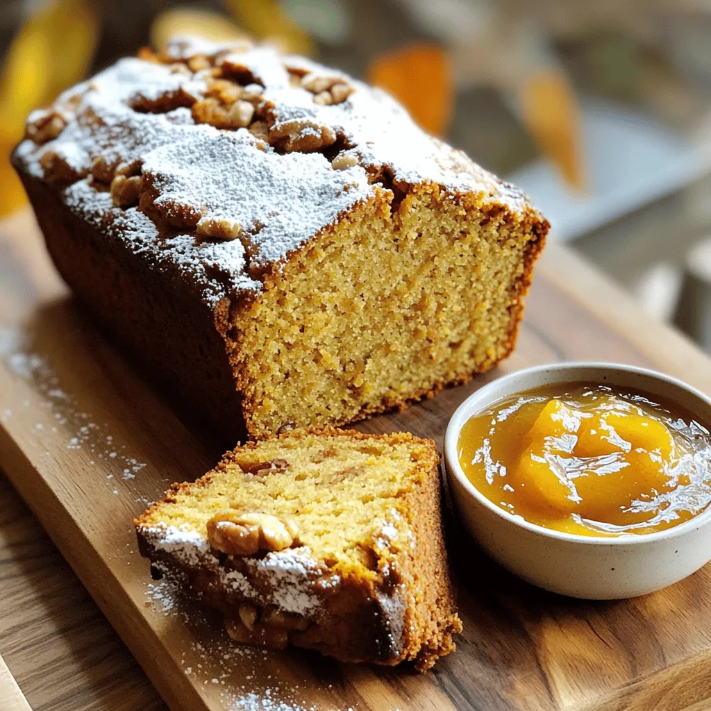 To make a delicious apple cider pumpkin loaf, gather these main ingredients: - 1 cup pumpkin puree (canned or homemade) - 1/2 cup apple cider - 1/2 cup vegetable oil - 3/4 cup brown sugar, packed - 1/4 cup granulated sugar - 2 large eggs - 2 cups all-purpose flour - 1 teaspoon baking soda - 1/2 teaspoon baking powder - 1/2 teaspoon salt - 1 teaspoon ground cinnamon - 1/2 teaspoon ground nutmeg - 1/4 teaspoon ground ginger These ingredients create a moist, flavorful loaf that combines the warmth of pumpkin and spices with the sweetness of apple cider. For added texture and flavor, you might like to include: - 1/4 cup chopped walnuts or pecans These nuts bring a delightful crunch to each bite. Feel free to adjust based on your taste or dietary needs. You can easily swap some ingredients if needed: - Use olive oil instead of vegetable oil for a healthier fat. - Substitute coconut sugar for brown sugar if you want a less processed sweetener. - For a nut-free version, skip the nuts or use seeds like sunflower seeds. These swaps keep the loaf tasty while meeting different dietary preferences. First, preheat your oven to 350°F (175°C). This step is vital for even baking. Next, take a 9x5-inch loaf pan. Grease it well or use parchment paper. Parchment makes it easier to remove the loaf later. In a large bowl, combine the pumpkin puree, apple cider, and vegetable oil. Add the brown sugar and granulated sugar next. Crack in the two large eggs. Whisk all these together until smooth. Make sure everything blends well. This mix creates a moist base for your loaf. Grab another bowl and sift together the flour, baking soda, and baking powder. Add the salt, ground cinnamon, ground nutmeg, and ground ginger. Sifting ensures that all dry ingredients mix evenly. This step adds to the loaf's flavor and texture. Now it’s time to combine the wet and dry mixes. Slowly add the dry ingredients to the wet mixture. Use a spatula to fold them together gently. Do not overmix; a few lumps are fine. If you like nuts, fold in the chopped walnuts or pecans for a nice crunch. Pour the batter into your prepared loaf pan. Use a spatula to smooth the top. Bake the loaf for 55-65 minutes. Check if it’s done by inserting a toothpick in the center. If it comes out clean or with a few moist crumbs, it’s ready. Let the loaf cool in the pan for 10 minutes. Then, transfer it to a wire rack to cool completely. This helps the flavors develop and keeps the loaf fluffy. To get a soft and moist loaf, watch your mixing. Mix the wet and dry ingredients just until combined. A few lumps are okay. If you overmix, the loaf may turn out dense. Another tip is to check your oven’s temperature. Ovens can vary, so use an oven thermometer for accuracy. If your loaf is too dry, you may have added too much flour. Use a light hand when measuring. If it doesn’t rise well, check the freshness of your baking soda and powder. They should be active. If the loaf sinks in the middle, it may have been underbaked. Always do the toothpick test before removing it from the oven. To serve your loaf beautifully, slice it on a wooden board. This adds a cozy touch. You can dust powdered sugar on top for a sweet finish. Pair it with apple butter or cream cheese spread for extra flavor. This makes your dish look inviting and adds a delightful twist! {{image_4}} You can make a gluten-free version of this loaf easily. Use a gluten-free flour blend instead of all-purpose flour. Look for a mix that has xanthan gum. This helps with texture. The loaf will still be moist and tasty. To make this loaf vegan, swap the eggs for flax eggs. Mix one tablespoon of ground flaxseed with two tablespoons of water for each egg. Let it sit for five minutes until it thickens. Replace the vegetable oil with applesauce for a lighter option. You can also use a dairy-free milk instead of apple cider if desired. You can boost the flavor of your loaf with extra spices. Consider adding a pinch of allspice or cloves for warmth. Vanilla extract adds depth and sweetness. You can also mix in dried fruits like cranberries or raisins for a chewy texture. If you want a nutty flavor, try toasting the walnuts or pecans before adding them to the batter. To keep your apple cider pumpkin loaf fresh, wrap it tightly in plastic wrap. You can also place it in an airtight container. Store it at room temperature for up to three days. For longer storage, refrigerate it. Just remember that refrigeration can change the loaf's texture a bit. Freezing is a great option if you want to save some loaf for later. First, let the loaf cool completely after baking. Next, wrap it in plastic wrap and then in aluminum foil. This double layer helps prevent freezer burn. You can freeze the loaf for up to three months. When you are ready to eat it, just thaw it in the fridge overnight. To enjoy your loaf warm, preheat the oven to 350°F (175°C). Unwrap the loaf and place it on a baking sheet. Heat it for about 10-15 minutes. You can also microwave a slice for about 15-30 seconds. Just keep an eye on it so it doesn’t get too hot. Enjoy your cozy treat! Apple cider pumpkin loaf stays fresh for about 3 to 5 days at room temperature. Store it in an airtight container. You can also keep it in the fridge for up to a week. If you want to save it longer, consider freezing it. This way, it can last for up to three months. Just slice it before freezing for easy thawing later. Yes, you can use fresh pumpkin instead of puree. Start by roasting or steaming the pumpkin until it's soft. Then, mash it until smooth. Make sure to measure out one cup for the recipe. Fresh pumpkin adds a nice taste. It might change the texture slightly, but it still works well. You can add many spices to boost flavor. Try adding allspice or cloves for warmth. Cardamom also adds a unique twist. You can mix and match spices based on your taste. Just keep in mind not to overpower the loaf. A little extra spice goes a long way. This recipe works great in mini loaf pans. You can divide the batter into two or three mini pans. Bake them for about 25 to 35 minutes. Check with a toothpick to see if they’re done. Mini loaves make perfect gifts or snacks for sharing! We covered the essentials for making a delicious Apple Cider Pumpkin Loaf. You learned about key ingredients and fun mix-ins. I shared clear steps for prepping, mixing, and baking for best results. Tips helped you avoid common pitfalls. We also explored gluten-free and vegan options to suit all diets. Remember to store the loaf properly for lasting freshness. Enjoy creating this cozy treat! Your baking journey can be fun and rewarding.