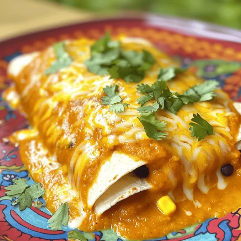 These are the main items you need for your enchiladas: - 2 cups canned pumpkin puree - 1 can (15 oz) black beans, drained and rinsed - 1 cup corn kernels (fresh, frozen, or canned) - 1 tsp ground cumin - 1 tsp chili powder - 1/2 tsp garlic powder - Salt and pepper to taste - 2 cups enchilada sauce (store-bought or homemade) - 8 corn tortillas - 1 cup shredded cheese (cheddar or Mexican blend) - 1/4 cup fresh cilantro, chopped (for garnish) You can add these for more taste: - Sliced jalapeños for spice - Black olives for a briny touch - Sour cream for creaminess - Avocado for richness These extras can make your dish even better. Feel free to mix and match based on what you like. To make this dish, gather these tools: - Slow cooker for cooking - Mixing bowl for blending - Measuring cups and spoons for precision - Cooking spray for easy cleanup - Spatula for filling tortillas Having the right tools can make cooking easier and more fun. Make sure you have everything ready before you start. Start by mixing the filling. In a big bowl, add 2 cups of pumpkin puree, 1 can of black beans, and 1 cup of corn kernels. Sprinkle in 1 teaspoon of ground cumin, 1 teaspoon of chili powder, and 1/2 teaspoon of garlic powder. Season with salt and pepper. Use a spoon to stir everything together. You want a smooth and tasty mixture. Now it’s time to fill the tortillas. Take one corn tortilla and place a good scoop of the pumpkin mixture in the middle. Roll the tortilla tightly around the filling. Make sure the seam is down when you place it in the slow cooker. Repeat this for all eight tortillas. Try to lay them in a single layer for even cooking. Next, pour about 1/4 cup of enchilada sauce on the bottom of the slow cooker. This keeps the tortillas from sticking. After placing all the filled tortillas, cover them with the rest of the enchilada sauce. This keeps them moist and adds flavor. Finally, sprinkle 1 cup of shredded cheese on top. Cover the slow cooker with its lid. Set it to cook on low for 4-6 hours or on high for 2-3 hours. The enchiladas are done when they are hot all the way through and the cheese is melted and bubbly. After cooking, let them rest for 10 minutes. This helps the flavors meld together. Garnish with chopped cilantro before serving for a fresh touch. To boost the taste of your enchiladas, try these simple tips: - Fresh Herbs: Add fresh cilantro or parsley to your filling. It brings a fresh zing. - Spices: Experiment with smoked paprika or a pinch of cayenne. These spices add depth. - Lime Juice: A squeeze of lime juice brightens the flavors. Add it just before serving. - Cheese Options: Use pepper jack cheese for a spicy twist. It melts well and tastes great. Watch out for these common pitfalls: - Overfilling Tortillas: If you add too much filling, it’s hard to roll them. Keep it modest. - Skipping Sauce: Don't skip covering the enchiladas in sauce. It keeps them moist. - Cooking Too Long: Overcooking can make them mushy. Check them after 4 hours on low. - Not Greasing: Always grease your slow cooker. It prevents sticking and makes clean-up easy. Cooking time can change based on your slow cooker. Here’s what to know: - Low Setting: Cooking on low typically takes 4-6 hours. Check after 4 hours for doneness. - High Setting: On high, they may be ready in 2-3 hours. Keep an eye on the cheese. - Thickness of Sauce: If your sauce is thick, it may need extra time. Thin sauces cook faster. - Altitude Effects: Higher altitudes may require longer cooking. Adjust the time as needed. {{image_4}} You can easily adjust the ingredients in your enchiladas. If you want a gluten-free option, use gluten-free corn tortillas. For a dairy-free meal, swap out the cheese for a plant-based alternative. If you need a low-carb option, try using zucchini or eggplant slices instead of tortillas. While enchilada sauce is classic, feel free to get creative. A green salsa can add a nice kick. A homemade tomato sauce can also work well. If you like it spicy, try using a chipotle sauce. For a creamier texture, a white sauce made with cashews or a dairy-free cream can be delicious. Pair your enchiladas with simple sides for a complete meal. A fresh salad with lime dressing adds brightness. You can also serve rice or quinoa for a hearty touch. For extra flavor, top with ripe avocado or sour cream. A side of black beans or corn salsa can round out the dish nicely. After enjoying your enchiladas, let any leftovers cool first. Place them in an airtight container. They stay fresh in the fridge for about three days. To keep them tasty, make sure to seal the container well. This helps keep moisture in and smells out. When you're ready to eat the leftovers, you can reheat them in several ways. The oven is great for this. Preheat it to 350°F (175°C). Put the enchiladas in an oven-safe dish. Cover them with foil to keep them moist. Bake for about 20 minutes until heated through. You can also use the microwave for quick reheating. Place a single enchilada on a plate. Heat it for 1-2 minutes, checking to see if it's hot. If you want to store the enchiladas for longer, freezing works well. Wrap each enchilada tightly in plastic wrap. Then, place them in a freezer-safe bag or container. They can last up to three months in the freezer. When you want to eat them, thaw in the fridge overnight. Reheat as mentioned above for the best taste. Yes, you can easily make these enchiladas vegan. Replace the cheese with a dairy-free option. You could use vegan cheese or skip it entirely for a lighter dish. Ensure your enchilada sauce is also vegan. Most store-bought sauces are safe, but always check the label. Making enchilada sauce from scratch is simple. Here’s a quick recipe: - Ingredients: - 2 tablespoons olive oil - 2 tablespoons flour - 2 cups vegetable broth - 1 tablespoon chili powder - 1 teaspoon ground cumin - 1/2 teaspoon garlic powder - Salt to taste Steps: 1. Heat olive oil in a pan over medium heat. 2. Add flour and stir for one minute. 3. Gradually whisk in the broth. 4. Add spices and salt. 5. Simmer until thickened, about 10-15 minutes. This sauce adds a fresh touch to your enchiladas. You can enhance your enchiladas with various toppings. Some great options include: - Fresh cilantro - Slices of avocado - Sour cream or Greek yogurt - Chopped green onions - Diced tomatoes - Fresh lime wedges These toppings add flavor and color to your dish, making it even more appealing. Enjoy experimenting with your favorites! You learned about the key ingredients and tools to make tasty enchiladas. We explored step-by-step instructions for preparing the filling, assembling the dish, and slow cooking it perfectly. Tips helped to enhance flavor and avoid mistakes. We discussed various ingredient swaps and sauce alternatives for different diets. Lastly, we covered how to store leftovers and answered common questions. Making enchiladas can be simple and fun. Enjoy trying new flavors and sharing this dish with others.
