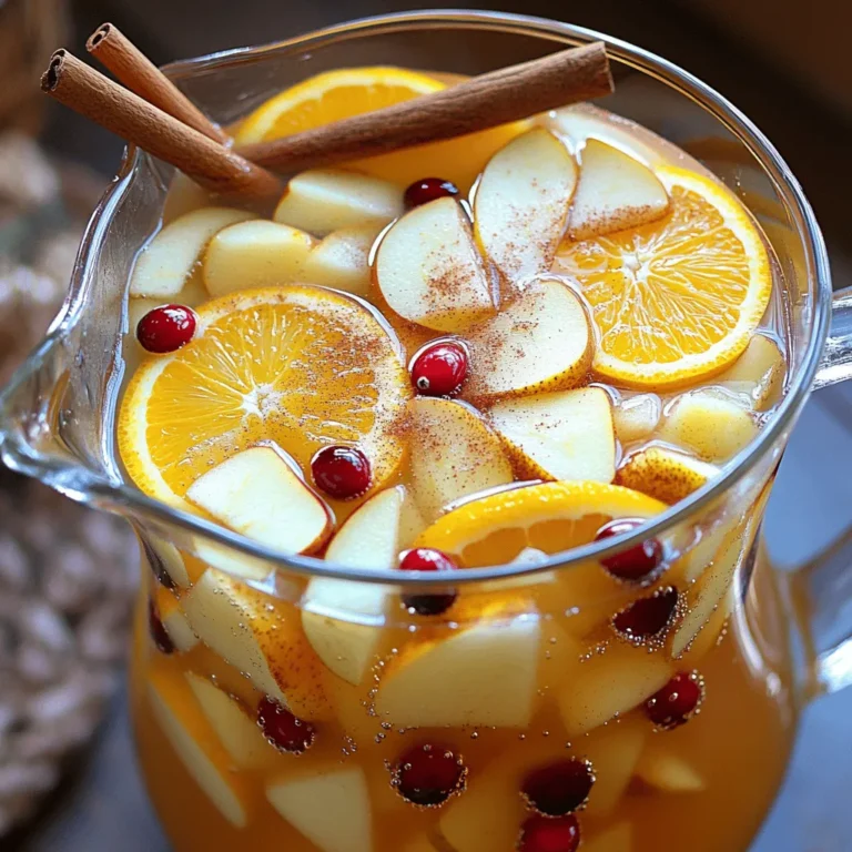- 1 orange, thinly sliced - 1 lemon, thinly sliced - 1 ripe pear, diced into bite-sized pieces - A handful of fresh cranberries for garnish (optional) I love using fresh fruit in my Apple Cider Sangria. The orange adds a sweet zest. The lemon gives a bright, tangy taste. The pear brings a nice texture. You can also add cranberries for a pop of color and flavor. - 4 cups of fresh apple cider - 1 cup of sparkling mineral water Apple cider is the star of this drink. It gives a rich, sweet base. Sparkling mineral water adds a refreshing fizz. This mix makes the drink light and fun. - 1 tablespoon of honey (optional – adjust based on your sweetness preference) Honey is great if you want more sweetness. Just stir it in until it dissolves. You can skip it or use less if you like your sangria less sweet. Adjust according to your taste! Start by grabbing a large pitcher. Pour in 4 cups of fresh apple cider. This gives your sangria a sweet and tart flavor. Next, add 1 cup of sparkling mineral water. This creates a nice fizz in your drink. If you want it sweeter, mix in 1 tablespoon of honey. Stir until the honey dissolves completely. Now it's time to add some color and flavor. Thinly slice 1 orange and 1 lemon. Toss these slices into the pitcher. Then, take 1 ripe pear and dice it into bite-sized pieces. Add the pear to the mix. The fruit not only looks great but also adds natural sweetness and a fresh taste. Now, it’s cinnamon time! Sprinkle 1 teaspoon of ground cinnamon over the fruit. This adds a warm, cozy flavor. Toss in 2 whole cinnamon sticks to boost the taste even more. The sticks infuse the sangria as it chills. Cover the pitcher and place it in the fridge for at least 1 hour. This lets all the flavors blend together perfectly. To chill your Apple Cider Sangria, use a large pitcher. After mixing, cover it well. Place it in the fridge for at least one hour. This lets the flavors mix and taste better. For extra chill, add ice to your glass before serving. You can adjust the sweetness to suit your taste. The honey is a great option. Start with one tablespoon and stir it in. Taste your sangria. If you want it sweeter, add more honey little by little. Fresh fruits also add natural sweetness, especially ripe pears. When serving, fill each glass with ice. Pour the chilled sangria over the ice. Make sure everyone gets fruit pieces. Garnish each glass with a fresh cranberry and a cinnamon stick. This makes the drink look pretty and adds extra flavor. Enjoy with friends or family for a cozy gathering! {{image_4}} You can mix up the fruits in your sangria. Try using sliced strawberries for a sweet touch. Pineapple also adds a nice tropical twist. Even peaches can give a juicy burst of flavor. Don’t forget about using seasonal fruits like figs in the fall. Each fruit brings its own taste, making your sangria unique. If you want a non-alcoholic version, skip the alcohol and keep the apple cider. You can add a bit more sparkling water for fizz. Try using a mix of fruit juices like grape or cranberry instead of wine. This makes it fun for kids and anyone who wants a refreshing drink without alcohol. Change your sangria with the seasons. In winter, add sliced pomegranates and a few sprigs of rosemary. This gives it a festive look and taste. In spring, consider using fresh berries and mint leaves. This adds a bright, fresh flavor. In summer, you could use watermelon cubes, creating a light and refreshing drink. Each season brings new flavors to enjoy! Store leftover sangria in a sealed pitcher. This keeps the drink fresh. Place it in the fridge. Use it within three days for the best taste. Sangria made with fresh fruit lasts about three days. After that, the fruit can go soft. The flavors may change, but it will still be safe to drink. You can reuse the fruit from the sangria. Add it to oatmeal or yogurt. It adds great flavor and reduces waste. If you have leftover cinnamon sticks, keep them for future drinks. They can last quite a while if stored properly. Yes, you can make Apple Cider Sangria ahead of time. It tastes better when the flavors mix. I recommend preparing it at least one hour before serving. For the best taste, chill in the fridge overnight. Just remember to add the sparkling water right before serving. This keeps the fizz fresh and fun. Fresh apple cider works best for this sangria. Look for cider that is pure and made from real apples. Avoid cider with added sugars or flavors. You want the taste of apples to shine through. If you can, buy local cider for a fresh taste. Yes, you can adjust the spiciness easily. If you want more warmth, add extra cinnamon sticks. You can also try adding a pinch of nutmeg or cloves. For a different flavor, use ginger slices. Experiment and find your perfect balance of spice. This blog post covered how to make a tasty apple cider sangria. We explored fresh produce, key liquids, and sweeteners. I broke down step-by-step instructions for preparing the base, adding fruit, and infusing cinnamon. You learned tips on chilling, adjusting sweetness, and serving ideas. We also discussed fun variations and storage tips. In my experience, apple cider sangria makes any gathering special. Try different fruits or spices to make it your own. Enjoy your sangria, and have fun sharing it with friends!