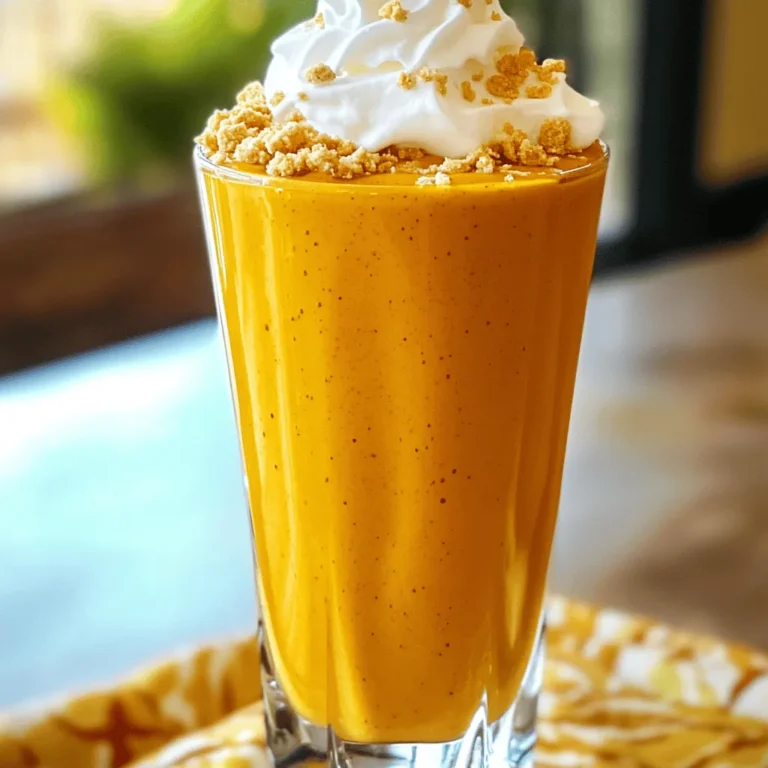To make the pumpkin cheesecake protein smoothie, here are the key ingredients you'll need: - 1 cup unsweetened almond milk - 1/2 cup canned pumpkin puree - 1/4 cup creamy Greek yogurt - 1 scoop vanilla-flavored protein powder - 1 teaspoon pumpkin spice blend - 1 tablespoon honey or maple syrup (adjust to taste) - 1/2 teaspoon pure vanilla extract - Ice cubes (optional, for a thicker texture) - Whipped cream (optional, for topping) - Crushed graham crackers (optional, for garnish) Let’s talk about some options. If you want a dairy-free smoothie, you can swap the Greek yogurt with a plant-based yogurt. There are many great choices out there, like coconut or almond yogurt, that can work well. When it comes to sweeteners, you have some flexibility. Honey adds a nice floral taste, while maple syrup gives a deeper, richer flavor. You can use one or the other, or even a mix, to find your perfect sweetness level. Just remember to adjust the amount based on your taste! Enjoy making this rich and creamy smoothie! To make your Pumpkin Cheesecake Protein Smoothie, start by gathering all your ingredients. You will need almond milk, pumpkin puree, Greek yogurt, and vanilla protein powder. 1. Blend the Base: Add the almond milk, pumpkin puree, Greek yogurt, and protein powder to your blender. This mix forms the base of your smoothie. 2. Add Flavor: Now, sprinkle in the pumpkin spice, honey or maple syrup, and vanilla extract. This step adds sweetness and that classic cheesecake flavor. 3. Blend Well: Secure the blender lid and blend on high speed. Blend until the mix is smooth and creamy. Make sure all ingredients are well combined. 4. Adjust Thickness: If you want a thicker smoothie, toss in some ice cubes. Blend again until it reaches your desired thickness. 5. Taste and Adjust: After blending, taste your smoothie. If you want it sweeter, add a bit more honey or maple syrup. Blend again briefly to mix it in. 6. Pour and Serve: Carefully pour the smoothie into tall glasses. Fill them generously to enjoy every last drop. 7. Garnish: For a fun touch, add whipped cream on top. A sprinkle of crushed graham crackers gives it that cheesecake look. This smoothie is easy to make and perfect for any time of the day. Enjoy the rich and creamy flavor! You can easily change this smoothie to fit your taste. Here are some ideas: - Add more flavor: Try adding a pinch of nutmeg or a dash of cinnamon. These spices boost the pumpkin flavor and add warmth. - Switch protein sources: Use chocolate protein powder for a different taste. You can also use whey, casein, or plant-based protein. - Make it vegan-friendly: Replace the Greek yogurt with coconut yogurt. Use maple syrup instead of honey. This keeps it creamy and sweet without dairy. - Adjust serving sizes: If you want to make more servings, just double the recipe. You can blend larger batches for quick breakfasts or snacks. Want to make your smoothie even healthier? Here are some tips: - Add greens: Toss in a handful of spinach or kale. This adds vitamins without changing the flavor much. You won’t even taste it! - Alternative protein sources: If you prefer something different, try a plant-based protein powder. It’s perfect for those who avoid dairy. {{image_4}} You can switch up the spice blend in your Pumpkin Cheesecake Protein Smoothie. Instead of pumpkin spice, try adding nutmeg or ginger for a unique twist. These spices give warmth and depth to the flavor. You can also add a pinch of cinnamon for a cozy touch that pairs well with pumpkin. Each spice will bring a different taste, so feel free to mix and match until you find your favorite. To achieve a creamier texture, consider using frozen fruit. Frozen bananas or even some frozen pumpkin puree can enhance the smoothness. They blend easily and add a chill to your drink. If you like your smoothie thicker, adjust the ice content. Use a handful of ice cubes to create a thicker consistency. Blend until smooth, and remember to taste. You can always add more ice or liquid to get it just right. Store leftover pumpkin cheesecake protein smoothie in an airtight container. This keeps it fresh. Place it in the fridge. It will stay good for up to two days. You might see some separation. Just give it a good shake before enjoying it again. You can freeze portions of your smoothie. Pour it into ice cube trays or freezer-safe bags. Leave some space for expansion as it freezes. When you're ready to enjoy it, take out a portion. Thaw it in the fridge overnight or use the microwave on low. After thawing, blend it again for a creamy texture. Can I use fresh pumpkin instead of canned? Yes, you can use fresh pumpkin. Just cook and puree it first. Canned pumpkin is easier and saves time, but fresh gives a nice flavor. Choose what fits your style. What can I substitute for protein powder? You can try Greek yogurt or silken tofu. These options add protein and creaminess. If you want more flavor, use nut butter. It will change the taste a little. How can I make this smoothie keto-friendly? To make this smoothie keto-friendly, use unsweetened almond milk and skip the honey. You can add a low-carb sweetener, like stevia. This keeps the carbs low while still tasting great. This smoothie serves two and packs a punch. Each serving has about 200 calories and 20 grams of protein. It’s a great snack or breakfast choice. Health Benefits of Key Ingredients: - Pumpkin: Rich in vitamins A and C, it helps your immune system. It also has fiber, which is good for digestion. - Greek Yogurt: This yogurt adds protein and probiotics. Probiotics are good for gut health and help with digestion. This smoothie is not just tasty; it's packed with nutrients too! This post covered how to make a delicious, healthy smoothie. We looked at key ingredients like almond milk, pumpkin puree, and Greek yogurt. You learned tips for blending, customizing flavors, and enhancing nutrition. We also discussed storage techniques to keep your smoothies fresh. Remember, you can adjust sweetness, use substitutes, and try different spices for fun flavors. With these tools, enjoy creating smoothies that fit your taste and health needs. The possibilities are endless, so get blending and savor every sip!