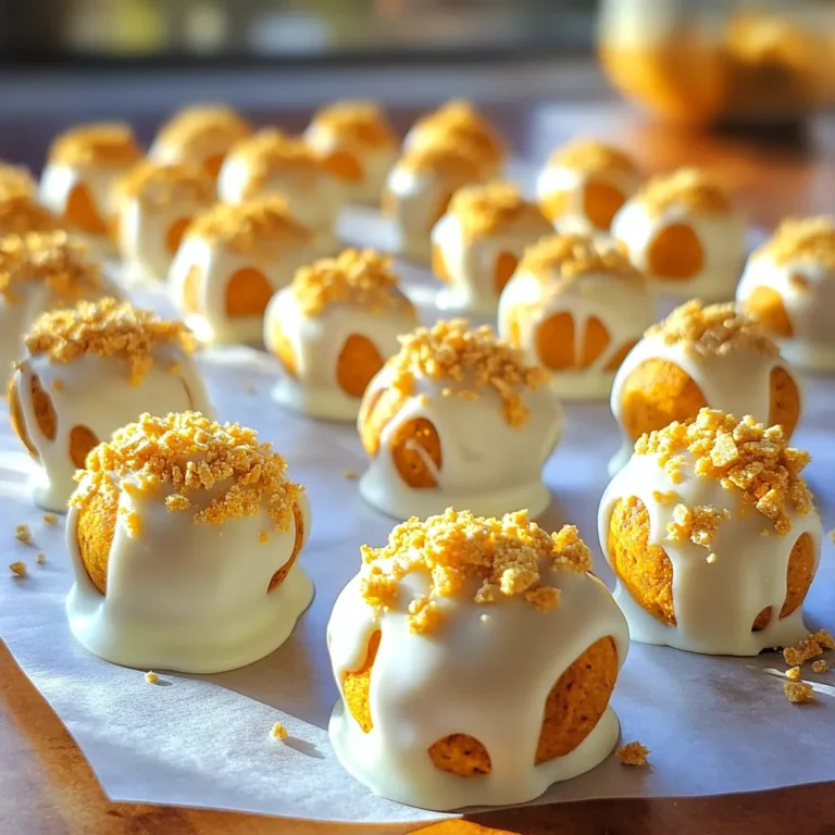To make No-Bake Pumpkin Oreo Truffles, gather these simple ingredients: - 1 package (15.25 oz) Pumpkin Spice Oreo cookies - 8 oz cream cheese, softened to room temperature - 1 teaspoon pure vanilla extract - 1/2 teaspoon pumpkin pie spice - 1 cup white chocolate chips - 1 tablespoon coconut oil - 2 tablespoons crushed graham crackers for garnish Each ingredient plays a key role. The Pumpkin Spice Oreo cookies give rich flavor. Cream cheese adds creaminess and helps bind the truffles. Pure vanilla extract offers a warm note. Pumpkin pie spice adds that cozy autumn taste. The white chocolate chips provide a sweet coating. Coconut oil helps the chocolate melt smoothly. Finally, crushed graham crackers give a nice crunch on top. This simple list makes for a delightful treat you can easily whip up at home. Start by crushing the Pumpkin Spice Oreo cookies. You can use a food processor for quick results. If you don't have one, put the cookies in a ziplock bag. Use a rolling pin to crush them until they become fine crumbs. This step is key for a smooth texture in your truffles. Next, grab a large mixing bowl. Combine the crushed Oreo cookies with 8 oz of softened cream cheese. Add 1 teaspoon of pure vanilla extract and 1/2 teaspoon of pumpkin pie spice. Use a spatula or your hands to mix everything well. You want a dough-like consistency, so make sure it’s fully blended. Now it's time to shape your truffles. Use a small cookie scoop, about 1 tablespoon in size. Carefully form the mixture into small balls. Place each ball on a parchment-lined baking sheet. Once you've shaped all the mixture, refrigerate the truffles for about 30 minutes. This helps them firm up nicely. While the truffles chill, prepare the white chocolate coating. In a microwave-safe bowl, mix 1 cup of white chocolate chips with 1 tablespoon of coconut oil. Heat in the microwave in bursts of 30 seconds. Stir between bursts until it's completely smooth and melted. This will give your truffles a nice shine. After the truffles are firm, it's time to coat them. Take each truffle and dip it into the melted white chocolate using a fork. Let any excess chocolate drip off. Place the coated truffles back on the parchment-lined baking sheet. Before the chocolate sets, sprinkle crushed graham crackers on top for a lovely garnish. Finally, return the truffles to the refrigerator. Let them chill for another 15-20 minutes. This allows the white chocolate coating to set fully. Once set, your No-Bake Pumpkin Oreo Truffles are ready to enjoy! To crush the Pumpkin Spice Oreo cookies, you have two good options. First, use a food processor. This method is quick and gets fine crumbs fast. If you want a hands-on way, put the cookies in a ziplock bag. Then, roll over them with a rolling pin. This method is fun and gives you control over the size of the crumbs. When mixing the crushed Oreos with cream cheese, you want a thick dough. Make sure the cream cheese is soft. This helps it blend well. Mix until everything is well combined. If the mixture feels too dry, add a little more cream cheese. If too wet, add more crushed Oreos. The right consistency helps the truffles hold their shape. For melting the white chocolate, a microwave works best. Place the chocolate chips and coconut oil in a microwave-safe bowl. Heat in short bursts, about 30 seconds at a time. Stir between each burst. This helps avoid burning the chocolate. You want it smooth and shiny. If it is too thick, add a bit more coconut oil. This gives a nice flow when coating the truffles. {{image_4}} You can change the look and taste of your truffles easily. Instead of white chocolate, try dark chocolate or milk chocolate. For a fun twist, use colored candy melts. You can also roll your truffles in crushed nuts, sprinkles, or even coconut flakes for an extra crunch. Each coating gives a new flavor and style. If you're feeling adventurous, mix up the flavors! Replace Pumpkin Spice Oreos with regular Oreos or chocolate ones. You can add a bit of peanut butter or almond butter to the cream cheese mix for a nutty taste. Try adding a splash of espresso for a coffee flavor. Each variation will make your truffles unique and exciting. You can make these truffles fit different diets. For a dairy-free option, use vegan cream cheese and dairy-free chocolate. Gluten-free folks can use gluten-free Oreos. If you want to cut down on sugar, use sugar-free cookies and chocolate. These swaps let everyone enjoy your delicious treats! To keep your truffles fresh, place them in an airtight container. Line the bottom with parchment paper for extra protection. Layer the truffles in a single row. If you need to stack them, add more parchment paper between layers. This method prevents sticking and keeps them intact. These truffles can last in the fridge for up to one week. For longer storage, freeze them. Place the truffles in a single layer on a baking sheet. Freeze until firm, about one hour. Then, transfer them to an airtight container or a freezer bag. They can stay frozen for up to three months. When ready to eat, thaw them in the fridge overnight. Serve these truffles as a fun dessert at gatherings. You can place them in festive cupcake liners for a nice touch. They also pair well with coffee or hot chocolate. For a special treat, drizzle extra melted white chocolate on top before serving. Enjoy sharing this sweet treat with family and friends! Yes, you can use regular Oreos. The taste will change a bit. You could add a bit of pumpkin pie spice for a similar flavor. This small tweak helps keep that pumpkin vibe alive! The truffles need to chill for about 30 minutes. This helps them firm up. After coating them, chill them for another 15 to 20 minutes. This ensures the white chocolate coating sets well. You can use mascarpone for a creamy texture. Another option is vegan cream cheese for a dairy-free choice. Greek yogurt also works, but it will change the taste slightly. Yes, you can. Use vegan Oreos and vegan cream cheese. Swap regular white chocolate for dairy-free chocolate chips. This keeps the tasty treat vegan while still being sweet and creamy. Check if the coating feels firm and dry to the touch. It should not feel sticky or soft. If it feels solid, you are ready to enjoy your truffles! In this post, we explored how to make No-Bake Pumpkin Oreo Truffles. We covered the ingredients, from Pumpkin Spice Oreos to white chocolate. You learned step-by-step instructions to prepare, mix, shape, and coat the truffles. Tips helped ensure the best results, while variations catered to different tastes and diets. Lastly, storage info guarantees your truffles stay fresh. Enjoy these simple, fun treats this season. They are easy to make and share!