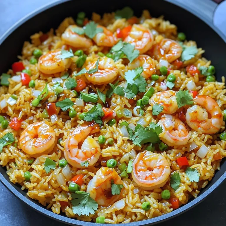 - 1 cup cold cooked jasmine rice - 200g shrimp, peeled and deveined - 3 cloves garlic, finely minced - 1 small onion, diced - 1 red bell pepper, diced into small pieces - 2 green onions, sliced thinly - 2 tablespoons soy sauce - 1 tablespoon sriracha - 1 tablespoon sesame oil - 1 large egg, beaten - Salt and freshly cracked pepper to taste - Fresh cilantro leaves for garnish In this recipe, I use cold cooked jasmine rice. It’s best to use rice that is a day old. This rice has a firmer texture and helps avoid clumping. For protein, I choose shrimp. They cook quickly and add great flavor. You can also use chicken or tofu for a different twist. Next, I add garlic and onion. These aromatics create a rich base for the dish. The red bell pepper adds sweetness and color. Green onions give a fresh crunch and a hint of sharpness. For seasoning, I use soy sauce and sriracha. The soy sauce adds saltiness while sriracha brings heat. Sesame oil adds a nice nutty flavor. The beaten egg gives a creamy texture and binds everything together. Finally, I top the dish with fresh cilantro. It adds brightness and a pop of color. This combination of ingredients makes the dish flavorful and fun to eat! 1. Heating the oil: Start by heating sesame oil in a large non-stick skillet over medium-high heat. Wait until the oil shimmers. This shows it’s hot enough for cooking. 2. Sautéing aromatics: Add minced garlic and diced onion to the hot oil. Stir them for about a minute. You want the garlic to smell good and the onion to turn a bit clear. 3. Cooking the shrimp: Next, toss the shrimp into the skillet. Cook them for 2 to 3 minutes. They should turn pink and look opaque when done. This means they are cooked all the way through. 4. Adding vegetables: Now, add the diced red bell pepper. Stir it in and cook for another 2 minutes. You want the pepper to be soft and colorful. 5. Incorporating the rice: Carefully add the cold jasmine rice to the skillet. Break up any big clumps as you mix. Make sure all the ingredients blend well together. 6. Seasoning the mixture: Drizzle soy sauce and sriracha over the rice. Stir it thoroughly to coat all the rice and veggies. Taste it and add salt and pepper as needed. 7. Scrambling the egg: Push the rice mixture to one side of the skillet. Pour the beaten egg into the empty space. Scramble the egg until it's fully cooked. Then, mix it all in with the rice. 8. Garnishing the dish: Finally, take the skillet off the heat. Fold in the sliced green onions. Serve hot, topped with fresh cilantro for color and flavor. Enjoy your meal! - Using day-old rice: Day-old rice works best for fried rice. It dries out a little, which keeps the grains separate. Fresh rice can clump together and get mushy. - Adjusting spice levels with sriracha: You can control the heat by adding sriracha. Start with a little, then add more if you like it spicy. This way, you can customize your meal. - Importance of a non-stick skillet: A non-stick skillet helps prevent sticking. It allows you to stir-fry easily and keeps everything from burning. This makes your cooking a lot simpler. - Stir-frying quickly: Quick stir-frying keeps your shrimp tender. It also cooks the veggies just right—crisp but not raw. Keep your ingredients moving in the pan. - Maintaining the right heat: Heat is key! You want hot oil before adding ingredients. This helps lock in flavors and gives you that nice sear on the shrimp. - Prepping ingredients in advance: Get all your ingredients ready before you start cooking. Chop, measure, and have everything at hand. This makes cooking quick and fun, cutting down on stress. {{image_4}} You can change the protein in your fried rice. Try chicken or tofu instead of shrimp. Both options taste great and add different flavors. For veggies, you can mix in peas or diced carrots. These add color and crunch. You can also use frozen vegetables if you’re short on fresh ones. If you want to lower the sodium, go for low-sodium soy sauce. It works well and keeps the taste yummy. Add lime juice for a fresh burst of flavor. It makes the dish bright and zesty. You can also try different herbs like cilantro or basil. They add a nice touch and change the taste. Don’t be afraid to play with sauces too! Teriyaki or oyster sauce can give your fried rice a new twist. Experiment and find what you love best! To keep your spicy garlic shrimp fried rice fresh, store it in the fridge. Place it in an airtight container. This helps prevent it from drying out. Make sure to eat it within three days for the best taste. When you reheat, use the microwave or a skillet. If using the microwave, cover it. Heat in short bursts and stir in between. This keeps the rice moist. If you use a skillet, add a splash of water. Stir it often until it's hot. You can freeze leftover fried rice for later. First, let it cool to room temperature. Then, pack it in a freezer-safe bag or container. Remove as much air as possible before sealing. This helps prevent freezer burn. To thaw, place it in the fridge overnight. If you’re in a rush, you can use the microwave. Just defrost it on low power. Reheat it in a skillet over medium heat. Add a little water if it seems dry. Stir until it’s hot throughout. Enjoy your meal again! Can I use fresh shrimp instead of frozen? Yes, you can use fresh shrimp. Just make sure they are peeled and deveined. Fresh shrimp cooks quickly and tastes great in this dish. What if I don’t have jasmine rice? If you don’t have jasmine rice, you can use any long-grain rice. Brown rice or basmati rice work well too. Just ensure the rice is cold and cooked. How do I make this dish vegetarian-friendly? To make this dish vegetarian, skip the shrimp and egg. Use tofu or tempeh instead. You can also add more veggies for extra flavor and texture. You now have a clear guide to making delicious shrimp fried rice. We covered key ingredients, from cold cooked jasmine rice to vibrant veggies. The step-by-step instructions ensure you cook it perfectly, with tips to enhance flavor and texture. Remember, you can personalize this dish by swapping proteins and adjusting spices. Store leftovers wisely, and enjoy them later. Fried rice is simple yet versatile. Dive into this dish, have fun, and make it your own.