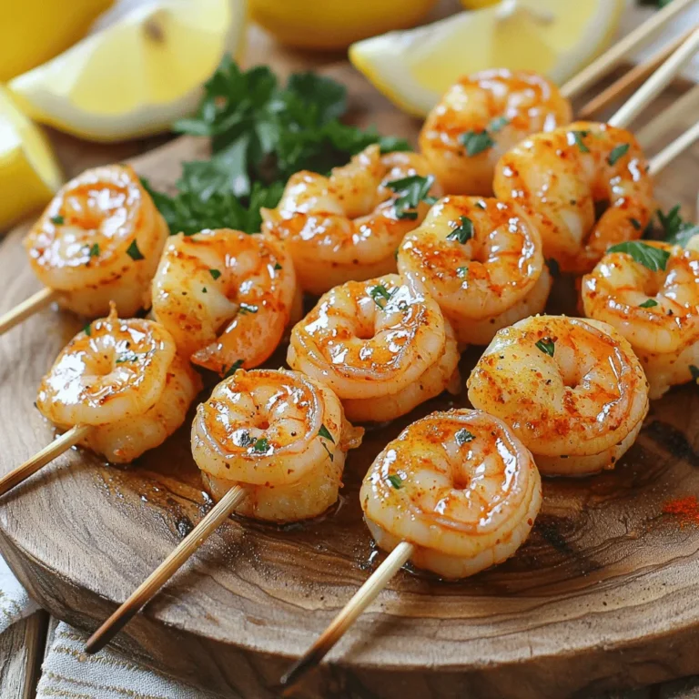 - 1 pound large shrimp, peeled and deveined - 4 tablespoons unsalted butter, cut into pieces - 4 cloves garlic, minced - 1 tablespoon fresh lemon juice - 1 teaspoon smoked paprika - 1 teaspoon dried oregano - Salt and freshly cracked black pepper, to taste - Fresh parsley, finely chopped (for garnish) - Skewers (wooden or metal) Gathering your ingredients is key. I always choose large shrimp. They cook evenly and taste great. Peel and devein them for the best bite. Next, unsalted butter is a must. It keeps the flavors pure and rich. I use fresh garlic for a bold taste. Mince it finely to release its full aroma. Add fresh lemon juice for a bright note. Smoked paprika brings warmth and a hint of smokiness. Dried oregano adds depth and an earthy flavor. Sprinkle in salt and pepper to enhance everything. For garnish, I love fresh parsley. It adds a burst of color and freshness. Don't forget your skewers. Wooden ones need soaking in water. This step prevents them from burning on the grill. Metal skewers are handy, too, and reusable. With these ingredients, you're set for a flavorful dish! To start, grab a small saucepan. Place it on low heat and add four tablespoons of unsalted butter. As the butter melts, it's time to add four minced garlic cloves. Sauté the garlic gently for 1-2 minutes. You want the garlic to smell good, but not brown. This step is key as it builds the base flavor for your shrimp. Next, take one pound of large shrimp, peeled and deveined, and put them in a medium bowl. Pour half of the garlic butter over the shrimp. Toss until each shrimp is coated. Let them sit and marinate for 15-20 minutes at room temperature. This time allows the flavors to soak in, making your shrimp taste amazing. While the shrimp marinates, preheat your grill to medium-high heat. If you’re using wooden skewers, soak them in water for at least 30 minutes. This helps to stop them from burning. Carefully thread 4-5 marinated shrimp onto each skewer. Make sure to space them evenly. Now, it’s time to grill! Place the skewers on the hot grill. Cook for about 2-3 minutes on each side. The shrimp should turn opaque and be fully cooked. For a burst of flavor, brush the remaining garlic butter over the shrimp while they cook. Enjoy the delightful aroma as you grill! To make the best garlic butter, start with fresh ingredients. Use fresh garlic for a bold taste. You can adjust the seasoning by adding more salt, pepper, or herbs. This helps you find the right balance. When cooking garlic, be careful not to burn it. Burnt garlic turns bitter. Cook it low and slow. Sauté the garlic for just 1-2 minutes until it's fragrant. This keeps the flavor bright and tasty. Marination is key for tender shrimp. Let the shrimp soak in the garlic butter for 15-20 minutes. This time allows the flavors to soak in. If you don't marinate long enough, the shrimp won't be as flavorful. When cooking, aim for 2-3 minutes per side on the grill. Shrimp are done when they turn opaque and firm. Overcooking makes shrimp rubbery. Keep an eye on them for the best result. To prevent skewers from catching fire, soak wooden skewers in water for at least 30 minutes. This step keeps them safe on the grill. When grilling, flip the skewers gently to avoid losing shrimp. Use tongs to turn them carefully. Basting with the leftover garlic butter adds more flavor. Brush it on while cooking for a tasty finish. Enjoy the delightful aroma that fills the air as you grill! {{image_4}} You can make your garlic butter shrimp skewers even better by adding veggies. Great options include bell peppers, zucchini, and cherry tomatoes. These colorful veggies add flavor and texture. When skewering, cut vegetables into even pieces. This helps them cook at the same rate as the shrimp. Alternate shrimp and veggies on the skewer for a fun look. This mix makes each bite exciting and tasty! If you like heat, try adding chili flakes or hot sauce to the garlic butter. Start with a small amount and taste. You can always add more if you want it spicier. For a different kick, use jalapeños or sriracha. Both add nice flavor and heat. This spicy twist can take your dish to a new level, perfect for heat lovers! A splash of citrus can brighten your shrimp skewers. Try adding lemon, lime, or orange juice to the garlic butter. Each citrus brings a unique taste that complements the shrimp. If you want a stronger citrus flavor, mix zest from the fruit into the garlic butter. This small change can make your dish stand out. It adds freshness and a sweet tang that pairs well with garlic! To keep your garlic butter shrimp skewers fresh, use these steps: - Cool down: Let the skewers cool to room temperature before storing. - Containers: Place the shrimp in an airtight container. This helps to avoid moisture loss. - Refrigerate: Store in the fridge for up to 2 days. If you want to keep them longer, consider freezing. For freezing, wrap the skewers tightly in plastic wrap. Then, put them in a freezer bag. They can stay frozen for up to 3 months. Remember to label the bags with dates for easy tracking. When it's time to enjoy leftovers, follow these tips: - Oven: Preheat your oven to 350°F (175°C). Place the skewers on a baking sheet and cover with foil. Heat for about 10 minutes. - Skillet: Heat a skillet over medium heat. Add a little butter or oil, then place the skewers in the pan. Cook for about 3-4 minutes, turning gently. To keep shrimp juicy, avoid overheating. Check often, so they don't overcook. This helps maintain their tender texture. Enjoy your tasty garlic butter shrimp again! Yes, you can use frozen shrimp for this recipe. First, thaw them properly. Place the shrimp in a bowl of cold water for about 15-20 minutes. This method keeps the shrimp safe and fresh. You can also thaw them overnight in the fridge. Avoid using hot water, as it can cook the shrimp unevenly. You can choose between wooden and metal skewers. Wooden skewers are great for soaking in water, which prevents burning. Soak them for at least 30 minutes before grilling. Metal skewers are more durable and reusable. They also heat up quickly, helping to cook the shrimp evenly. Perfectly cooked shrimp turn opaque and firm. They should be a nice pink color. Cooking time is usually about 2-3 minutes per side on the grill. If they curl tightly, they are likely done. Keep an eye on them to avoid overcooking. In this post, we explored making grilled shrimp with garlic butter. We covered the ingredients and step-by-step instructions, from marinating the shrimp to grilling tips. I shared ways to enhance flavor and variations including spicy options. Remember to store leftovers properly and reheat them carefully. With these tips, you can enjoy tasty shrimp every time. Try out these methods, and impress your friends and family at your next meal!