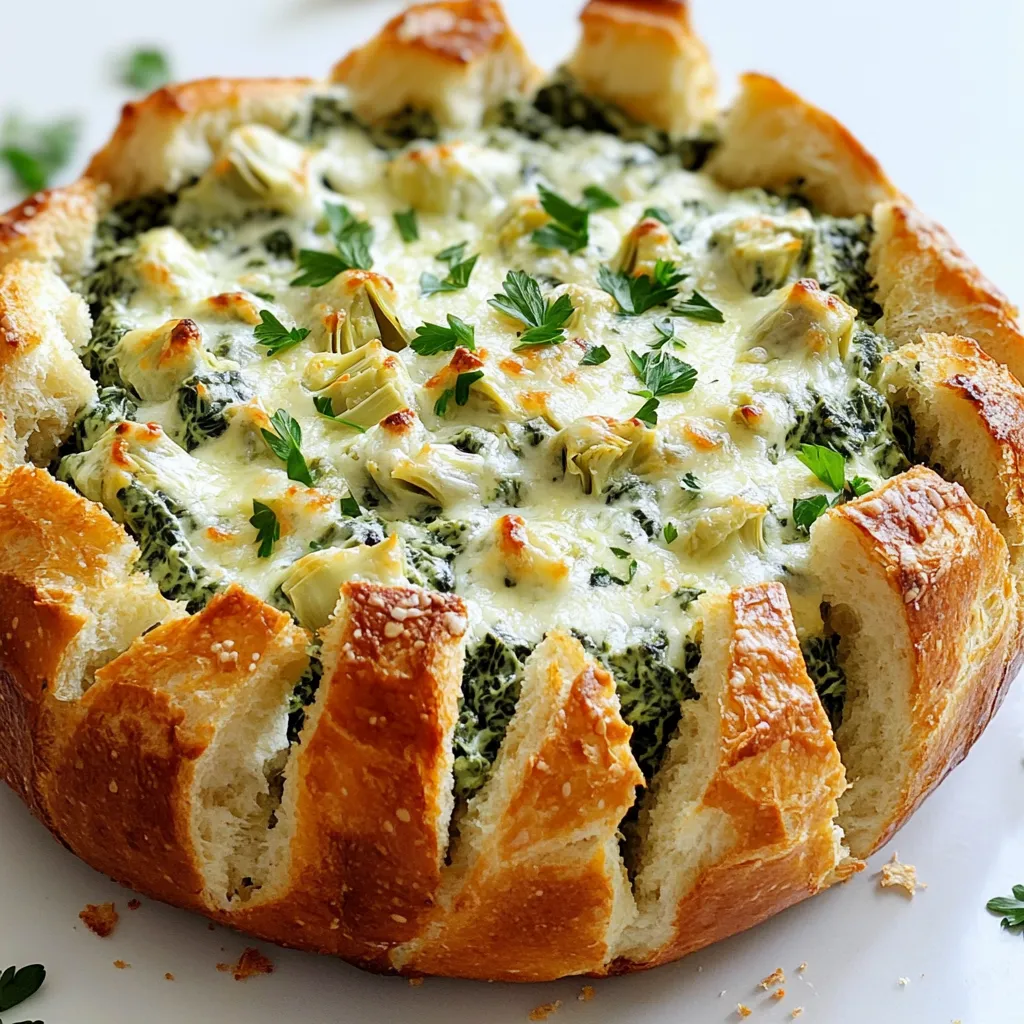 - 1 large round loaf of sourdough bread - 1 cup fresh spinach, finely chopped - 1 cup artichoke hearts, drained and coarsely chopped - 1 cup cream cheese, softened - 1/2 cup sour cream - 1/2 cup mayonnaise - 1 cup shredded mozzarella cheese, divided - 1/2 cup grated Parmesan cheese, divided - 2 cloves garlic, minced - 1 teaspoon onion powder - 1 teaspoon garlic powder - Salt and freshly ground black pepper to taste - Fresh parsley, for garnish (optional) Gather these ingredients to create a rich and creamy dip. The sourdough bread serves as a fun vessel to hold your filling. Sourdough has a hearty crust, which makes it perfect for pulling apart. Fresh spinach and artichokes provide a nice green color and flavor. The cream cheese, sour cream, and mayonnaise form a velvety base. Mozzarella and Parmesan add a cheesy touch that melts beautifully. Don’t forget the garlic and spices; they bring depth to your dip. - Preheat your oven to 350°F (175°C). This helps the bread bake evenly. - In a large bowl, mix together cream cheese, sour cream, and mayonnaise. Use a spatula or mixer to blend until smooth. - Add chopped spinach, artichokes, minced garlic, half the mozzarella, and half the Parmesan to the creamy mix. - Season with salt, black pepper, onion powder, and garlic powder. Stir until everything is well combined. - Take the sourdough loaf and cut off the top to create a lid. - Hollow out the loaf carefully, leaving a bit of bread on the sides. Set the removed bread aside for later. - Stuff the hollowed sourdough with the spinach-artichoke mixture. Press it down slightly to fill it evenly. - Sprinkle the remaining mozzarella and Parmesan on top. - Place the loaf on a baking tray lined with parchment paper. Cover it loosely with foil. - Bake for 15 minutes. Then, remove the foil and bake for another 10-15 minutes until the top is golden and bubbly. - Once it is done, let the bread cool for a few minutes. This makes it easier to handle. - Transfer to a serving platter and, if you like, add chopped parsley for a nice touch. Enjoy dipping with the reserved bread pieces! - Ensure cream cheese is at room temperature for easy mixing. This helps create a smooth base. - Use fresh spinach for better flavor. Fresh greens add a nice, vibrant taste. - Avoid over-mixing fillings to maintain a chunky texture. This keeps the dip interesting and hearty. - Allow the bread to cool slightly before serving. This makes it easier to handle and enjoy. - Check the bread frequently to prevent over-browning. Ovens can vary, so keep an eye on it. - Experiment with cooking times based on oven calibration. Adjust based on how your oven cooks. {{image_4}} You can mix up the cheese in your bread. Try using aged cheddar or gouda for a richer taste. Cream cheese with herbs adds a lovely touch too. It brings new flavors that make the dip even better. Don't be afraid to experiment! Adding different veggies can change the whole dish. Bell peppers or mushrooms work well in this dip. They add crunch and flavor. If you want some heat, add jalapeños or a sprinkle of red pepper flakes. This will give your bread a spicy kick. If you need a gluten-free version, use gluten-free bread. Many stores sell great options that taste good. Just make sure to hollow it out like the regular bread. This way, you still get that gooey, cheesy filling! Store any leftovers in an airtight container for up to 3 days. This keeps the bread fresh and tasty. When you want to enjoy it again, reheat it in the oven for the best results. This helps keep the bread crust nice and crispy. You can freeze the unbaked, stuffed bread for later use. This is great if you want to prep ahead. Just make sure to thaw it in the refrigerator before baking. This way, the bread will bake evenly and taste fresh. To maintain the texture, reheat the bread in the oven. This helps keep it warm and soft inside, while the outside stays crispy. If you choose to use a microwave, do so cautiously. It can make the bread soggy, which isn’t very tasty. Yes! You can use different breads for this dish. Ciabatta adds a nice crust and chewy texture. Baguette works well too; its smaller shape makes perfect pull-apart pieces. Just ensure the bread is sturdy enough to hold the filling. Sourdough is great, but feel free to get creative with your favorite bread. To add heat, mix in some hot sauce into the creamy base. Jalapeños also work well. Just chop them finely and stir them into the mixture. Adjust the amount based on your heat preference. You can even sprinkle some red pepper flakes on top before baking for an extra kick. Absolutely! You can make this dish ahead of time. Prepare the filling and stuff the bread, then wrap it tightly in plastic wrap. Store it in the fridge for up to a day. When you’re ready to bake, remove it from the fridge and bake it as directed. This method saves time and allows the flavors to blend nicely. This recipe for spinach-artichoke pull-apart bread is simple and fun. You learned about the key ingredients, like sourdough, spinach, and cheeses. I shared step-by-step instructions to help you prepare and bake it perfectly. With tips on flavor and texture, your bread will impress family and friends. Remember, you can change up the cheese or add veggies to fit your taste. Enjoy making this dish and sharing it with others! It’s an easy way to bring joy to any gathering.