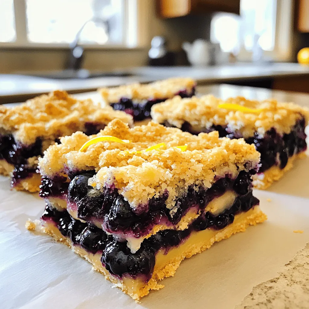 For the fresh part of this recipe, you need: - 2 cups fresh blueberries, rinsed and drained - 1 tablespoon freshly squeezed lemon juice - Zest of 1 medium lemon These ingredients bring a burst of flavor. The blueberries are sweet and juicy. The lemon juice adds a nice zing. The zest gives a fragrant touch that brightens everything. Now, let’s talk about the dry ingredients. You will need: - 1 cup all-purpose flour - 1 cup rolled oats - 3/4 cup brown sugar, packed - 1/2 cup unsalted butter, softened at room temperature - 1/2 teaspoon baking powder - 1/4 teaspoon salt - 1 teaspoon pure vanilla extract These dry ingredients create the crumble base. The flour and oats give it structure. Brown sugar adds sweetness and a rich taste. Baking powder helps it rise, while salt balances the flavors. If you need to swap ingredients, here are some ideas: - Instead of fresh blueberries, you can use frozen ones. Just thaw them first. - Use coconut oil in place of unsalted butter for a dairy-free option. - You can replace all-purpose flour with a gluten-free blend if needed. These substitutions keep the recipe flexible. You can adjust it based on what you have at home. Enjoy making your blueberry lemon crumble bars! First, preheat your oven to 350°F (175°C). Grab an 8x8 inch baking dish. Line it with parchment paper, letting some hang over the edges. This helps with lifting the bars out later. In a large mixing bowl, sift together the dry ingredients. You will need: - 1 cup all-purpose flour - 1 cup rolled oats - 3/4 cup packed brown sugar - 1/2 teaspoon baking powder - 1/4 teaspoon salt Mix these well so everything is even. Then, take 1/2 cup of softened butter and add it to the dry mix. You can use a pastry cutter, fork, or your fingers to blend it. Keep mixing until it looks like coarse crumbs with small butter bits. Now, stir in 1 teaspoon of pure vanilla extract. This adds a lovely flavor to your crust. In a medium bowl, combine your fresh blueberries with: - 1 tablespoon freshly squeezed lemon juice - Zest of 1 medium lemon Toss them gently. Let the mixture sit while you prepare the crust. This helps the blueberries soak up the lemon flavor. Take half of your crumbly mixture and press it firmly into the bottom of the prepared dish. This creates a solid base for your bars. Next, spoon the blueberry mix over the crust. Spread the blueberries evenly so each bite has flavor. Finally, sprinkle the remaining crumble mixture on top of the blueberries. Make sure to cover them well but leave some bits exposed. This adds texture and looks nice. Place your baking dish into the preheated oven. Bake for 30-35 minutes, or until the top is golden brown and bubbly. Once done, let it cool completely on a wire rack before lifting it out. Cut into squares and enjoy your tasty Blueberry Lemon Crumble Bars! To get that ideal crumble texture, use cold butter. Cut it into small pieces before mixing. This helps create the perfect crumbly top. Mix until it looks like coarse sand. You want some small butter pieces to stay whole. This way, they melt during baking and create a flaky texture. Press half the mixture firmly for the base. This adds strength and keeps the bars from falling apart. These bars shine when served warm. Set them on a rustic wooden board. Dust with powdered sugar for a sweet touch. Add fresh blueberries and lemon slices on top. This makes for a beautiful presentation. Pair them with a scoop of vanilla ice cream for a treat. You can also serve them with a cup of tea or coffee. They are perfect for brunch or an afternoon snack. For even more flavor, add a pinch of cinnamon to the crumble mix. It pairs well with blueberries and lemon. You can also swap in other fruits like raspberries or peaches. Try adding nuts like walnuts or almonds for crunch. A bit of coconut can add a fun twist, too. Drizzle some honey over the top once baked for extra sweetness. These small changes can make your bars stand out. {{image_4}} You can switch up the blueberries for other fruits. Raspberries, strawberries, or blackberries work well too. You can mix two or more fruits for fun flavors. Just make sure to adjust the lemon juice to keep the balance. Using different fruits adds a twist and keeps things fresh. To make these bars gluten-free, replace all-purpose flour with gluten-free flour. Almond flour or oat flour are great choices. Make sure your oats are certified gluten-free. This way, you can enjoy the same tasty crumble without the gluten. For a vegan version, swap the butter for coconut oil or a vegan butter. You can also use a flaxseed egg or applesauce as a binder. This keeps the texture right and gives a slight sweetness. These changes let everyone enjoy the bars, no matter their diet. To keep your blueberry lemon crumble bars fresh, store them in an airtight container. Place parchment paper between layers to avoid sticking. They can last up to five days in the fridge. Make sure they are fully cooled before storing. This helps keep the texture just right. If you want to save some bars for later, freezing works well. First, cut them into squares. Wrap each square tightly in plastic wrap. Then, place them in a freezer-safe bag. They can stay frozen for up to three months. When you’re ready to eat them, just thaw them in the fridge overnight. To enjoy your bars warm, preheat your oven to 350°F (175°C). Place the bars on a baking sheet. Heat them for about 10-15 minutes. You can also microwave a single square for about 20-30 seconds. This makes the crumble soft and the blueberries warm, just like fresh! Yes, you can use frozen blueberries. Just remember to thaw them first. Drain any extra liquid to avoid a soggy filling. Frozen blueberries work well and still taste great in this recipe. They may not hold their shape as well, but they will provide that yummy blueberry flavor. The crumble bars can last up to five days when stored properly. Keep them in an airtight container at room temperature. If you want to keep them longer, you can refrigerate them for up to a week. Just make sure to let them cool completely before storing. These bars are great on their own, but you can serve them with a scoop of vanilla ice cream or whipped cream. A drizzle of lemon glaze adds a nice touch too. Fresh mint leaves can also brighten the plate. Enjoy experimenting with different pairings! You learned how to make delicious Blueberry Lemon Crumble Bars. We covered fresh and dry ingredients, along with useful substitutions. I guided you through each step, from preparing the crust to assembling and baking. You also discovered tips for the perfect crumble and fun serving ideas. Try different fruits or go gluten-free to make it your own. Lastly, follow the best storage and reheating tips to enjoy your bars later. This treat is easy and rewarding. Have fun baking!