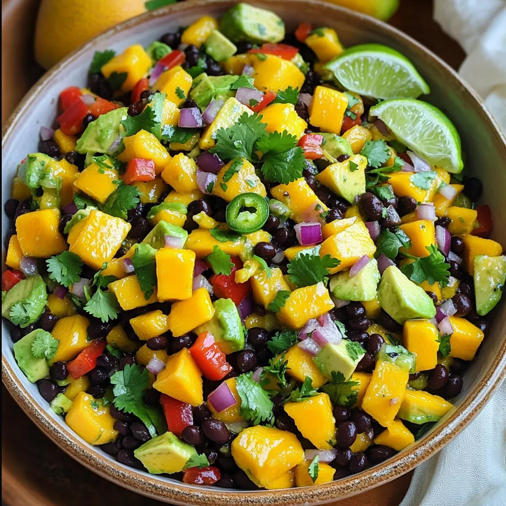 To make a Mango Avocado Black Bean Salad, you need simple, fresh ingredients. Here’s what you’ll need: - 1 ripe mango, diced - 2 ripe avocados, diced - 1 can black beans, rinsed and drained - 1 red bell pepper, finely chopped - 1/2 medium red onion, finely chopped - 1 jalapeño, deseeded and minced (optional) - 1/4 cup fresh cilantro leaves, chopped - Juice of 2 limes - 2 tablespoons extra virgin olive oil - Salt and pepper to taste - 1/4 teaspoon ground cumin (optional) Each ingredient brings its own flavor and texture. The mango adds sweetness and bright color. The avocado gives creaminess. Black beans add protein and heartiness. The red bell pepper adds a crunchy, sweet bite. Red onion brings sharpness, and jalapeño gives heat if you want it. Fresh cilantro adds a burst of freshness. Lime juice and olive oil tie everything together with a zesty dressing. This salad is not just tasty; it’s also healthy. It offers vitamins and healthy fats. You can enjoy it as a side or a main dish. - Combine mango, avocado, black beans, red bell pepper, red onion, and optional jalapeño in a bowl. This mix brings bright colors and fresh tastes together. - Whisk together lime juice, olive oil, cumin, salt, and pepper in a small bowl. This dressing adds a zesty kick to the salad. - Drizzle the dressing over the salad mixture and toss gently. Be careful not to mash the avocado. You want nice chunks! - Add chopped cilantro and mix carefully. This herb boosts the flavor and brings a fresh aroma. - Adjust seasoning as needed. Taste your salad and add more salt, pepper, or lime juice if you wish. - Allow the salad to rest before serving. Letting it sit for 10-15 minutes helps the flavors blend beautifully. This Mango Avocado Black Bean Salad is not just easy to make; it is also a vibrant dish that brings joy to any table! Enjoy the fresh flavors and colorful presentation! To make your Mango Avocado Black Bean Salad pop, adjust the lime juice. Lime adds brightness. Use ripe avocados for a creamy texture. Ripe avocados enhance the salad's richness. If you want more flavor, consider adding spices. A touch of cumin can deepen the taste. Just a little can make a big difference. Serve your salad in a shallow bowl. This makes it look more inviting. Add lime wedges for a zesty garnish. They add color and freshness. Chill the salad before serving. This gives a refreshing bite, perfect for hot days. A beautiful presentation makes your dish even more enjoyable. {{image_4}} You can add fun twists to your salad. Consider adding corn for a touch of sweetness. It brings a nice crunch and bright flavor. Diced tomatoes can add vibrant color and extra freshness. They pair well with the creamy avocado. You might also try using different beans, like chickpeas, for a new texture. Chickpeas add a nutty taste and extra protein. Feel free to experiment with these options! You can easily modify this salad to fit dietary needs. To make it vegan, ensure all your ingredients are plant-based. This salad is already mostly vegan, which makes it simple. You can also adjust the ingredients for gluten-free needs. Most ingredients are naturally gluten-free, but always check labels. This way, everyone can enjoy this tasty dish! To keep your Mango Avocado Black Bean Salad fresh, cover it with plastic wrap. You can also store it in an airtight container. This helps to keep out air and moisture. Refrigerate the salad and eat it within 1-2 days for the best taste. The flavors meld nicely, but the avocado may brown a bit. Freezing this salad is not a good idea. The texture of the avocado and mango will change when thawed. They can become mushy and lose their fresh taste. Enjoy this salad fresh instead! Yes, but consider adding avocado just before serving to prevent browning. This way, your salad stays fresh and vibrant. If you mix in the avocado early, it can turn brown and look unappealing. To save time, chop all other ingredients ahead. Just keep them in the fridge until you're ready to serve. You can substitute with pinto beans or chickpeas. Both options add good flavor and texture. Pinto beans have a creamy taste, while chickpeas give a nutty crunch. Choose what you like best or have on hand. This makes your salad personal and tailored to your taste. Add more jalapeño or incorporate diced green chilies. Both options will boost the heat level. If you like a milder spice, remove the seeds from the jalapeño. For a stronger kick, add more jalapeño than the recipe calls for. Adjust to fit your heat preference. Yes, it's packed with vitamins, healthy fats, and fiber! The mango adds sweetness and vitamin C. Avocados provide healthy fats that are good for your heart. Black beans offer protein and fiber, making this salad a balanced choice. Enjoy it as a light meal or a side dish for any occasion. This salad combines fresh mango, creamy avocado, and hearty black beans for a delicious dish. You prepare it by mixing all ingredients and tossing them with a zesty lime dressing. Adjust flavors to your liking, and try fun variations like corn or different beans. For the best experience, serve chilled and enjoy within a couple of days. This salad is not only tasty but also healthy and full of nutrients. You can easily customize it to fit your dietary needs. Enjoy creating your perfect salad!