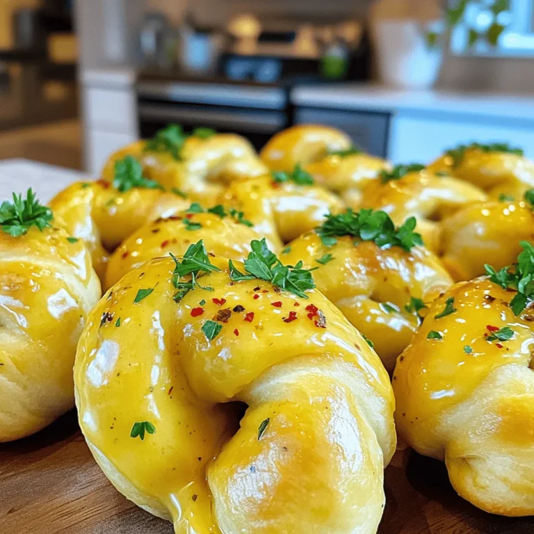 To make tasty air fryer garlic knots, you need the following items: - 1 package of pizza dough (store-bought or homemade) - 4 tablespoons unsalted butter, melted - 4 cloves garlic, finely minced - 1 teaspoon dried Italian herbs (a mix of oregano, basil, and thyme) - 1/2 teaspoon red pepper flakes (optional, for added heat) - Sea salt, to taste - Fresh parsley, finely chopped (for garnish) These ingredients come together to create a snack that is both savory and satisfying. The melted butter and garlic blend gives a rich flavor that everyone loves. You can add your own twist to the garlic knots with these extras: - Grated Parmesan cheese for a cheesy touch - Fresh basil or oregano for a pop of freshness - A dash of lemon juice for brightness Feel free to mix and match these to fit your taste. Each addition can take your knots to the next level. If you run out of something, don’t worry! Here are some easy swaps: - Use olive oil instead of butter for a lighter option. - Try using whole wheat pizza dough for a healthier alternative. - Swap red pepper flakes for garlic powder if you prefer less heat. These ideas let you make the recipe your own. Enjoy crafting your unique version of air fryer garlic knots! First, preheat your air fryer to 400°F (200°C). This takes about 5 minutes. Preheating helps the knots cook evenly and get that nice crispy texture we want. Next, take your pizza dough and roll it out on a floured surface. Aim for a rectangle about 1/4 inch thick. This keeps the knots fluffy inside while crisping up outside. With the dough ready, grab a sharp knife or pizza cutter. Cut it into strips about 1 inch wide and 6 inches long. Now, it’s time to shape the knots! Take each strip and twist it into a knot. Tuck the loose ends underneath to help hold its shape. Place each knot on a plate as you finish. In a small bowl, mix together the melted butter, minced garlic, and dried Italian herbs. If you like a little heat, add red pepper flakes. Don’t forget to sprinkle in a pinch of sea salt. Stir everything well. This mixture adds great flavor to the knots! Now, it’s time to cook! Brush the garlic butter mixture generously over each knot. Make sure to coat them well for the best taste. Arrange the knots in a single layer in the air fryer basket. Leave some space between them for air to flow. Depending on your fryer, you may need to do this in batches. Air fry for 8-10 minutes. Keep an eye on them until they turn golden brown and puff up. When they’re done, carefully take them out. For an extra kick, brush them again with the garlic butter before serving. Finish with fresh chopped parsley for a colorful touch! To get the best texture, roll the dough to about 1/4 inch thick. This thickness gives you that soft inside and crispy outside. Keep space between knots in the air fryer. This helps hot air flow around each knot. The result? A perfectly cooked garlic knot with a nice rise. One common mistake is overcrowding the air fryer. If you stack knots, they won’t cook evenly. Another issue is skipping the preheat step. Preheating ensures a crispy finish. Lastly, don’t skip the garlic butter brush. It adds flavor and helps form a beautiful crust. You can change the flavor easily. Try adding grated cheese to the dough for a cheesy twist. For a spicy kick, mix in more red pepper flakes. You can also use fresh herbs like rosemary or thyme to deepen the taste. Mixing in some finely chopped sun-dried tomatoes can add a sweet punch. {{image_4}} You can change up the cheese in your garlic knots. Try adding mozzarella for a classic taste. It melts well and adds a nice stretch. Parmesan brings a nutty flavor and a crispy finish. Cheddar offers a sharp taste, making each bite exciting. For something unique, use feta or goat cheese for a tangy twist. Just sprinkle your chosen cheese on top of the knots before air frying. Your garlic knots can be more than just dough and garlic. Adding vegetables can boost flavor and nutrition. Try chopped spinach for a fresh touch or bell peppers for sweetness. You can also mix in sun-dried tomatoes for a burst of flavor. For a fun twist, sprinkle some cooked bacon bits on top. Be sure to chop them small so they fit nicely in the knots. If you need a gluten-free choice, look for gluten-free pizza dough. Many stores sell it now. You can also make your own with gluten-free flour. Just follow a good recipe to ensure it holds up well. Keep in mind that gluten-free dough may cook a bit differently. Watch them closely in the air fryer to get the right texture. Enjoy your tasty garlic knots, no matter your dietary needs! To store leftover garlic knots, let them cool first. Place them in an airtight container. They stay fresh for up to 2 days at room temperature. For longer freshness, keep them in the fridge for up to a week. If you want to keep them longer, freezing is best. To reheat garlic knots, use your air fryer. Preheat it to 350°F (175°C). Place the knots in the basket for about 3-5 minutes. This keeps them warm and crispy. You can also use a microwave for quick heating. Just heat them for 10-15 seconds, but they may get soft. To freeze garlic knots, let them cool completely. Arrange them in a single layer on a baking sheet. Freeze for about 1-2 hours until solid. Then, transfer them to a freezer bag. They can stay frozen for up to 3 months. When ready to eat, air fry them directly from the freezer for about 8-10 minutes at 400°F (200°C). Yes, you can use homemade pizza dough. In fact, it can make your garlic knots even better. Just follow the same steps for rolling and cutting the dough. Fresh dough adds a nice touch. You should air fry your garlic knots for 8-10 minutes. Check them at 8 minutes to see if they are golden brown. If not, give them a couple more minutes. They should puff up nicely and smell amazing. Garlic knots taste great with a few sauces. Marinara sauce is a classic choice. You can also try garlic butter for more flavor. Ranch dressing or a spicy aioli can be fun too! Yes, you can make garlic knots ahead of time. Shape and season them, then store them in the fridge. Just remember to air fry them fresh when you are ready to eat. They taste best warm! We explored how to make delicious air fryer garlic knots. You learned about key ingredients, step-by-step instructions, and helpful tips. Customization options, storage methods, and common questions added extra value. Now, you have the tools and knowledge to impress your family or friends. Enjoy making these tasty treats and don’t be afraid to experiment with flavors. Get ready to enjoy warm garlic knots right from your air fryer!