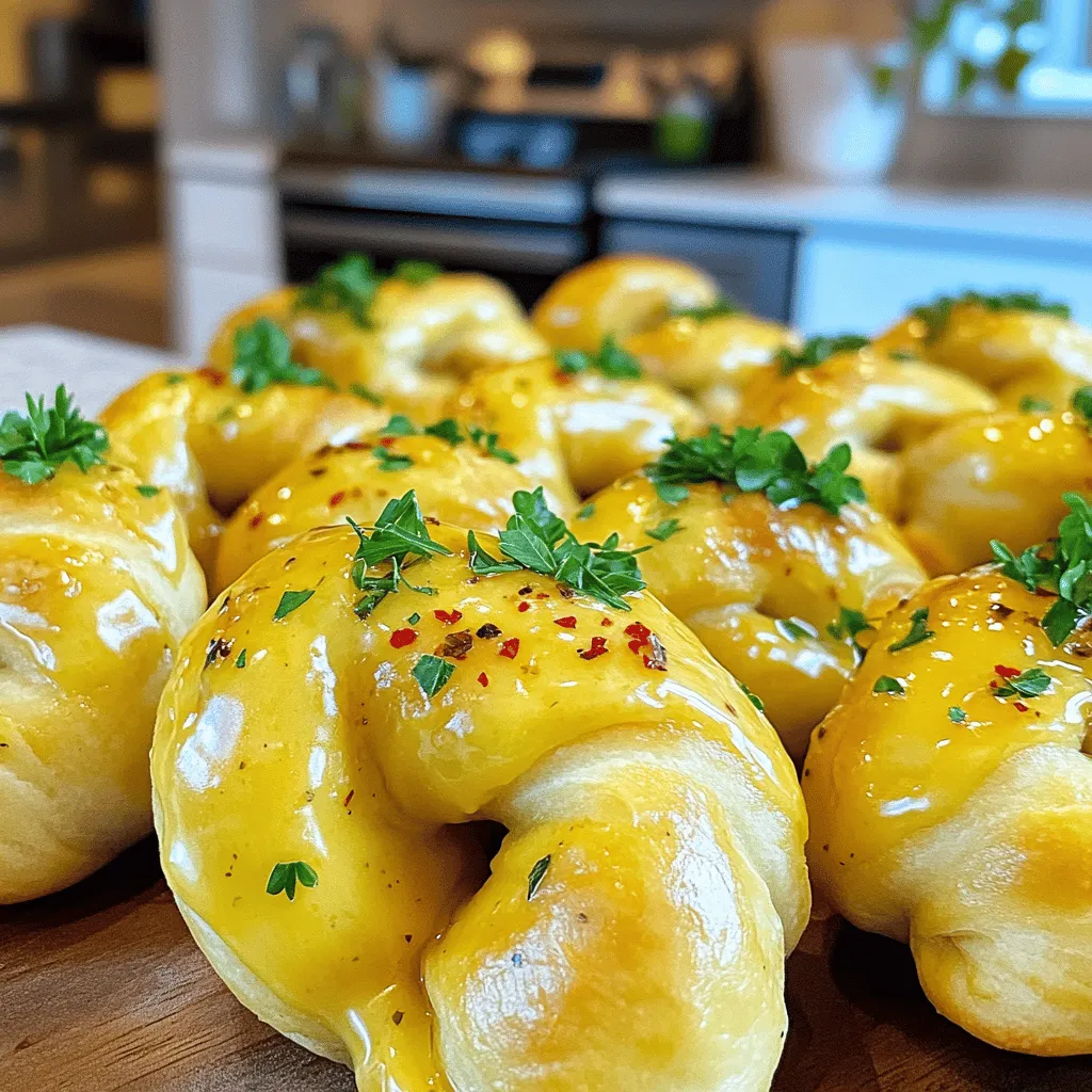 To make tasty air fryer garlic knots, you need the following items: - 1 package of pizza dough (store-bought or homemade) - 4 tablespoons unsalted butter, melted - 4 cloves garlic, finely minced - 1 teaspoon dried Italian herbs (a mix of oregano, basil, and thyme) - 1/2 teaspoon red pepper flakes (optional, for added heat) - Sea salt, to taste - Fresh parsley, finely chopped (for garnish) These ingredients come together to create a snack that is both savory and satisfying. The melted butter and garlic blend gives a rich flavor that everyone loves. You can add your own twist to the garlic knots with these extras: - Grated Parmesan cheese for a cheesy touch - Fresh basil or oregano for a pop of freshness - A dash of lemon juice for brightness Feel free to mix and match these to fit your taste. Each addition can take your knots to the next level. If you run out of something, don’t worry! Here are some easy swaps: - Use olive oil instead of butter for a lighter option. - Try using whole wheat pizza dough for a healthier alternative. - Swap red pepper flakes for garlic powder if you prefer less heat. These ideas let you make the recipe your own. Enjoy crafting your unique version of air fryer garlic knots! First, preheat your air fryer to 400°F (200°C). This takes about 5 minutes. Preheating helps the knots cook evenly and get that nice crispy texture we want. Next, take your pizza dough and roll it out on a floured surface. Aim for a rectangle about 1/4 inch thick. This keeps the knots fluffy inside while crisping up outside. With the dough ready, grab a sharp knife or pizza cutter. Cut it into strips about 1 inch wide and 6 inches long. Now, it’s time to shape the knots! Take each strip and twist it into a knot. Tuck the loose ends underneath to help hold its shape. Place each knot on a plate as you finish. In a small bowl, mix together the melted butter, minced garlic, and dried Italian herbs. If you like a little heat, add red pepper flakes. Don’t forget to sprinkle in a pinch of sea salt. Stir everything well. This mixture adds great flavor to the knots! Now, it’s time to cook! Brush the garlic butter mixture generously over each knot. Make sure to coat them well for the best taste. Arrange the knots in a single layer in the air fryer basket. Leave some space between them for air to flow. Depending on your fryer, you may need to do this in batches. Air fry for 8-10 minutes. Keep an eye on them until they turn golden brown and puff up. When they’re done, carefully take them out. For an extra kick, brush them again with the garlic butter before serving. Finish with fresh chopped parsley for a colorful touch! To get the best texture, roll the dough to about 1/4 inch thick. This thickness gives you that soft inside and crispy outside. Keep space between knots in the air fryer. This helps hot air flow around each knot. The result? A perfectly cooked garlic knot with a nice rise. One common mistake is overcrowding the air fryer. If you stack knots, they won’t cook evenly. Another issue is skipping the preheat step. Preheating ensures a crispy finish. Lastly, don’t skip the garlic butter brush. It adds flavor and helps form a beautiful crust. You can change the flavor easily. Try adding grated cheese to the dough for a cheesy twist. For a spicy kick, mix in more red pepper flakes. You can also use fresh herbs like rosemary or thyme to deepen the taste. Mixing in some finely chopped sun-dried tomatoes can add a sweet punch. {{image_4}} You can change up the cheese in your garlic knots. Try adding mozzarella for a classic taste. It melts well and adds a nice stretch. Parmesan brings a nutty flavor and a crispy finish. Cheddar offers a sharp taste, making each bite exciting. For something unique, use feta or goat cheese for a tangy twist. Just sprinkle your chosen cheese on top of the knots before air frying. Your garlic knots can be more than just dough and garlic. Adding vegetables can boost flavor and nutrition. Try chopped spinach for a fresh touch or bell peppers for sweetness. You can also mix in sun-dried tomatoes for a burst of flavor. For a fun twist, sprinkle some cooked bacon bits on top. Be sure to chop them small so they fit nicely in the knots. If you need a gluten-free choice, look for gluten-free pizza dough. Many stores sell it now. You can also make your own with gluten-free flour. Just follow a good recipe to ensure it holds up well. Keep in mind that gluten-free dough may cook a bit differently. Watch them closely in the air fryer to get the right texture. Enjoy your tasty garlic knots, no matter your dietary needs! To store leftover garlic knots, let them cool first. Place them in an airtight container. They stay fresh for up to 2 days at room temperature. For longer freshness, keep them in the fridge for up to a week. If you want to keep them longer, freezing is best. To reheat garlic knots, use your air fryer. Preheat it to 350°F (175°C). Place the knots in the basket for about 3-5 minutes. This keeps them warm and crispy. You can also use a microwave for quick heating. Just heat them for 10-15 seconds, but they may get soft. To freeze garlic knots, let them cool completely. Arrange them in a single layer on a baking sheet. Freeze for about 1-2 hours until solid. Then, transfer them to a freezer bag. They can stay frozen for up to 3 months. When ready to eat, air fry them directly from the freezer for about 8-10 minutes at 400°F (200°C). Yes, you can use homemade pizza dough. In fact, it can make your garlic knots even better. Just follow the same steps for rolling and cutting the dough. Fresh dough adds a nice touch. You should air fry your garlic knots for 8-10 minutes. Check them at 8 minutes to see if they are golden brown. If not, give them a couple more minutes. They should puff up nicely and smell amazing. Garlic knots taste great with a few sauces. Marinara sauce is a classic choice. You can also try garlic butter for more flavor. Ranch dressing or a spicy aioli can be fun too! Yes, you can make garlic knots ahead of time. Shape and season them, then store them in the fridge. Just remember to air fry them fresh when you are ready to eat. They taste best warm! We explored how to make delicious air fryer garlic knots. You learned about key ingredients, step-by-step instructions, and helpful tips. Customization options, storage methods, and common questions added extra value. Now, you have the tools and knowledge to impress your family or friends. Enjoy making these tasty treats and don’t be afraid to experiment with flavors. Get ready to enjoy warm garlic knots right from your air fryer!